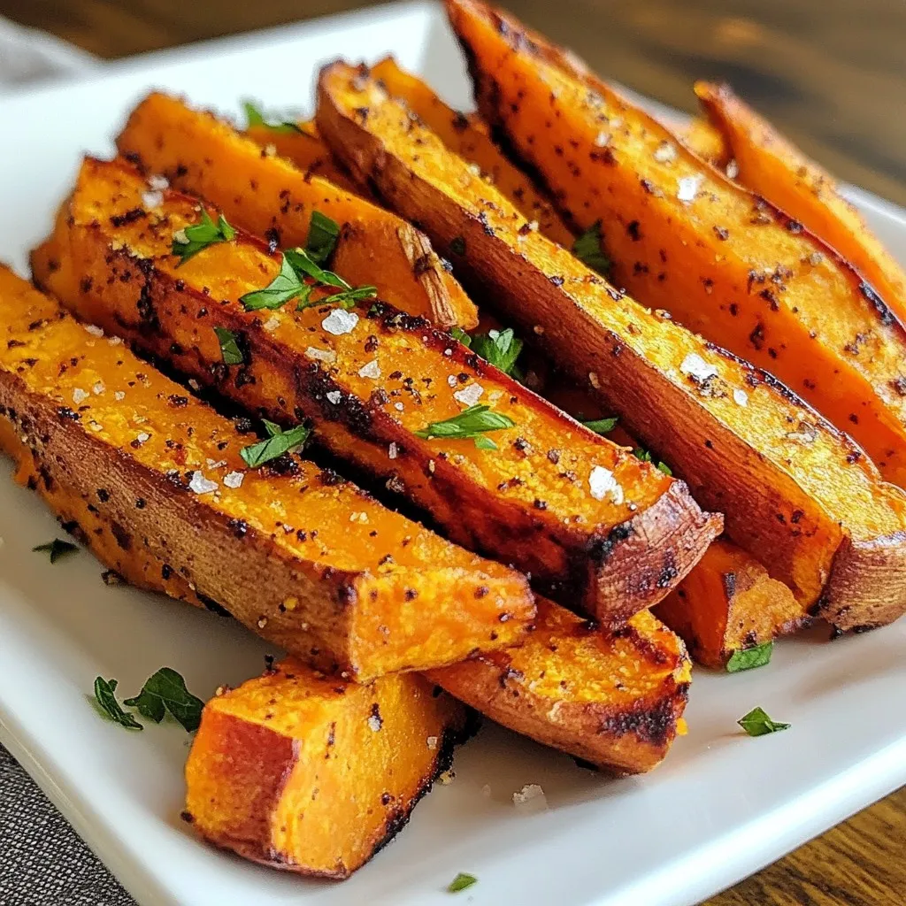 - 2 large sweet potatoes - 2 tablespoons extra virgin olive oil - 1 teaspoon smoked paprika - 1 teaspoon garlic powder - 1 teaspoon onion powder - ½ teaspoon coarse sea salt - ¼ teaspoon freshly ground black pepper - Fresh parsley, finely chopped To make crispy baked sweet potato fries, you need a few simple items. Start with two large sweet potatoes. They should be fresh and firm to the touch. Next, grab some extra virgin olive oil. This oil helps the fries crisp up nicely in the oven. Next, gather your spices. You’ll need smoked paprika for a nice flavor. Garlic powder adds depth, while onion powder gives it a savory touch. Sea salt and black pepper enhance the taste. These spices create a balanced flavor that makes every bite enjoyable. Finally, consider a garnish. Fresh parsley looks great and adds a pop of color. It also brings a fresh taste that complements the fries well. With these ingredients, you are ready to create a tasty snack that everyone will love. {{ingredient_image_2}} Start by peeling your sweet potatoes. A simple vegetable peeler works great. Aim for long, even slices. This helps them cook evenly. If they are too thick, they won’t crisp up well. I like to aim for around 1/4 inch thick. This size makes them tender inside and crispy outside. Next, put the sliced sweet potatoes into a big bowl. Drizzle with olive oil. Make sure every fry gets some oil. Use your hands or a spatula to toss them well. Now, grab a smaller bowl. Mix smoked paprika, garlic powder, onion powder, sea salt, and black pepper. This spice mix adds a nice flavor. Sprinkle it evenly over the fries. Toss again until all fries are coated. Now it’s time to bake! Preheat your oven to 425°F (220°C). This step is key for crispiness. Line your baking sheet with parchment paper. Spread the fries in one layer. Avoid crowding them. This helps each fry get that perfect crunch. Bake them for 25-30 minutes. Flip them halfway through for even cooking. When they are golden brown, they’re ready. Let them cool for five minutes. Before serving, add fresh parsley on top for color. To get the best crispiness from your sweet potato fries, follow these tips: - Layering and spacing on the baking sheet: Spread the fries out in a single layer. Give them space to breathe. If they touch, they will steam, not crisp. - Recommended baking temperatures: Bake at 425°F (220°C). This high heat helps to make the fries crispy and golden. To ensure your fries turn out perfect, watch for these common issues: - Overcrowding the baking sheet: If fries are too close, they won’t crisp up. Use two baking sheets if needed. - Ignoring the halfway flip: Flip the fries halfway through baking. This gives them a nice, even brown color and crispy texture. Pro Tips Cut Evenly: Ensure that your sweet potato fries are sliced uniformly to promote even cooking and crispiness. Soak for Extra Crispiness: Soaking the sweet potato slices in cold water for 30 minutes before baking can help remove excess starch and make them crispier. Don't Overcrowd the Pan: Give your fries space on the baking sheet; overcrowding will trap steam and result in soggy fries. Experiment with Seasonings: Feel free to customize your spice blend with your favorite herbs and spices, such as cayenne for heat or rosemary for an aromatic twist. {{image_4}} You can easily change the flavor of your sweet potato fries. Here are some ideas: - Different spice blends to try: Try using curry powder for a warm taste. You could also add Italian herbs for a fresh flavor. Mix it up! - Adding heat with cayenne pepper: If you like spice, add a pinch of cayenne pepper. This gives a nice kick. Adjust to your taste. You can also use other veggies for fries. Here are some options to explore: - Using other types of potatoes: Regular potatoes work well too. Try russet or Yukon gold potatoes for a classic taste. They also get crispy when baked. - Seasonal vegetable options: Consider using carrots or zucchini. They add a sweet and savory twist. Cut them into fry shapes for fun. To keep your crispy baked sweet potato fries fresh, use airtight containers. Glass or plastic containers work well. Place a paper towel at the bottom to absorb moisture. This helps keep the fries crispy. Make sure the fries are cool before sealing them. Store them in the fridge for up to three days. When it comes to reheating fries, the oven is your best friend. Preheat your oven to 400°F (200°C). Spread the fries on a baking sheet in a single layer. Bake for about 10-15 minutes until they are hot and crisp. Avoid using the microwave, as it can make fries soggy. If you want extra crispiness, try using an air fryer. Just remember to check them often to avoid burning. To make your sweet potato fries crispy, follow these key techniques: - Cut the sweet potatoes into thin, even slices. Thin fries cook better. - Toss the fries in olive oil to coat them well. This helps them crisp up. - Season the fries evenly to add flavor without making them soggy. - Spread the fries out on the baking sheet in a single layer. Avoid crowding. - Flip the fries halfway through baking for even cooking and browning. By using these tips, you will enjoy crispy, delicious sweet potato fries every time. Yes, you can use other oils for baking your fries. Here are some great alternatives: - Avocado oil works well and has a high smoke point. - Coconut oil adds a unique flavor and is great for frying. - Canola oil is a neutral option that works well for baking. Feel free to experiment with different oils to find your favorite flavor! Yes, sweet potato fries are generally healthier than regular fries. Here’s why: - Sweet potatoes are rich in vitamins A and C, which are good for your health. - They have more fiber, which helps with digestion. - Sweet potatoes have a lower glycemic index, which means they raise blood sugar slower. Overall, sweet potato fries can be a tasty and nutritious choice! In this post, I shared how to make perfect sweet potato fries. We covered essential ingredients, step-by-step instructions, and tips for maximum crispiness. You learned how to avoid common mistakes and even explore fun variations. Final thoughts: sweet potato fries are a healthy, tasty snack that can easily suit your taste. With these tips, you can enjoy them fresh and crispy every time. Now, it’s your turn to try this simple recipe at home!