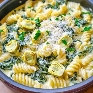 - 12 ounces of pasta (fusilli or penne recommended) - 1 can (14 ounces) of artichoke hearts, drained and quartered - 4 cups of fresh spinach, tightly packed - 1 cup of heavy cream - 1 cup of vegetable broth - 1 cup of cream cheese, softened to room temperature - 1 cup of freshly grated Parmesan cheese - 3 cloves of garlic, minced - 1 teaspoon of Italian seasoning - Salt and freshly ground black pepper to taste - Olive oil for drizzling - Fresh parsley, chopped, for garnish To make my One-Pot Creamy Spinach Artichoke Pasta, you need the right ingredients. Each one plays a key role in flavor and texture. First, choose 12 ounces of pasta. I love fusilli or penne. They hold the sauce well. Next, grab 1 can of artichoke hearts. Drain and quarter them. They add a lovely taste. You will need 4 cups of fresh spinach. It wilts beautifully and brings color. A cup of heavy cream makes the sauce rich. For extra flavor, use 1 cup of vegetable broth. Don't forget the cream cheese! One cup, softened, gives the dish a creamy texture. Freshly grated Parmesan cheese adds depth. Use 1 cup for the best results. For taste, add 3 cloves of minced garlic and 1 teaspoon of Italian seasoning. Season with salt and black pepper to your liking. A drizzle of olive oil enhances the flavor. Finally, chop fresh parsley for garnish. It adds a pop of color and freshness. With these ingredients, you create a delicious and creamy pasta dish everyone will love! Heat a drizzle of olive oil in a large pot over medium heat. Once the oil is hot, add minced garlic. Sauté the garlic for about 2 minutes until it smells great. Be careful not to let it brown. Next, pour in 1 cup of vegetable broth and 1 cup of heavy cream. Stir the mixture until it blends well. Now, add 12 ounces of pasta to the pot. Stir to ensure the pasta is fully submerged. Bring the mixture to a gentle boil. Stir it occasionally to stop the pasta from sticking together. Once it's boiling, reduce the heat to low and cover the pot. Let it simmer for about 10-12 minutes, until the pasta is al dente. Check it now and then, adding a splash of broth if needed. When the pasta is ready, mix in 1 cup of softened cream cheese. Stir it in until it melts and blends into the sauce, creating a smooth texture. Next, gently toss in 1 can of quartered artichoke hearts and 4 cups of fresh spinach. Stir until the spinach wilts, which takes about 2-3 minutes. Finally, add 1 cup of freshly grated Parmesan cheese and 1 teaspoon of Italian seasoning. Mix everything well until the cheese melts and the dish is creamy. Taste it and adjust the salt and black pepper if needed. Let the pasta rest for a minute or two to thicken slightly, then give it one last gentle stir before serving. - Choice of pasta and consistency: I recommend using fusilli or penne pasta. These shapes hold the creamy sauce well. You want a pasta that can catch all the flavors. The cooking time is key. You want the pasta to be al dente, so it stays firm and doesn't turn mushy. - How to prevent sticking and overcooking: Stir the pasta often while it cooks. This helps it cook evenly and prevents sticking. Keep the heat moderate and check the pasta a few minutes before the time is up. If it looks close to done, take it off the heat. It will cook a bit more in the sauce. If you want non-dairy options, here are some great substitutes: - Cream: Use coconut cream or cashew cream for a rich texture. - Cream cheese: Try vegan cream cheese or blended silken tofu. - Parmesan cheese: Nutritional yeast can add a cheesy flavor without dairy. These options keep the dish creamy and tasty while being dairy-free. You can swap some ingredients if needed: - Artichokes: If you can't find artichoke hearts, use cooked peas or mushrooms for a different flavor. - Seasonings: Italian seasoning works well, but you can use dried basil or oregano instead. Fresh herbs add a nice touch too. These swaps let you adjust the dish to your taste and what you have on hand. {{image_4}} You can add chicken, shrimp, or tofu to make this dish heartier. - Chicken: Cook bite-sized pieces in olive oil before adding the garlic. Let it brown a bit for flavor. Then, follow the recipe as usual. - Shrimp: Toss in peeled shrimp after adding the broth and cream. Cook until they turn pink. This adds a nice seafood touch. - Tofu: Use firm tofu for protein. Sauté it until golden before adding it to the mix. This gives a nice texture. Adding more vegetables can enhance this dish. - Bell Peppers: Chop and sauté them with garlic. They add a sweet crunch. - Zucchini: Dice zucchini and add it with the spinach. It cooks quickly and blends well with the creamy sauce. - Mushrooms: Sauté sliced mushrooms for a rich, earthy flavor. They pair well with spinach and artichokes. If you like some heat, try this spicy twist. - Red Pepper Flakes: Add a pinch when you sauté the garlic. Start small, taste, and add more if needed. - Hot Sauce: Drizzle in your favorite hot sauce when mixing in the cheese. This adds a zesty kick. - Spicy Sausage: For meat lovers, cook spicy sausage before adding garlic. This gives the dish a bold flavor. These variations allow you to customize your One-Pot Creamy Spinach Artichoke Pasta. Enjoy experimenting! To store leftovers, place the pasta in an airtight container. Make sure it cools down first. This helps keep it fresh. You can refrigerate it for up to 3 days. After this time, the pasta may lose its creamy texture. When reheating, use a stovetop for the best results. Add a splash of broth or cream to keep it creamy. Heat over low heat, stirring often. This way, it warms evenly and stays smooth. You can freeze this pasta dish! Use a freezer-safe container and leave some space at the top. This allows for expansion. To reheat, thaw it in the fridge overnight. Then, heat it on the stovetop, adding liquid as needed for creaminess. Yes, this recipe is vegetarian-friendly! All the main ingredients are plant-based. The heavy cream and cream cheese can be replaced with dairy-free alternatives. Look for vegan cream cheese and almond or coconut milk. These swaps keep the dish rich and tasty while catering to a vegetarian diet. This dish is quick and easy. It takes about 10 minutes to prep and 15 minutes to cook. So, in total, you can enjoy it in around 25 minutes. Perfect for busy weeknights or a quick lunch! I recommend using fusilli or penne for this dish. These shapes hold the creamy sauce well. You can also use other types like rotini or farfalle. Just make sure to adjust cooking time based on the pasta shape you choose. Yes, you can! Cook the pasta and prepare the sauce as directed. Once done, let it cool, then store it in the fridge. It lasts about 3 days. When ready to eat, heat it gently on the stove or in the microwave, adding a splash of broth if needed. To make this dish gluten-free, use gluten-free pasta. Brands like chickpea or brown rice pasta work great. Just follow the cooking times on the package, as they may differ from regular pasta. Enjoy a delicious, creamy meal without the gluten! This blog post covered a creamy pasta dish that is simple and tasty. You learned about each ingredient, from pasta to artichokes. I shared clear steps to make the dish creamy and delicious. Tips for storage and fun variations made the recipe easy to adapt. Enjoy experimenting with different flavors and ingredients. Share this dish with family and friends. Cooking can be fun and rewarding, so get started in the kitchen today!