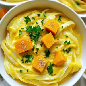 - 8 oz fettuccine pasta - 2 cups butternut squash, peeled and cubed - 1 cup vegetable broth - 1 cup unsweetened almond milk These main ingredients create a rich and creamy base for your sauce. The butternut squash adds a natural sweetness and smooth texture. Fettuccine pasta is perfect for holding the sauce. - 2 tablespoons olive oil - 2 cloves garlic, minced - 1/4 teaspoon nutmeg - 1/4 cup nutritional yeast - Salt and pepper to taste Flavor enhancers elevate the dish. Olive oil gives a nice richness. Garlic adds depth of flavor, while nutmeg brings warmth. Nutritional yeast gives a cheesy taste without dairy. Don’t forget to season with salt and pepper to balance flavors. - Fresh parsley, chopped Garnish makes your dish look vibrant. Fresh parsley adds a pop of color and freshness. It also brings a slight herbal taste that complements the creamy sauce. A simple garnish can really enhance the meal's appeal. - Bring salted water to a boil in a large pot. - Add 8 oz fettuccine pasta and cook until al dente, about 8-10 minutes. - Drain the pasta, saving 1/2 cup of pasta water. Set the pasta aside. - In a medium saucepan, combine 2 cups cubed butternut squash and 1 cup vegetable broth. - Bring to a boil over medium-high heat, then reduce the heat. - Simmer until the squash is fork-tender, which takes about 15-20 minutes. - Carefully transfer the cooked squash and broth into a blender. - Add 1 cup unsweetened almond milk, 2 tablespoons olive oil, 2 minced garlic cloves, 1/4 teaspoon nutmeg, and salt and pepper. - Blend until the mixture is silky smooth and creamy. Taste and adjust seasoning. - Pour the creamy butternut squash mixture back into the saucepan. - Heat over low to medium heat, stirring often. - If the sauce is too thick, add small amounts of reserved pasta water until you reach the desired consistency. - Gently add the cooked fettuccine to the saucepan with the sauce. - Toss the pasta until it’s evenly coated with the sauce. - Allow it to warm through for about one minute to enhance flavors. - Dish out the creamy butternut squash Alfredo pasta onto plates or into shallow bowls. - Garnish with freshly chopped parsley for color and flavor. - Checking for doneness: To know if your pasta is ready, taste a piece. It should be soft but still have a little bite. This is called al dente. - Importance of reserving pasta water: Always save some pasta water before draining. This starchy water helps your sauce stick to the pasta and adds creaminess. - Adjusting thickness and flavor: If your sauce is too thick, add a bit of the reserved pasta water. This helps create a silky texture. For flavor, taste your sauce. Add more salt, pepper, or nutritional yeast as needed. - Tips for blending smoothly: When blending, start at a low speed. Gradually increase the speed to ensure a smooth and creamy sauce. If your blender struggles, add a splash of almond milk to help. - Best practices for storing leftovers: Store leftovers in an airtight container. This keeps the pasta fresh for about 3-4 days in the fridge. - Reheating methods for quality retention: To reheat, add a splash of almond milk to the pasta. Heat it on the stove over low heat, stirring gently. This keeps the sauce creamy and prevents it from drying out. {{image_4}} You can easily change up this recipe with different pasta. Try penne or gluten-free pasta if you prefer. They work just as well and taste great. For the milk, almond milk is a favorite, but you can also use oat or soy milk. Each milk adds its unique flavor. Experiment to find your favorite! Want to boost the protein? Add chickpeas or tofu to your dish. They blend well and keep the meal filling. Spices can also take your pasta to the next level. Add a pinch of cayenne for heat or smoked paprika for a savory twist. These small changes can create a whole new taste. This dish is not just for butternut squash. You can use other seasonal veggies too. Try pumpkin in the fall or zucchini in the summer. Each option offers a fresh taste. Also, think about holidays. For Thanksgiving, add sage or cranberries for a festive flair. For spring, toss in some fresh peas. Each season brings new flavors to explore! To keep your creamy butternut squash Alfredo pasta fresh, use airtight containers. Glass containers are great, but plastic works too. Store the pasta in the fridge for up to three days. This keeps the dish tasty and safe. If you want to freeze the pasta, let it cool first. Then, place it in freezer-safe bags or containers. Squeeze out the air to avoid freezer burn. You can freeze it for up to three months. To enjoy later, thaw it in the fridge overnight. Reheat it in a pan over low heat. Add a splash of almond milk to keep it creamy. Look for signs that the dish has gone bad. If it smells off or has a weird color, toss it. To use leftovers creatively, try mixing the pasta into soups or casseroles. You can also add it to salads for a fun twist. This way, nothing goes to waste! To make this dish vegan, use plant-based milk, like almond milk. The nutritional yeast gives a cheesy taste without any dairy. Olive oil and garlic add richness, making the sauce creamy and flavorful. There are no animal products in this recipe, so it’s perfect for vegan diets. Yes, you can use fresh butternut squash. Just peel and cube it first. Fresh squash gives a bright flavor. If you are short on time, canned squash works too. Both options will make a tasty sauce, but fresh has a bit more texture. This pasta goes well with many sides. Try a simple green salad with a light dressing. Garlic bread is another great choice. You can also serve roasted veggies for color and crunch. If you want more protein, add grilled chicken or chickpeas. To make this dish gluten-free, use gluten-free fettuccine. There are many brands available in stores. Check the ingredients to ensure they fit your needs. You can also use zucchini noodles for a low-carb option. Adjust the cooking time for the noodles if needed. In this blog post, we explored a simple yet tasty creamy butternut squash Alfredo pasta. We covered ingredients, step-by-step cooking instructions, and tips for perfecting your dish. Now you can easily impress your friends and family with this meal. Remember, you can customize it with different flavors or seasonal vegetables. Don't hesitate to store leftovers or get creative with new variations. Enjoy making this dish and sharing it with loved ones!