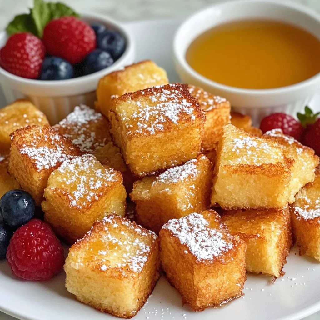 - 4 slices of brioche or challah bread - 2 large eggs - 1/2 cup milk (or almond milk for a dairy-free alternative) - 1 teaspoon pure vanilla extract - 1 teaspoon ground cinnamon - 1 tablespoon granulated sugar - A pinch of salt To make Air Fryer French Toast Bites, you need some simple ingredients. I love using brioche or challah bread. They give the bites a rich taste. Using day-old bread works best. It soaks up the egg mixture without getting too soggy. Next, you need eggs. They help bind everything together. Milk adds creaminess. You can use regular milk or almond milk if you prefer dairy-free. Don't forget the vanilla extract! It brings a lovely aroma. Ground cinnamon adds warmth and spice. A little sugar sweetens the mix, and salt balances the flavors. - Cooking spray or melted butter - Maple syrup, powdered sugar, or fresh berries for serving For cooking, you’ll need cooking spray or melted butter. This keeps the bites from sticking to the air fryer. When serving, you can get creative! Maple syrup is classic. Powdered sugar adds a sweet touch. Fresh berries make a colorful, tasty addition. Enjoy these bites warm for the best experience! {{ingredient_image_2}} Cutting the Bread into Cubes Start by taking your brioche or challah bread. Cut each slice into cubes that are about 1 inch wide. This size helps them cook evenly. Ensuring the Right Size for Cooking Make sure the cubes are not too big or too small. If they are too big, they will not cook well. If they are too small, they may burn. The right size makes a big difference. Combining Eggs and Other Ingredients In a large bowl, crack two eggs and pour in ½ cup of milk. Add 1 teaspoon of vanilla extract, 1 teaspoon of ground cinnamon, 1 tablespoon of sugar, and a pinch of salt. Whisking Techniques Use a whisk to mix all the ingredients together. Make sure to blend until it is smooth. This helps the sugar to dissolve fully. Preheating the Air Fryer While the bread soaks, preheat your air fryer to 350°F (175°C). This takes about 5 minutes. Preheating is key for that crispy texture. Coating and Arranging the Bread Gently fold the bread cubes into your egg mixture. Make sure each cube gets a good coat. Let them sit for about 5 minutes. This helps them soak up all the tasty flavors. Timing and Temperature for Cooking Once ready, lightly grease the air fryer basket. Place the coated bread cubes in a single layer. Cook them for 8-10 minutes. Shake the basket halfway through to get even browning. Keep a close watch towards the end. You want them golden brown and crispy! - Adjusting Cooking Time for Crispiness: To get the perfect crunch, keep an eye on the timer. Cooking for 8 to 10 minutes works well. If you want them extra crispy, add a minute at a time. Just check often to avoid burning. - Importance of Preheating: Preheating your air fryer is key. Set it to 350°F (175°C) for about 5 minutes. This step helps the bites cook evenly and become crispier. - Overcrowding the Air Fryer: Give the bread cubes space. If you pile them on top of each other, they won’t cook evenly. Cook in batches if needed. This keeps the air flowing around each piece. - Inadequate Soaking Time: Let the bread soak in the egg mix for at least 5 minutes. This invites the flavors in and makes each bite moist. Skipping this step can lead to dry bites. Pro Tips Use Day-Old Bread: Using day-old brioche or challah bread enhances the texture, allowing for better absorption of the egg mixture without becoming too soggy. Experiment with Flavors: Feel free to add different spices like nutmeg or cardamom to the batter for a unique twist on the traditional flavor profile. Adjust Cooking Time: Depending on your air fryer model, you may need to adjust the cooking time. Keep an eye on the bites to achieve your desired crispiness. Perfect Dipping Sauce: Pair these bites with a variety of dipping sauces, such as chocolate sauce or yogurt, for a fun and delicious breakfast or snack option. {{image_4}} You can easily change the taste of your Air Fryer French Toast Bites. One simple way is to add spices. Adding a pinch of nutmeg can give your bites a warm flavor. You can also try other spices like allspice or cardamom for a unique twist. Another fun variation is to use different types of bread. While brioche or challah work great, try sourdough or whole wheat. Each bread type gives a new texture and flavor. Day-old bread soaks better and helps keep the bites crisp. When it comes to toppings, the options are endless! Maple syrup is a classic choice, but you can mix it up. Try flavored syrups like caramel or hazelnut for a new taste. For a fruity touch, add fresh berries or banana slices. You can also sprinkle nuts like walnuts or pecans for crunch. Dusting your bites with powdered sugar adds a sweet finish that everyone loves. To store leftovers, let the bites cool down. Place them in an airtight container. Keep them in the fridge for up to three days. If you want to reheat them, use your air fryer. Set it to 350°F (175°C) and heat for about 3-5 minutes. This keeps them crispy. To freeze Air Fryer French toast bites, place them in a single layer on a baking sheet. Freeze for about one hour until solid. Then, transfer them to a freezer-safe bag. They can stay frozen for up to three months. To thaw, take them out the night before and put them in the fridge. When you’re ready to eat, reheat them in the air fryer at 350°F (175°C) for 5-7 minutes. Enjoy the crispy goodness! You can store these bites in the fridge for up to three days. Place them in an airtight container. For best taste, reheat them in the air fryer for a few minutes. Yes, you can use other breads! White bread, whole wheat, or even sourdough works well. Just make sure the bread is a bit stale for the best texture. If you need an egg substitute, try mashed bananas or unsweetened applesauce. Use about 1/4 cup for each egg. This keeps the bites moist and tasty. To make your bites extra crispy, preheat the air fryer well. You can also spray a bit more oil on them before cooking. Shaking the basket halfway through helps too. Yes, you can prepare the bread and batter ahead of time. Just store them in the fridge for up to 24 hours. Cook them in the air fryer when you’re ready to eat! You learned how to make delicious Air Fryer French Toast Bites. We covered all the key ingredients and cooking steps. I shared tips to ensure perfect texture and how to avoid common mistakes. You can experiment with flavors and toppings for a unique twist. Don't forget the best ways for storage and reheating. This easy recipe fits any meal. Follow these steps, and you'll impress everyone with your French toast bites. Happy cooking!