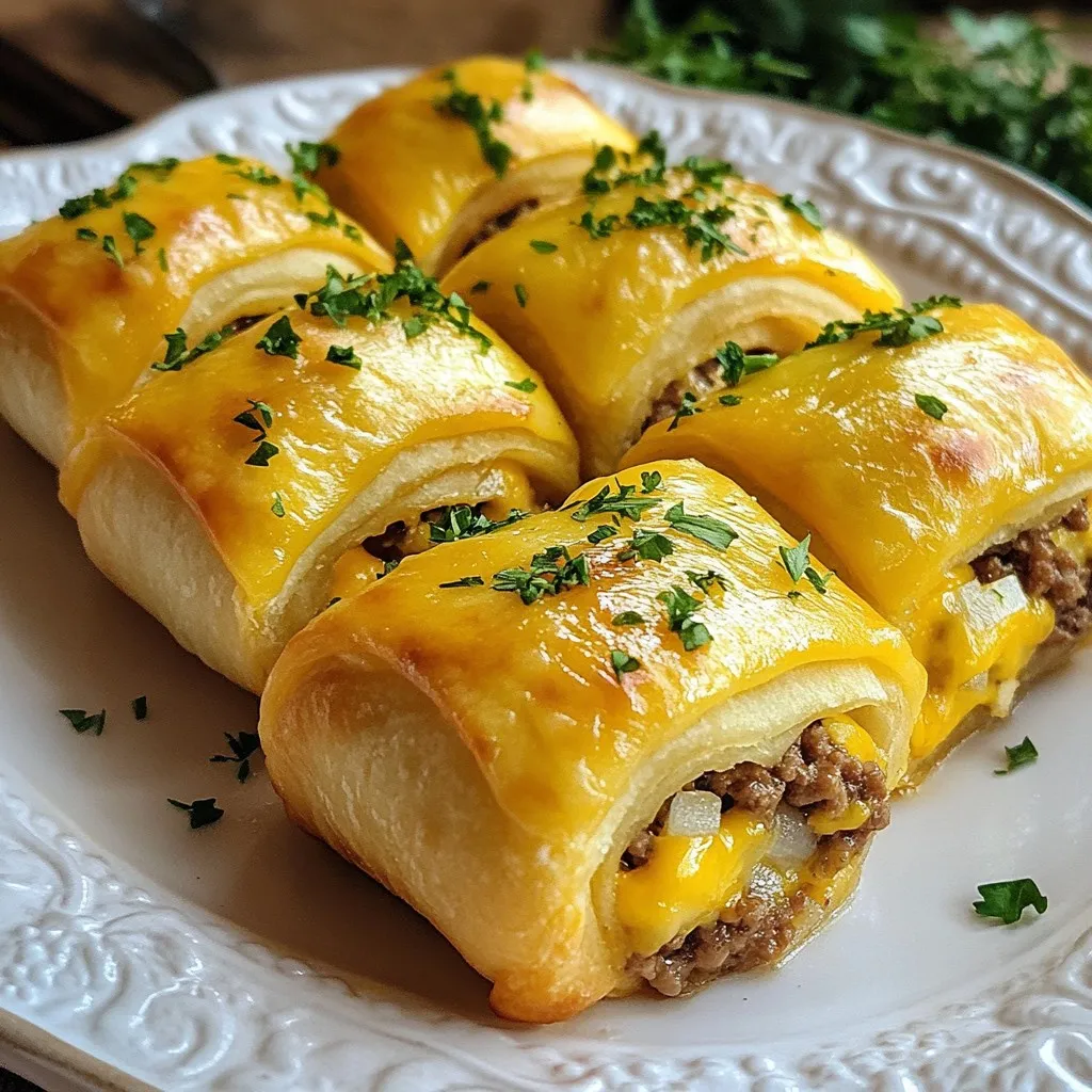 - 1 lb ground beef - 1/2 cup shredded cheddar cheese - 1/4 cup diced onion - 2 cloves garlic, minced - 1 teaspoon Worcestershire sauce - Salt and freshly cracked black pepper, to taste - 1 package (8 oz) crescent roll dough - 4 tablespoons unsalted butter, melted - 1 tablespoon fresh parsley, finely chopped (for garnish) When choosing ground beef, I suggest an 80/20 blend. This gives you juicy and flavorful rolls. Always use fresh garlic for the best taste. Diced onion adds moisture and sweetness. You can also sauté it with the beef for deeper flavor. Make sure your cheese is shredded. This helps it melt well. For better results, use block cheese and shred it yourself. Fresh herbs like parsley add a nice touch when serving. If you want a leaner option, use ground turkey instead of beef. It works well with this recipe. For a vegetarian twist, try crumbled tempeh or mushrooms. You can swap cheddar for mozzarella or pepper jack for a spicy kick. If you don’t have crescent roll dough, pizza dough or puff pastry are great alternatives. For those who can’t have butter, use olive oil instead. Just brush it over the rolls before baking. {{ingredient_image_2}} First, set your oven to 375°F (190°C). This heat helps the roll-ups bake evenly. Line a baking sheet with parchment paper. This step makes cleanup easy after baking. Grab a medium skillet and place it over medium heat. Add 1 pound of ground beef, 1/4 cup of diced onion, and 2 minced cloves of garlic. Cook for about 5 to 7 minutes. You want the beef to brown and the onions to turn soft. If you see extra fat, drain it before going on. Next, stir in 1 teaspoon of Worcestershire sauce. Season with salt and freshly cracked black pepper to taste. Remove the skillet from heat and let the mixture cool for a few minutes. Then, mix in 1/2 cup of shredded cheddar cheese. This cheese adds richness and flavor. Unroll the crescent roll dough and separate it into triangles. At the wider end of each triangle, place 1-2 tablespoons of your cheeseburger filling. Start rolling from the wide end. Make sure to pinch the seams tightly. Place the roll-ups seam-side down on your baking sheet. In a small bowl, mix 4 tablespoons of melted unsalted butter with a pinch of garlic powder, if desired. Brush this garlic butter over the tops of the roll-ups. This step enhances their flavor and adds a nice shine. Now, place the baking sheet in your preheated oven. Bake for 15 to 20 minutes. You want them to turn a lovely golden brown. Once done, remove them from the oven and let them cool for a few minutes. Enjoy your delicious Garlic Butter Cheeseburger Roll-Ups! To make your roll-ups a hit, follow these tips: - Cook the beef well. Make sure it is browned and the onions are soft. This adds flavor. - Don’t overfill your crescent rolls. Use 1-2 tablespoons of filling for each roll. Too much filling can cause them to burst. - Seal the edges tightly. Pinch the seams to keep the filling inside while baking. - Brush with garlic butter before baking. This adds a rich flavor and helps the rolls brown nicely. If you have leftovers, store them right: - Cool completely before placing them in a container. - Use an airtight container to keep them fresh. They can last for 2-3 days in the fridge. - For longer storage, freeze them. Wrap each roll in plastic wrap and place in a freezer bag. They can last for up to 2 months. When it's time to serve, think about these ideas: - Pair with pickles for a crunchy contrast. - Serve with a fresh salad for a light side dish. - Try dipping sauces like ketchup or mustard for extra flavor. These roll-ups are fun and tasty! Pro Tips Use Lean Ground Beef: Opting for lean ground beef (at least 80% lean) will help reduce excess grease in your roll-ups, making them less soggy and more flavorful. Add Extra Flavor: Consider adding some spices or herbs like paprika or dried oregano to the beef mixture for an extra kick of flavor. Cheese Alternatives: Feel free to experiment with different kinds of cheese, such as mozzarella or pepper jack, for a unique twist on the classic cheeseburger flavor. Serve with Dipping Sauces: Enhance your roll-ups by serving them with a variety of dipping sauces like ketchup, mustard, or a spicy aioli. {{image_4}} You can change the cheese in these roll-ups. Try mozzarella for a stretchy bite. Or use pepper jack for a spicy kick. If you love blue cheese, add some crumbles for a rich flavor. Cream cheese also works well for a creamy texture. Adding veggies makes these roll-ups more fun. Chopped bell peppers give a sweet crunch. Spinach adds color and nutrition. You can even use mushrooms for a hearty feel. Just remember to sauté them first to reduce moisture. Crescent roll dough is easy, but you can switch it up. Use pizza dough for a thicker crust. Puff pastry offers a flaky, buttery touch. If you're gluten-free, try almond flour dough. Each option brings its own tasty twist. Garlic Butter Cheeseburger Roll-Ups are tasty but also filling. Each roll-up has about 250 calories. The ground beef adds protein, while cheddar cheese brings calcium. Each roll-up contains: - Protein: 12g - Carbohydrates: 18g - Fat: 15g - Fiber: 1g This makes them a hearty snack or meal option. To make these roll-ups lighter, swap some ingredients. Use lean ground turkey instead of beef. You can also choose reduced-fat cheese. For the crescent dough, consider whole wheat options. These swaps keep the flavor while cutting calories. To enjoy these roll-ups without overindulging, serve smaller portions. Cut each roll-up in half for a fun appetizer. Pair them with a salad or veggies. This way, you can satisfy your cravings without going overboard. You can use ground turkey or chicken instead of ground beef. These meats are leaner. They will still taste great with cheese and garlic. For a vegetarian option, try lentils or black beans. Both can add protein and fiber. Yes, you can prepare these roll-ups ahead. Make the filling and fill the dough. Then, store them in the fridge. Bake them when you are ready to eat. This way, they stay fresh and tasty. To reheat, place the roll-ups on a baking sheet. Preheat your oven to 350°F (175°C). Bake for about 10-15 minutes. This keeps them crispy while warming them through. You can also use a microwave, but they may not stay crispy. These roll-ups taste great with many sauces. Try ketchup or mustard for a classic touch. BBQ sauce adds a sweet and smoky flavor. For something creamy, ranch dressing or garlic aioli works well. In this blog post, we covered the key steps to make delicious Garlic Butter Cheeseburger Roll-Ups. We explored the necessary ingredients, shared useful tips, and outlined variations to make it your own. I hope these easy instructions and helpful tricks inspire you to try this recipe. Remember, cooking is fun and a chance to be creative! Enjoy your roll-ups, and don't forget to share your results. You’ll find that with practice, you can customize them to fit your taste. Happy cooking!
