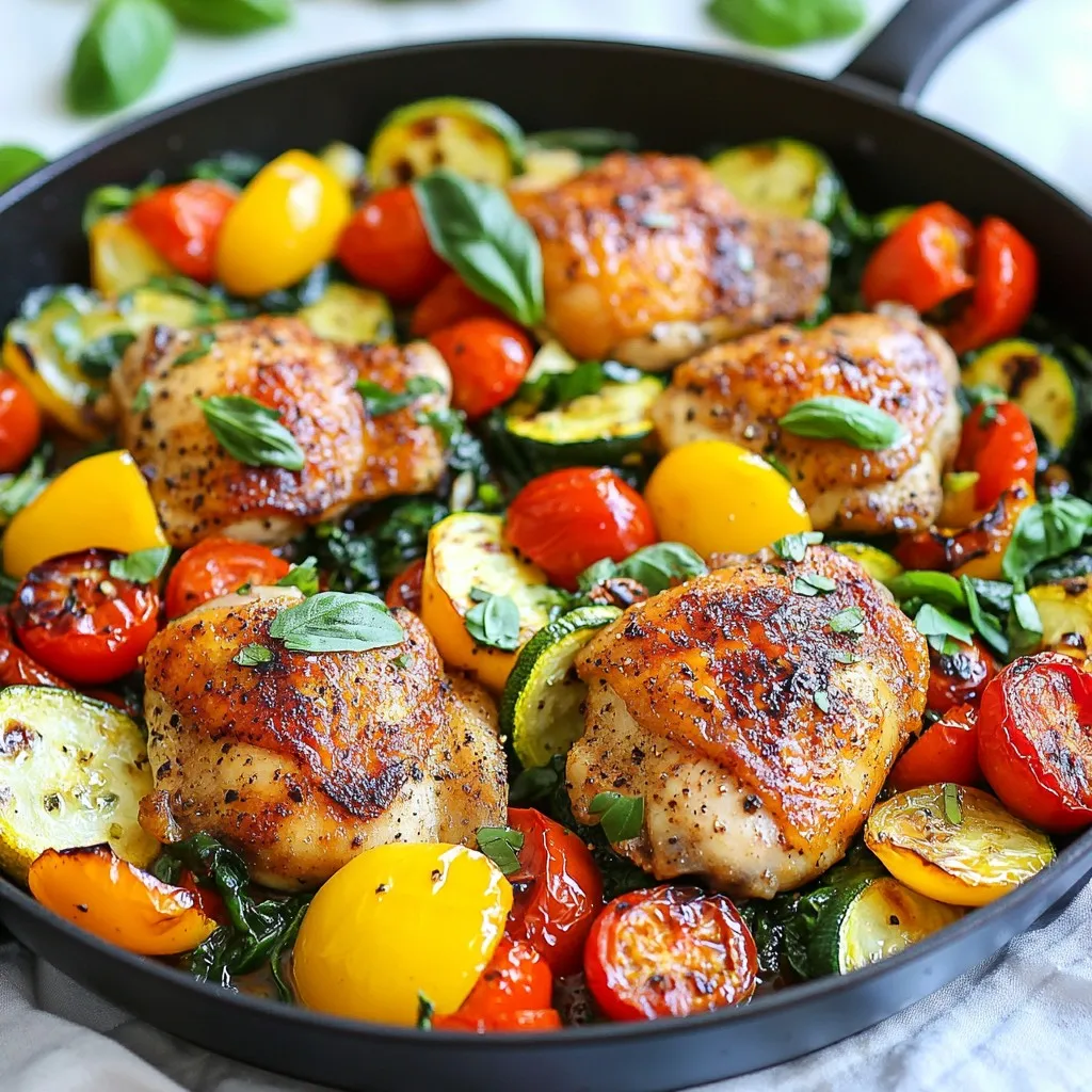 - 4 boneless, skinless chicken thighs - 1 tablespoon extra virgin olive oil - 1 teaspoon smoked paprika - 1 teaspoon garlic powder - 1 teaspoon onion powder - Salt and freshly ground black pepper to taste - 1 red bell pepper, sliced into thin strips - 1 yellow bell pepper, sliced into thin strips - 1 medium zucchini, chopped into bite-sized pieces - 1 cup cherry tomatoes, halved - 2 cups fresh baby spinach - 1 tablespoon balsamic vinegar - Fresh basil leaves for garnish - A large skillet - Tongs or a spatula - A meat thermometer - A cutting board - A sharp knife - Fresh basil leaves - Crumbled feta cheese - A sprinkle of red pepper flakes {{ingredient_image_2}} Start by seasoning the chicken thighs. Use olive oil, smoked paprika, garlic powder, onion powder, and a pinch of salt and pepper. Make sure every piece is coated well. This step adds great flavor to the chicken. Heat a large skillet on medium heat. Once hot, add the seasoned chicken thighs. Cook them for about 5-7 minutes per side. Look for a golden brown color. Use a meat thermometer to check the internal temperature. It should reach 165°F. Once done, move the chicken to a plate and cover it to keep warm. In the same skillet, without cleaning it, add sliced red and yellow bell peppers and chopped zucchini. Sauté for 3-4 minutes. Stir occasionally until the veggies are tender but still bright. This adds a nice crunch and color to the dish. Lower the heat to a gentle simmer. Return the cooked chicken to the skillet. Drizzle balsamic vinegar over everything. Toss everything together carefully. Cook for another 1-2 minutes until heated through. This step helps blend all the flavors. Transfer the chicken and veggies to plates. Make sure to arrange the colorful veggies around the chicken. Garnish with fresh basil leaves for a bright touch. This dish looks as good as it tastes. Enjoy your healthy meal! To cook chicken perfectly, start with even pieces. I like using boneless, skinless thighs. This cut stays juicy and tender. Season them well with olive oil and spices. Use smoked paprika, garlic powder, and onion powder for depth. Cook on medium heat for 5-7 minutes on each side. Always check the internal temperature. It should reach 165°F. This ensures that your chicken is safe to eat and full of flavor. Adding layers of flavor can make your dish shine. I love using balsamic vinegar. It adds a nice tang when drizzled at the end. Fresh basil leaves also bring brightness. You can toss in a pinch of red pepper flakes if you like heat. For a touch of sweetness, add a bit of honey or maple syrup. These small changes can take your one-skillet chicken and veggies to new heights. Don’t be afraid to mix it up! You can easily change the spices based on your taste. Try Italian herbs like oregano and thyme for a Mediterranean twist. Or go for a kick with taco seasoning for a fun twist. If you enjoy Asian flavors, consider soy sauce and ginger. The key is to find what you love. This recipe is very adaptable, so feel free to play! Pro Tips Marinate for More Flavor: For an extra layer of flavor, marinate the chicken thighs in the seasoning mix and olive oil for at least 30 minutes or overnight. This allows the spices to penetrate the meat. Use Fresh Veggies: Opt for fresh, seasonal vegetables for the best taste and nutrition. They will add vibrant colors and textures to your dish, enhancing its overall appeal. Adjust Cooking Times: Cooking times may vary depending on the thickness of the chicken thighs. Always use a meat thermometer to ensure they reach an internal temperature of 165°F. Variations are Key: Feel free to swap out the vegetables based on what you have on hand. Broccoli, asparagus, or snap peas can be great alternatives that offer different flavors and textures. {{image_4}} You can swap out the veggies in this recipe. Try using broccoli, asparagus, or green beans. Each gives a new taste and texture. Carrots can add a sweet crunch, while mushrooms bring earthiness. You can also use frozen veggies for quick prep. Just adjust cooking time for frozen options. Want to change the protein? You can use turkey, pork, or tofu. Each option will change the meal’s flavor. Use firm tofu for a plant-based dish. Just be sure to press it first. If you like seafood, shrimp works great too. Cook it quickly so it stays tender. This dish is naturally gluten-free. Always check your seasoning to ensure it is gluten-free. For low-carb meals, you can add extra veggies. Cauliflower rice is a great base instead of grains. You can also skip the balsamic vinegar if you want fewer carbs. This keeps your meal light and healthy. After cooking, let your One-Skillet Chicken & Veggies cool down. Place leftovers in an airtight container. You can store it in the fridge for up to 3 days. This helps keep the chicken and veggies fresh. Make sure to seal it well to prevent drying out. If you want to keep it longer, you can freeze the meal. First, let the dish cool completely. Then, transfer it to a freezer-safe container. It can last up to 3 months in the freezer. When ready to eat, thaw it overnight in the fridge before reheating. To reheat your chicken and veggies, use a skillet over medium heat. Add a splash of water or broth to keep it moist. Stir occasionally, cooking until heated through. You can also microwave it in a safe bowl. Cover it with a lid or wrap to avoid drying out. Heat in short bursts, stirring in between, until warm. Enjoy your meal as if it were fresh! Yes, you can use chicken breasts instead of thighs. Chicken breasts are leaner, so they cook faster. Adjust the cooking time to about 4-6 minutes on each side. Always check for a golden color and an internal temperature of 165°F. You can serve this dish with rice or quinoa for more carbs. A side salad also pairs well, adding freshness. Garlic bread or a crusty baguette completes the meal nicely. To know if the chicken is done, use a meat thermometer. Insert it into the thickest part of the chicken. It should read 165°F. If you don't have a thermometer, look for a golden brown color and juices that run clear. Yes, this recipe is great for meal prep! You can store leftovers in the fridge for up to four days. Just make sure to keep it in airtight containers. Reheat it gently in the microwave or on the stove to enjoy later. This blog shared a simple recipe for One-Skillet Chicken & Veggies. We covered the ingredients, tools, and optional garnishes. I outlined the steps to prepare, cook, and serve this dish. You learned tips to cook chicken perfectly and knew how to enhance flavors. I shared various ingredient options for different diets and storage tips to keep leftovers fresh. Now, you have the tools to create a tasty, easy meal. Enjoy making this dish!