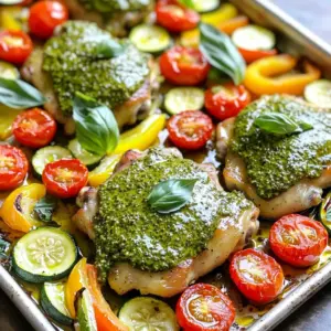 - 4 boneless, skinless chicken thighs - 1 cup cherry tomatoes, halved - 1/2 cup basil pesto (store-bought or homemade) - 1 medium zucchini, sliced into half-moons - 1 bell pepper (red or yellow), sliced into strips - 3 tablespoons extra virgin olive oil - 1 teaspoon garlic powder - Salt and freshly ground pepper to taste - Fresh basil leaves for garnish This recipe focuses on fresh, simple ingredients. The chicken thighs bring a juicy texture. Cherry tomatoes add a sweet burst. You can use store-bought or homemade pesto, which adds a lot of flavor. For vegetables, I like zucchini and bell peppers. They roast well and soak up flavors. Olive oil adds richness. Garlic powder gives a nice kick. You can adjust salt and pepper to your taste. Finally, fresh basil leaves make a lovely garnish. They add a pop of color and fresh taste. With these ingredients, you create a colorful and tasty meal. It's all about balance and flavor in every bite. - Preheat the oven to 400°F (200°C). - Take your chicken thighs and coat them with basil pesto. Make sure every piece is covered well. Let them marinate for about 10 minutes. This helps the chicken soak up flavor. - Grab a large sheet pan and lay out your halved cherry tomatoes, sliced zucchini, and bell pepper strips. - Drizzle the veggies with olive oil. Sprinkle garlic powder, salt, and pepper on top. Mix the veggies together until they are all coated. - Make room in the center of the pan. Place the marinated chicken thighs in that space. - Spoon the remaining basil pesto over the chicken. This adds even more flavor. - Slide the sheet pan into your preheated oven. Roast everything for 25-30 minutes. Check if the chicken is done. It should reach an internal temperature of 165°F (75°C). The veggies should be tender and slightly caramelized. To keep your chicken juicy, marinating is key. I recommend marinating the chicken thighs for at least 10 minutes. This short time allows the meat to soak in the flavors from the pesto. After cooking, let the chicken rest for about 5 minutes. Resting helps the juices stay inside the chicken. This way, every bite stays moist and tasty. Caramelizing vegetables can add great taste. To achieve this, make sure to spread them evenly on the sheet pan. This helps them cook well and brown nicely. If you want crispier vegetables, you can adjust the cooking time. Try roasting them for a few extra minutes. Just keep an eye on them to avoid burning. For a beautiful serving, use a large platter. Arrange the roasted chicken and vegetables nicely. Drizzle any leftover pesto from the pan over the top. This adds color and flavor. Finish with fresh basil leaves for a pop of green. This simple touch makes your dish look more appealing. {{image_4}} You can change the protein in this dish. Instead of chicken thighs, try chicken breast or tofu. Both options work well with the pesto. Tofu absorbs flavors nicely, making it a great choice for plant-based diets. Feel free to swap out vegetables too. Asparagus or carrots can replace zucchini and bell peppers. These veggies will add different tastes and textures. Mixing vegetables keeps your meal fresh and exciting. To make this dish your own, try different pesto flavors. Sun-dried tomato pesto adds a rich, tangy taste. Spinach pesto gives a fresh, vibrant twist. These variations can change the entire dish. Adding cheese can also enhance the creaminess of the meal. Try mozzarella or goat cheese for a delightful touch. Just sprinkle it over the chicken before roasting. The melted cheese adds a wonderful flavor. If you need a gluten-free option, this dish is naturally gluten-free. Just ensure your pesto doesn’t contain gluten. Most store-bought brands are safe, but always check the label. For a vegetarian adaptation, swap the chicken for roasted chickpeas. They offer protein and fiber, making your meal filling. You can also use a plant-based pesto to keep it vegetarian-friendly. To keep your Pesto Chicken and Cherry Tomato Sheet Pan fresh, store leftovers in the fridge. Place the chicken and veggies in an airtight container. This helps keep moisture in and avoids any funky smells. Use a container that fits well in your fridge. Glass containers work great since they do not absorb smells. When you're ready to enjoy your leftovers, you can reheat them in either the oven or microwave. For the oven, preheat it to 350°F (175°C). Place the chicken and veggies on a baking sheet. Cover them with foil to keep them moist. Heat for about 15-20 minutes. If you use a microwave, place the chicken and veggies on a microwave-safe plate. Heat them on medium power for about 2-3 minutes. This method may not keep the chicken as juicy, so be cautious. You can freeze your Pesto Chicken and Cherry Tomato Sheet Pan for later. To freeze, let the dish cool completely first. Then, place the chicken and veggies in a freezer-safe container. Make sure to leave some space for expansion, as food can swell when frozen. Seal the container tightly and label it with the date. When you're ready to eat, thaw the dish in the fridge overnight. After thawing, you can reheat it following the same oven or microwave instructions. Enjoy your meal without a hassle! Marinating the chicken for about 10 minutes works well. This short time helps the chicken soak up the flavors from the pesto. If you want more flavor, you can marinate longer, even up to an hour. Just remember, too long can make it mushy. Yes, you can use any pesto you like! Try sun-dried tomato pesto for a sweet twist. Spinach pesto adds a fresh green taste. You can even make your own pesto using nuts and herbs you love. Mix it up and find your favorite flavor! If you don't have a sheet pan, you can use any oven-safe dish. A baking dish or cast-iron skillet works great. Just make sure it’s large enough for the chicken and veggies. You can also grill everything if you have a grill. Just keep an eye on the chicken to ensure it cooks well. This recipe uses simple ingredients to create a tasty meal. You learned how to prepare, cook, and store juicy chicken with colorful vegetables. I shared tips to ensure your chicken stays moist and your veggies cook perfectly. Feel free to explore variations with different proteins or flavors. Don't forget to enjoy your meal's vibrant look before serving. With these steps and ideas, you can make a dish that impresses everyone. Try it out!
