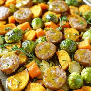 - 4 chicken or turkey sausages, sliced into 1-inch pieces - 2 cups Brussels sprouts, halved - 1 cup baby carrots, halved lengthwise - 1 red onion, cut into wedges - 1 cup sweet potatoes, peeled and diced into 1-inch cubes - 3 tablespoons extra-virgin olive oil - 2 tablespoons pure maple syrup - 2 tablespoons Dijon mustard - 1 teaspoon garlic powder - 1 teaspoon dried thyme - Salt and black pepper, to taste This recipe uses simple, fresh ingredients. The chicken or turkey sausages add a hearty flavor. They pair well with the veggies, making a colorful dish. Brussels sprouts bring a nice crunch. The sweet potatoes offer a soft texture and sweetness. For the dressing, you will mix the olive oil, maple syrup, and Dijon mustard. The garlic powder and thyme add great depth. Salt and pepper enhance all the flavors. Each ingredient plays an important role in the final taste. You can easily find these items in any grocery store. Opt for fresh produce for the best results. Using quality ingredients makes a big difference. This dish is not just easy; it’s also fun to prepare. First, preheat your oven to 425°F (220°C). This heat is key for roasting. While the oven heats, let’s mix the dressing. In a large bowl, combine three tablespoons of extra-virgin olive oil, two tablespoons of pure maple syrup, and two tablespoons of Dijon mustard. Add one teaspoon of garlic powder and one teaspoon of dried thyme. Don’t forget a good pinch of salt and black pepper. Whisk these ingredients until you have a smooth mix. Next, it’s time to add the fun part! Toss in four sliced chicken or turkey sausages, two cups of halved Brussels sprouts, one cup of halved baby carrots, one red onion cut into wedges, and one cup of diced sweet potatoes. Using your hands or a spatula, mix everything well. Make sure every piece gets a nice coating of that delicious dressing. Now, spread the coated mixture onto a large sheet pan. Make sure everything is in a single layer for even roasting. Slide the pan into your preheated oven and bake for 25 to 30 minutes. Halfway through, give it a good stir to ensure even cooking. When done, the sausages should be fully cooked, and the veggies tender with crispy edges. Let the pan cool for a few minutes before serving. Enjoy your tasty creation! For this dish, I love using fresh herbs. Thyme adds depth, but you can try rosemary or sage for a twist. A sprinkle of crushed red pepper gives a nice kick. For toppings, consider adding toasted nuts or seeds for crunch. Fresh parsley or chives bring color and a bright taste. You can also drizzle more maple syrup on top for added sweetness. To ensure even cooking, spread your veggies and sausages out on the sheet pan. Leave space between them. This helps everything roast nicely. Stir halfway through cooking. This step helps the veggies caramelize and keeps them from getting soggy. To check if the sausages are done, use a meat thermometer. They should reach 165°F (74°C). If you don’t have a thermometer, cut one open. The meat should be no longer pink, and the juices should run clear. This way, you’ll know your meal is safe and tasty! {{image_4}} You can switch up the sausage in this dish. If you do not have chicken or turkey sausages, try these options: - Pork sausages for a richer taste - Beef sausages for a hearty flavor - Plant-based sausages for a vegan choice These choices change the flavor but keep the fun of the dish. Mixing in different veggies can give new life to this recipe. Here are some great substitutes: - Zucchini for a fresh crunch - Bell peppers for sweetness - Cauliflower for a hearty bite - Asparagus for a spring touch Feel free to use what is fresh and in season. This keeps your meals exciting. You can make this dish fit your diet needs. Here are some easy swaps: - For gluten-free, check the sausage label and use gluten-free mustard. - For a vegan option, choose plant-based sausages and maple syrup for sweetness. These changes keep the dish delicious while meeting your dietary goals. Enjoy experimenting! To keep your Sheet-Pan Maple Dijon Sausage & Veggies fresh, follow these tips. First, let the dish cool down to room temperature. This step helps prevent condensation in your storage container. Next, transfer the leftovers to an airtight container. This keeps moisture in and air out. You can store the dish in the fridge for up to four days. If you want to keep it longer, consider freezing it. Just use a freezer-safe container or bag. Make sure to label it with the date. This way, you can enjoy it later! When it's time to enjoy your leftovers, reheating properly is key. To maintain the texture and flavor, use the oven. Preheat your oven to 350°F (175°C). Place the sausage and veggies in a baking dish. Add a splash of olive oil to keep them moist. Cover the dish with foil to lock in heat. Bake for about 15-20 minutes, stirring halfway through. This method warms everything evenly. You can also use a microwave for a quicker option. Just place a portion on a microwave-safe plate, cover it, and heat for 1-2 minutes. Enjoy your warm meal! The total cooking time for this dish is about 35 minutes. Here’s how it breaks down: - Prep Time: 10 minutes to prepare the ingredients and dressing. - Cook Time: 25-30 minutes in the oven. You want to preheat your oven to 425°F (220°C). This hot temperature helps everything roast nicely. Halfway through, stir the pan. This ensures even cooking and a great caramelized look. Yes, you can easily meal prep this recipe! Here are some best practices: - Prep Ahead: Chop all your veggies and slice the sausages. Store them in the fridge for up to two days. - Make the Dressing: Whisk up the dressing and keep it in a jar. Just shake and pour when you are ready to cook. - Batch Cooking: Make a larger batch to last a few days. Store portions in airtight containers for quick meals. This dish pairs well with many sides. Here are some suggestions: - Grain Options: Serve with cooked quinoa or rice to add carbs. - Salads: A fresh green salad with a light vinaigrette can balance the meal. - Bread: Crusty bread or rolls make a great side for soaking up flavors. These sides add variety and keep your meal balanced. Enjoy your delicious creation! This blog post covered a tasty sheet-pan recipe with chicken or turkey sausages and fresh veggies. You learned how to mix a zesty dressing, prepare the oven, and roast everything to perfection. We explored tips for flavor boosts, cooking methods, and options to customize your dish. In summary, this recipe is simple, flexible, and perfect for any meal. Try it out, and enjoy the delicious results!