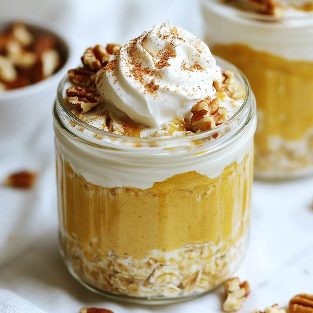 To make Pumpkin Pie Overnight Oats, you need the following: - 1 cup rolled oats - 1 cup almond milk (or milk of your choice) - 1/2 cup canned pumpkin puree - 1 tablespoon pure maple syrup - 1 teaspoon ground cinnamon - 1/2 teaspoon ground nutmeg - 1/4 teaspoon ground ginger - 1/4 teaspoon pure vanilla extract - 1/2 cup Greek yogurt (or a dairy-free alternative) - Optional toppings: chopped pecans, whipped cream, or sunflower seeds If you need alternatives, here are some ideas: - Rolled oats: Use quick oats for a softer texture. - Almond milk: Any milk works, like soy, oat, or cow’s milk. - Canned pumpkin puree: Use fresh pumpkin if you prefer. - Maple syrup: Honey or agave syrup can replace maple syrup. - Greek yogurt: Silken tofu or coconut yogurt is great for a dairy-free option. Each ingredient brings health benefits: - Rolled oats: They are rich in fiber, which helps digestion. - Almond milk: This milk has fewer calories and is often fortified with vitamins. - Pumpkin puree: It is full of vitamins, especially vitamin A, for good vision. - Maple syrup: This natural sweetener contains antioxidants. - Cinnamon: It can help maintain healthy blood sugar levels. - Nutmeg and ginger: Both spices have anti-inflammatory properties. - Greek yogurt: It provides protein and probiotics for gut health. These ingredients not only create a cozy dish but also support your health. Enjoy making your Pumpkin Pie Overnight Oats! {{ingredient_image_2}} To make Pumpkin Pie Overnight Oats, start by gathering all your ingredients. You will need rolled oats, almond milk, pumpkin puree, Greek yogurt, and some spices. This simple mix creates a cozy dish. The prep time is just ten minutes! In a medium bowl, combine these ingredients: - 1 cup rolled oats - 1 cup almond milk - 1/2 cup canned pumpkin puree - 1/2 cup Greek yogurt Use a whisk or a spoon to mix them well. Make sure the mixture is smooth. Next, add more flavor: - 1 tablespoon pure maple syrup - 1 teaspoon ground cinnamon - 1/2 teaspoon ground nutmeg - 1/4 teaspoon ground ginger - 1/4 teaspoon pure vanilla extract Stir this mixture until all the spices blend in well. This will give your oats a warm, pumpkin pie flavor. Once mixed, divide the oats into two jars. Make sure to leave some space at the top. Secure the lids and place them in the fridge overnight. This helps the oats soak up the liquid and become soft. The next morning, take the jars out. Stir the oats to mix everything again. If you want them creamier, add a splash more almond milk. Serve your oats topped with: - Chopped pecans - Whipped cream - Sunflower seeds Present your oats in clear jars. A sprinkle of cinnamon on top adds a nice touch! Enjoy your healthy and cozy breakfast! For the best texture, use rolled oats. They soak up liquid well. Quick oats can turn mushy. When mixing, ensure you blend the oats and liquid fully. This helps create a creamy base. After refrigerating, stir the oats before eating. If they seem too thick, add a splash of almond milk. This will make them creamier and more enjoyable. Making these pumpkin pie overnight oats is simple and quick. You can prep them in just ten minutes. I love making a double batch. This way, I have breakfast ready for two days! Just store them in jars with lids in the refrigerator. They will stay fresh for about three days. To keep them tasting great, avoid adding toppings until you are ready to eat. Layering ingredients can enhance both flavor and look. Start with oats at the bottom. This helps them soak up moisture first. Next, add the pumpkin puree and yogurt. Then sprinkle in the spices for extra flavor. Finally, drizzle the maple syrup on top. This layering method keeps flavors distinct until you mix them. You can also add your toppings like chopped pecans or whipped cream right before serving. This keeps them crunchy and fresh. Pro Tips Use Fresh Spices: Freshly ground spices can significantly enhance the flavor of your overnight oats, giving them a more robust and aromatic profile. Customize the Sweetness: Adjust the amount of maple syrup according to your sweetness preference. You can also substitute with honey or agave syrup for a different flavor. Experiment with Toppings: Feel free to mix and match toppings based on your mood. Try adding fresh fruits, seeds, or even granola for added texture and flavor. Make Ahead: Prepare a larger batch to enjoy throughout the week. These oats can last up to five days in the refrigerator, making them a convenient breakfast option. {{image_4}} You can easily make this recipe dairy-free or vegan. Swap the Greek yogurt for a dairy-free yogurt. Almond milk works great, but feel free to use any plant-based milk you like. Coconut milk adds a rich flavor, while oat milk provides creaminess. If you want sweetness, use maple syrup or agave nectar. This way, you keep all the cozy flavors without any dairy. Want to switch it up? Try adding different spices or flavors. A pinch of clove adds warmth. You can also mix in cocoa powder for a chocolate twist. If you love apples, add some diced apples for a fruity bite. For a nutty flavor, mix in almond or peanut butter. Experiment with these flavors to find your favorite combination! Toppings make your overnight oats even more fun. Chopped pecans add crunch and flavor. A dollop of whipped cream makes it feel special. If you want a healthy boost, sprinkle pumpkin seeds on top. You can also add fresh fruit like bananas or berries for sweetness. Try different toppings each time to keep it exciting! Store your pumpkin pie overnight oats in airtight jars or containers. This keeps them fresh and tasty. Make sure the lids are tight to prevent air from getting in. If you plan to enjoy them later, do not add toppings until serving. These oats last up to five days in the fridge. The flavors get better each day. Just stir them before eating. If they seem too thick, add a splash of almond milk to loosen them up. You can freeze overnight oats for up to three months. Use freezer-safe jars or containers. Leave some space at the top for the oats to expand. When you want to eat them, thaw in the fridge overnight. Reheat or enjoy them cold, adding toppings as desired. Yes, you can! While rolled oats are best for this recipe, you can use quick oats or steel-cut oats. Quick oats will soften faster, while steel-cut oats will be chewier. If you use steel-cut oats, soak them longer to get the right texture. Overnight oats can last in the fridge for up to five days. They stay fresh when stored in airtight containers. Just remember to check for any changes in smell or texture before eating them after a few days. Absolutely! You can adjust the sweetness by adding more or less maple syrup. You can also use honey, agave, or a sugar substitute if you prefer. Taste the mixture before chilling to find your perfect level of sweetness. In this post, we explored ingredients, step-by-step instructions, and helpful tips for overnight oats. You learned about ingredient substitutions and health benefits. We also shared how to mix, refrigerate, and serve your oats for the best results. You can customize flavors and toppings to fit your taste. Remember how to store your oats for freshness, and check answers to common questions. Enjoy creating your perfect bowl of overnight oats for a healthy breakfast!
