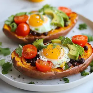 - 2 medium sweet potatoes - 4 large eggs - 1/2 cup black beans, rinsed and drained - 1/2 avocado, diced - 1/4 cup cherry tomatoes, halved - 1/4 cup shredded cheddar cheese - 2 tablespoons Greek yogurt - 1 tablespoon olive oil - 1 teaspoon ground cumin - 1/2 teaspoon smoked paprika - Salt and freshly ground black pepper to taste - Fresh cilantro leaves for garnish The sweet potatoes are the star of this dish. They add a creamy texture and natural sweetness. Eggs provide protein, making this breakfast filling. Black beans add fiber and a nice earthy flavor. Toppings like avocado and tomatoes bring freshness, while cheese offers a rich finish. You can personalize your loaded sweet potatoes with these extras: - Sliced jalapeños for heat - Salsa for a zesty kick - A sprinkle of green onions for added crunch - Hot sauce for those who love spice Feel free to mix and match these toppings to suit your taste! To make this recipe, you'll need: - Baking sheet or parchment paper - Fork for pricking sweet potatoes - Non-stick skillet for cooking eggs - Mixing bowl for black beans - Knife and cutting board for chopping toppings Having the right tools makes cooking easier and more enjoyable. With these items, you can whip up this tasty breakfast with ease! {{ingredient_image_2}} First, preheat your oven to 400°F (200°C). This step warms the oven, helping the sweet potatoes cook evenly. Next, wash and dry the sweet potatoes well. Use a fork to poke holes in the skins. This helps steam escape while baking. Lightly coat the skins with olive oil and sprinkle a bit of salt on top. This adds flavor and helps the skin become crispy. Place the sweet potatoes directly on the oven rack or on a baking sheet lined with parchment paper. This makes cleanup easier. Bake them for 45-50 minutes. They are ready when they feel soft and a fork goes in easily. Once done, take them out and let them cool for a few minutes. While the sweet potatoes bake, mix the black bean topping. In a small bowl, combine the rinsed black beans with ground cumin, smoked paprika, salt, and black pepper. Stir well to blend all the flavors. Let this mixture sit for a moment. This allows the spices to enhance the beans’ taste. In a non-stick skillet, heat over medium heat. Cook the eggs as you like them. You can make them sunny-side up, scrambled, or poached. Add a small pinch of salt and black pepper while cooking. Keep an eye on them to ensure they are cooked to your preference. When picking sweet potatoes, look for firm ones with smooth skin. Avoid any with cuts or soft spots. Size matters too; medium sweet potatoes work best for this recipe. They cook evenly and fit well on your plate. If possible, choose organic sweet potatoes. They often taste better and are better for you. Eggs can be cooked in many ways. For sunny-side up, cook them gently on medium heat. This way, the yolks stay runny. If you prefer scrambled eggs, whisk them in a bowl first. Add a pinch of salt before cooking. For poached eggs, simmer water with a splash of vinegar. Crack eggs into the water and cook for three to four minutes. Each method adds a unique texture to your dish. Seasonings can take your sweet potatoes to the next level. Use ground cumin and smoked paprika for a warm flavor. They work well with the sweetness of the potatoes. Be sure to season the black beans too. A little salt and fresh black pepper make a big difference. Don't forget to add fresh cilantro as a garnish. It adds a burst of color and fresh taste. Pro Tips Choose the Right Sweet Potatoes: Look for firm, unblemished sweet potatoes for the best texture and flavor. Organic sweet potatoes often have a richer taste. Perfectly Cooked Eggs: For perfectly cooked eggs, use medium heat and keep an eye on them. If you prefer runny yolks, remove them from the heat just before they look done. Customize the Toppings: Feel free to add your favorite toppings like sautéed spinach, diced bell peppers, or even a drizzle of hot sauce for an extra kick! Meal Prep Friendly: You can bake extra sweet potatoes ahead of time. Just reheat them in the microwave and top with your desired ingredients for a quick breakfast option! {{image_4}} For a vegetarian twist, skip the eggs and add more beans or veggies. You can use tofu scramble as an egg substitute. For a vegan option, replace Greek yogurt with dairy-free yogurt. This keeps the dish creamy and tasty without dairy. You can also add nutritional yeast for a cheesy flavor. Get creative with your toppings! Try adding sautéed spinach or kale for greens. Feta cheese works great if you want a salty kick. For some crunch, sprinkle on toasted nuts or seeds. Hot sauce can add a spicy touch. Think about what flavors you love and mix them in! Seasonal ingredients can make this dish even better. In spring, add fresh herbs like chives or parsley. In summer, toss in sweet corn or bell peppers for brightness. Fall brings great choices like roasted pumpkin or squash. In winter, consider hearty greens like collards or Swiss chard. Use what’s fresh and in season for the best taste! To store leftover loaded sweet potatoes, let them cool first. Place each half in an airtight container. Make sure to cover them well to keep them fresh. You can store them in the fridge for up to three days. If you want, you can keep the toppings separate to maintain texture. When you’re ready to eat, take the sweet potatoes out of the fridge. Preheat your oven to 350°F (175°C). Place the sweet potato halves on a baking sheet. Heat them for about 15-20 minutes, or until warm. You can also use a microwave. Just heat them for 1-2 minutes, but the oven keeps them crisp. If you want to freeze your loaded sweet potatoes, here’s how. First, let them cool completely. Wrap each half tightly in plastic wrap. Then, place the wrapped potatoes in a freezer-safe bag. They can last in the freezer for up to three months. When you want to eat them, thaw them overnight in the fridge before reheating. Yes, you can use other potatoes. Regular russet or red potatoes work well. They will change the flavor and texture a bit. Sweet potatoes add a natural sweetness and nutrition. However, feel free to explore with different types! You can get creative with your toppings! Some great options include: - Sautéed spinach or kale - Crumbled feta cheese - Diced bell peppers - Salsa or pico de gallo - Hot sauce for a kick These toppings add fresh flavors and colors to your dish! Cooked sweet potatoes last about 3 to 5 days in the fridge. Make sure to store them in an airtight container. This keeps them fresh and tasty. Always check for any signs of spoilage before eating. You can prepare elements ahead of time! Bake the sweet potatoes and store them in the fridge. You can also cook the black beans and eggs in advance. Just reheat them before serving. This will save you time in the morning! To add spice, try these ideas: - Mix in diced jalapeños with black beans - Use spicy cheese instead of cheddar - Drizzle hot sauce over the top - Sprinkle cayenne pepper on the eggs These tips will give your breakfast a flavorful kick! This blog post gives you all you need for loaded breakfast sweet potatoes. We covered ingredients, steps, and cooking tips. You learned how to choose the best sweet potatoes and prepare tasty toppings. Explore variations to fit your taste and needs. Lastly, I shared storage tips for leftovers to keep your meals fresh. Remember, breakfast can be fun and healthy with this easy dish! Enjoy making your loaded sweet potatoes and experimenting with flavors!