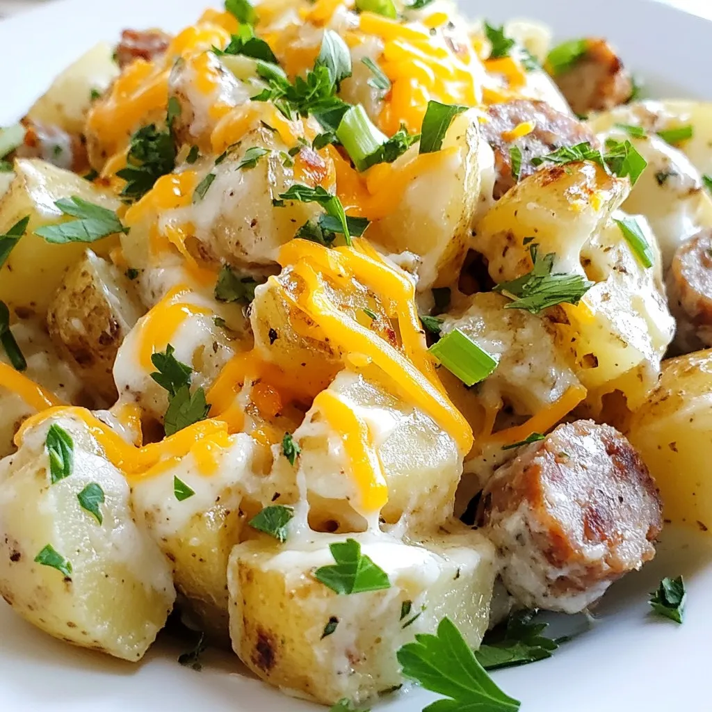 - 4 medium russet potatoes - 1 pound smoked sausage - 1 cup shredded cheddar cheese - 1 cup ranch dressing - 2 tablespoons olive oil - Garlic powder, paprika, onion powder, salt, and pepper - Chopped green onions - Fresh parsley Gather these simple ingredients for a tasty meal! The russet potatoes give a nice texture. The smoked sausage adds a rich flavor. The cheddar cheese brings that gooey goodness. You can use any sausage you like. Turkey, chicken, or beef all work well. Next, let's talk about seasoning. Ranch dressing makes this dish creamy and fun. Olive oil helps everything cook evenly. The garlic, paprika, and onion powder add great taste. Don’t forget salt and pepper! They really bring out the flavors. For garnish, chopped green onions and fresh parsley add color and freshness. They make the dish look pretty, too! This combination of ingredients makes cheesy ranch potatoes with sausage a savory delight. {{ingredient_image_2}} - Preheat your oven to 400°F (200°C). - Dice 4 medium russet potatoes into 1-inch cubes. - Slice 1 pound of smoked sausage into rounds. - In a large bowl, combine the diced potatoes and sliced sausage. - Drizzle 2 tablespoons of olive oil over the mix. - Add 1 teaspoon of garlic powder, 1 teaspoon of paprika, ½ teaspoon of onion powder, salt, and pepper to taste. - Toss everything gently to coat each piece well. - Spread the mixture evenly on a large baking sheet. - Bake for 30-35 minutes, stirring halfway to ensure even cooking. - Remove the baking sheet from the oven and drizzle 1 cup of ranch dressing over the hot mix. - Sprinkle 1 cup of shredded cheddar cheese on top. - Return the baking sheet to the oven for 5-7 minutes until the cheese is melted and bubbly. For even cooking, spread the potato and sausage mix in one layer. This helps them brown nicely. Stir the mixture halfway through cooking. This ensures all pieces get that perfect golden color. If you want to try a different method, use an air fryer. It can cook the potatoes quickly and give them a crispy texture. Set the air fryer to 380°F and cook for about 20 minutes. Shake the basket halfway through for even cooking. For a great presentation, serve the cheesy ranch potatoes in individual bowls. This makes the dish look special and inviting. You can top each bowl with extra ranch dressing. It adds flavor and makes the dish even more appealing. Pair these potatoes with a simple green salad or steamed veggies. A cold drink, like iced tea or lemonade, works well too. These sides balance the rich flavors of the dish and keep your meal light and fresh. Pro Tips Choose the Right Sausage: Opt for a sausage that complements the flavors of the ranch dressing and cheese. Turkey or chicken sausage will keep it lighter, while beef adds a robust flavor. Cut Potatoes Evenly: Ensure the potatoes are cut into uniform 1-inch cubes. This promotes even cooking and helps them become perfectly tender and golden brown. Use Fresh Ingredients: Fresh herbs like parsley and green onions enhance the flavor and presentation of the dish. Always choose fresh over dried when possible for the best results. Experiment with Cheese: While cheddar is a classic choice, feel free to mix in other cheeses like Monterey Jack or pepper jack for a unique twist and added flavor depth. {{image_4}} You can switch up the sausage in this dish. Try turkey sausage for a leaner choice. Chicken sausage adds a nice mild flavor. Beef sausage gives a hearty taste. Each type changes the dish in a fun way. Mix and match to find your favorite! Cheddar cheese is great, but you can try other options. Monterey Jack adds creaminess and a mild taste. Pepper Jack gives a spicy kick, perfect for heat lovers. For a rich flavor, consider using Gouda or a blend of cheeses. Experiment to find your favorite cheese combo! You can boost the flavor with more veggies or spices. Bell peppers add sweetness and color. Broccoli or spinach can pack in more nutrition. Try adding spices like cayenne for heat or smoked paprika for a deeper flavor. Don't be afraid to get creative! To keep your cheesy ranch potatoes fresh, store them in an airtight container. Place them in the fridge within two hours after cooking. They will stay good for about 3 to 5 days. If you want to enjoy them later, make sure to cool them down first. When you reheat the cheesy ranch potatoes, aim for the oven or a microwave. For the oven, set it to 350°F (175°C). Spread the potatoes on a baking sheet and heat for about 15 minutes. This helps keep the cheese nice and melty. If using a microwave, heat in 30-second bursts, stirring in between. This method helps keep the flavors intact. If you want to freeze the dish, let it cool completely first. Then, place the potatoes in a freezer-safe container. They can last for up to three months in the freezer. To thaw, move them to the fridge overnight. When ready to eat, reheat them in the oven or microwave as mentioned above. Enjoy your tasty meal anytime! You can use several tasty options in place of ranch dressing. Some great choices are: - Greek yogurt: This adds creaminess with a tangy flavor. - Sour cream: It brings a rich texture and flavor. - Blue cheese dressing: For a bold taste, this is a fantastic swap. - Italian dressing: This will add a zesty twist to your dish. These substitutes keep the dish flavorful. Each one gives a different taste while still blending well with the potatoes and sausage. Yes, you can easily make this dish vegetarian! Here are some suggestions: - Swap sausage for plant-based sausage: This keeps the savory flavor. - Add more veggies: Try bell peppers, zucchini, or mushrooms for extra taste. - Use vegetable broth: Instead of ranch, mix in some broth for moisture and flavor. These changes help keep the dish hearty and satisfying without meat. To check if the potatoes are cooked, look for these signs: - Fork-tender: Use a fork to pierce a potato. It should go in easily. - Golden brown: The edges should be crispy and slightly browned. - Even cooking: Stir halfway through cooking to ensure all pieces cook well. When you see these signs, your cheesy ranch potatoes are ready to enjoy! This dish combines russet potatoes, smoked sausage, and cheddar cheese for a tasty meal. You learned how to prepare and season it with ranch dressing and spices. Cooking tips help with even baking, and variations can suit any taste. Storing leftovers and reheating them keeps the flavor strong. Remember, you can swap ingredients to make it your own. Enjoy experimenting with this simple and delicious recipe!