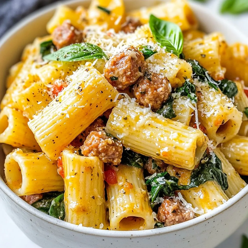 - 12 oz rigatoni pasta - 1 lb Italian sausage (mild or spicy, casing removed) - 1 cup heavy cream To create a rich and creamy dish, you need key ingredients. Rigatoni pasta provides a sturdy base. I love Italian sausage for its bold flavor. Heavy cream adds the creamy texture that makes this dish special. - 2 cups fresh spinach - ½ teaspoon red pepper flakes (adjust for spice preference) - ¾ cup grated Parmesan cheese You can enhance this dish with some optional ingredients. Fresh spinach adds color and nutrition. Red pepper flakes can spice things up. A sprinkle of Parmesan cheese gives a salty touch that complements the creaminess. - 1 teaspoon Italian seasoning - Fresh basil leaves for garnish - Salt and pepper to taste Seasoning makes a big difference. Italian seasoning brings all the flavors together. Fresh basil leaves add a nice aroma. Don't forget to season with salt and pepper, as it enhances the taste. {{ingredient_image_2}} - Bring a large pot of salted water to a boil. - Add 12 oz rigatoni pasta and cook as the package says until al dente. - Once done, drain the pasta and set it aside. - Heat 1 tablespoon olive oil in a large skillet over medium heat. - Add 1 lb Italian sausage, breaking it into small pieces. Cook for 5 to 7 minutes until nicely browned. - Add 1 small onion, finely chopped, to the skillet. Sauté for 3 to 4 minutes until soft and clear. - Stir in 3 minced garlic cloves and sauté for 1 more minute until fragrant. - Pour in 1 cup chicken broth and scrape the bottom of the skillet. This helps get all the tasty bits. - Let it simmer for 3 minutes. - Lower the heat and add 1 cup heavy cream, 1 teaspoon Italian seasoning, ½ teaspoon red pepper flakes, and ¾ cup grated Parmesan cheese. Stir until the cheese melts. - Add 2 cups fresh spinach to the sauce, stirring gently until wilted, about 2 minutes. - Season with salt and pepper to your taste. - Fold in the cooked rigatoni, mixing gently to coat each piece with the creamy sauce. - Let the dish rest for a few minutes before serving. To get a creamy sauce, start with heavy cream. It gives richness. You can add a bit of pasta water if the sauce seems too thick. This adds flavor and silkiness. If you like heat, adjust the red pepper flakes. Start with a little, then taste. You can always add more. Cooking rigatoni al dente means it will have a nice bite. This texture holds up well in the sauce. When you drain the pasta, do not rinse it. Rinsing can make it sticky. Instead, toss it with a little olive oil to keep it separate. For a great presentation, serve the rigatoni in deep bowls. Top with fresh basil and extra Parmesan cheese. This makes it look inviting and adds flavor. Pair your dish with a light salad or crusty bread. This balances the richness of the meal. Pro Tips Tip Title 1: Using fresh herbs can elevate the flavor of your dish significantly. Consider adding fresh basil or parsley just before serving for an aromatic touch. Tip Title 2: For a richer sauce, let the cream simmer a bit longer. This will enhance the flavors and create a thicker consistency. Tip Title 3: If you prefer a lighter version, substitute half of the heavy cream with Greek yogurt or a low-fat alternative to maintain creaminess without all the calories. Tip Title 4: To save time, prepare the sauce while the pasta cooks. This will ensure that everything is hot and ready to serve at the same time. {{image_4}} You can switch up the sausage in this dish. Turkey or chicken sausage works well. These options lower fat while keeping great taste. You can also make it dairy-free. Use coconut cream instead of heavy cream. It gives a nice flavor and keeps the sauce creamy. Adding veggies can boost nutrition and flavor. Try bell peppers, zucchini, or mushrooms. They mix well with the sauce. Fresh herbs also add depth. Basil, oregano, or parsley will enhance the dish. Just chop them finely and stir them in. If you love heat, add more red pepper flakes. You can also use spicy sausage for extra kick. Unique seasoning blends can change the game. Try smoked paprika or Italian spice blends. They add a twist that makes the dish exciting. To store your leftover Creamy Italian Sausage Rigatoni, let it cool first. Place it in an airtight container. This helps keep the flavors fresh. You can use glass or plastic containers. Make sure they seal tightly to avoid spills. When reheating, the best method is on the stove. Use low heat and stir often. This keeps the dish creamy. If you use a microwave, cover it with a lid. Add a splash of chicken broth to avoid sogginess. This helps maintain the right texture. You can freeze portions of the rigatoni for later. Use freezer-safe containers or bags. Label them with the date to track freshness. To thaw, place it in the fridge overnight. Reheat on the stove, adding a bit of cream or broth to revive the sauce. Creamy Italian Sausage Rigatoni stays fresh for about 3 to 4 days in the fridge. Store it in an airtight container to keep it safe from odors. Reheat it gently on the stove or microwave. Yes, you can make this dish ahead of time. Just cook the rigatoni and sauce separately. Keep them in separate containers in the fridge. When you’re ready to eat, combine them and heat. This helps keep the pasta from getting mushy. If you need a substitute for heavy cream, try using half-and-half or a mix of milk and butter. You can also use coconut cream for a dairy-free option. Each will give a different flavor but works well in a pinch. Absolutely! To make it meatless, skip the Italian sausage. You can add mushrooms or a mix of veggies for more flavor. This keeps the creamy sauce and rigatoni tasty and satisfying. To make Creamy Italian Sausage Rigatoni gluten-free, use gluten-free rigatoni. Many brands offer good options. Check labels to ensure all ingredients are gluten-free, especially the chicken broth and Parmesan cheese. You now have all the tools to make Creamy Italian Sausage Rigatoni. We reviewed key ingredients like rigatoni, sausage, and cream. You learned step-by-step cooking instructions and tips for perfecting the sauce. Don't forget about the many variations and storage tips for leftovers. Enjoy experimenting with this dish and make it your own. Simple changes can lead to great flavors! With practice, you’ll create a meal everyone loves. Happy cooking!