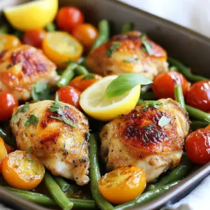 - 4 boneless, skinless chicken thighs - 2 cups fresh green beans, trimmed - 1 cup cherry tomatoes, halved - 3 cloves garlic, finely minced - 1 teaspoon smoked paprika - ½ teaspoon dried oregano - ½ teaspoon onion powder - 2 tablespoons extra virgin olive oil - Salt and freshly cracked pepper to taste - Zest of 1 lemon - Juice of 1 lemon - Fresh basil leaves for garnish (optional) This one pan chicken and green beans recipe includes a mix of fresh and tasty ingredients. The star of the dish is the chicken. I love using chicken thighs because they stay juicy. The green beans and cherry tomatoes add color and nutrition. You can adjust the amounts based on your needs or tastes. For seasonings, I use garlic, smoked paprika, oregano, and onion powder. This blend gives the dish great depth. The olive oil helps the spices stick. It also adds a nice richness. Don’t forget to season with salt and pepper to enhance all the flavors. You can add lemon zest and juice for a fresh twist. The lemon brightens the dish and balances the richness of the chicken. Fresh basil is a lovely touch for garnish. It adds a pop of color and flavor. Feel free to mix and match these ingredients. This recipe allows for creativity while keeping it simple and fun. You can enjoy a delicious meal that is easy to prepare and clean up. {{ingredient_image_2}} - Preheat your oven to 400°F (200°C). This is the perfect temperature for roasting. - In a large bowl, mix 2 tablespoons of olive oil, 1 teaspoon of smoked paprika, ½ teaspoon of oregano, ½ teaspoon of onion powder, and 3 minced garlic cloves. Add salt and pepper to taste. Stir well to blend all flavors. - Take 4 boneless, skinless chicken thighs and coat them with the marinade. Use your hands or utensils to ensure every piece is covered. - Let the chicken marinate for about 15 minutes. This adds flavor and makes it tender. - In a large oven-safe skillet, lay the marinated chicken thighs in a single layer. Leave space between each piece for even cooking. - Next, add 2 cups of trimmed green beans and 1 cup of halved cherry tomatoes around the chicken. This creates a colorful dish. - Drizzle fresh lemon juice over everything. This brightens the flavors beautifully. - Place the skillet in your preheated oven and roast for 25-30 minutes. The chicken should reach 165°F (74°C) on the inside. The green beans should be tender and bright. - For extra crispiness, switch to broil for 3-5 minutes at the end. Keep an eye on it to avoid burning. - Once done, take the skillet out of the oven and let it rest for a few minutes. This helps the juices settle. - If you like, garnish the dish with fresh basil leaves. They add a nice touch and extra flavor. - Choosing the Right Pan: Use a large, oven-safe skillet. A cast iron pan is great because it heats evenly. It also helps the chicken brown nicely. If you don’t have one, any oven-safe pan will work. - Layering Ingredients: Lay the chicken thighs flat in the pan. Leave space around them. This helps them cook well. Add green beans and cherry tomatoes around the chicken. This makes the dish colorful and tasty. - Marination Duration: Let the chicken sit in the marinade for at least 15 minutes. This gives the flavors time to soak in. If you have more time, marinate for up to an hour for a stronger taste. - Adjusting Spices: Feel free to change spices to fit your taste. You can add more garlic or even some chili flakes for heat. Taste as you go to find what you like best. - Thickness of Chicken Thighs: Thicker chicken thighs may need more time. If your thighs are over an inch thick, check them after 30 minutes. They should reach 165°F to be safe. - Green Beans Preferences: If you like your green beans crunchy, check them early. They usually take about 25 minutes to cook but can be done sooner. Keep an eye on them to get your perfect texture. Pro Tips Marinate Longer for Deeper Flavor: If time allows, marinate the chicken for 1-2 hours or even overnight in the refrigerator. This enhances the flavors and makes the chicken more tender. Use Fresh Ingredients: Fresh green beans and ripe cherry tomatoes make a significant difference in taste. Always opt for the freshest produce available for the best results. Experiment with Seasonings: Feel free to customize the marinade by adding your favorite herbs and spices, such as thyme, rosemary, or even a pinch of red pepper flakes for a kick. Check Chicken Temperature: Use an instant-read thermometer to ensure chicken is cooked to 165°F (74°C) for safety and optimal juiciness. Avoid cutting into the chicken to check for doneness, as this can cause juices to escape. {{image_4}} Chicken Breasts You can swap chicken thighs for chicken breasts. Chicken breasts are leaner. Adjust cooking time to 20-25 minutes. Check that they reach 165°F (74°C). Tofu For a plant-based option, use tofu. Press and cube firm tofu. Marinate it like the chicken. Roast for 20-25 minutes, until golden. Broccoli Broccoli is a great swap for green beans. Cut it into bite-sized florets. Add it to the pan with chicken. Roast for the same time. Asparagus Asparagus adds a nice crunch. Trim the ends and add it to the dish. It cooks quickly, so check it after 15-20 minutes. Mediterranean Twist Add olives and feta for a Mediterranean vibe. Use Italian herbs like basil and thyme. Drizzle with balsamic glaze before serving. Asian-Inspired Seasonings Try soy sauce and ginger for an Asian twist. Use sesame oil instead of olive oil. Serve with chopped green onions and sesame seeds. Refrigeration Guidelines You can store leftover chicken and green beans in an airtight container. Make sure to cool it to room temperature first. Place it in the fridge within two hours of cooking. It will stay fresh for up to three days. Freezing Options If you want to keep it longer, freezing is a great choice. Use a freezer-safe container or bag. This dish can last up to three months in the freezer. Just be sure to label it with the date. Best Methods for Reheating To reheat the dish, use an oven. Preheat it to 350°F (175°C). Place the chicken and green beans in an oven-safe dish. Cover it with foil to keep moisture. Heat for about 15-20 minutes, or until warm. Avoiding Dryness To avoid dry chicken, add a splash of chicken broth or water before reheating. This helps keep the chicken juicy and flavorful. How Long Does it Last? In the fridge, your leftovers can last three days. In the freezer, they can last up to three months. Always check for freshness before eating. Signs of Spoilage Look for any off smells or changes in color. If the chicken feels slimy or the green beans are mushy, it's best to throw it away. Always trust your senses when it comes to food safety. Yes, you can use frozen green beans. They make cooking faster and easier. Cooking Times for Frozen vs. Fresh: - Frozen green beans need about 5-7 minutes more cooking time. - Check their texture; they should be tender but bright green. - Fresh green beans cook in about 20-25 minutes total. You can serve many tasty sides with this dish. Side Dish Ideas: - A simple green salad pairs well. - Mashed potatoes add creaminess. - Rice or quinoa is great for extra carbs. - Crusty bread helps soak up juices. Yes, this recipe is great for meal prep. Suggestions for Prepping Ahead: - Cook a double batch and store leftovers. - Divide into meal containers for easy lunches. - Add extra veggies to boost nutrition. - Store in the fridge for up to 4 days. The chicken should reach 165°F (74°C). Internal Temperature Guidelines: - Use a meat thermometer to check. - Insert it into the thickest part of the thigh. - Let the chicken rest before serving for juiciness. This blog covers a tasty one-pan chicken dish with green beans and tomatoes. We explored the main ingredients, seasonings, and optional additions that enhance flavor. You learned how to prep and cook quickly, along with handy tips for one-pan meals. Whether swapping proteins or veggies, these variations keep meals exciting. Remember to store leftovers properly to enjoy later. With these steps, you can create a delicious meal with ease. Enjoy your time in the kitchen!