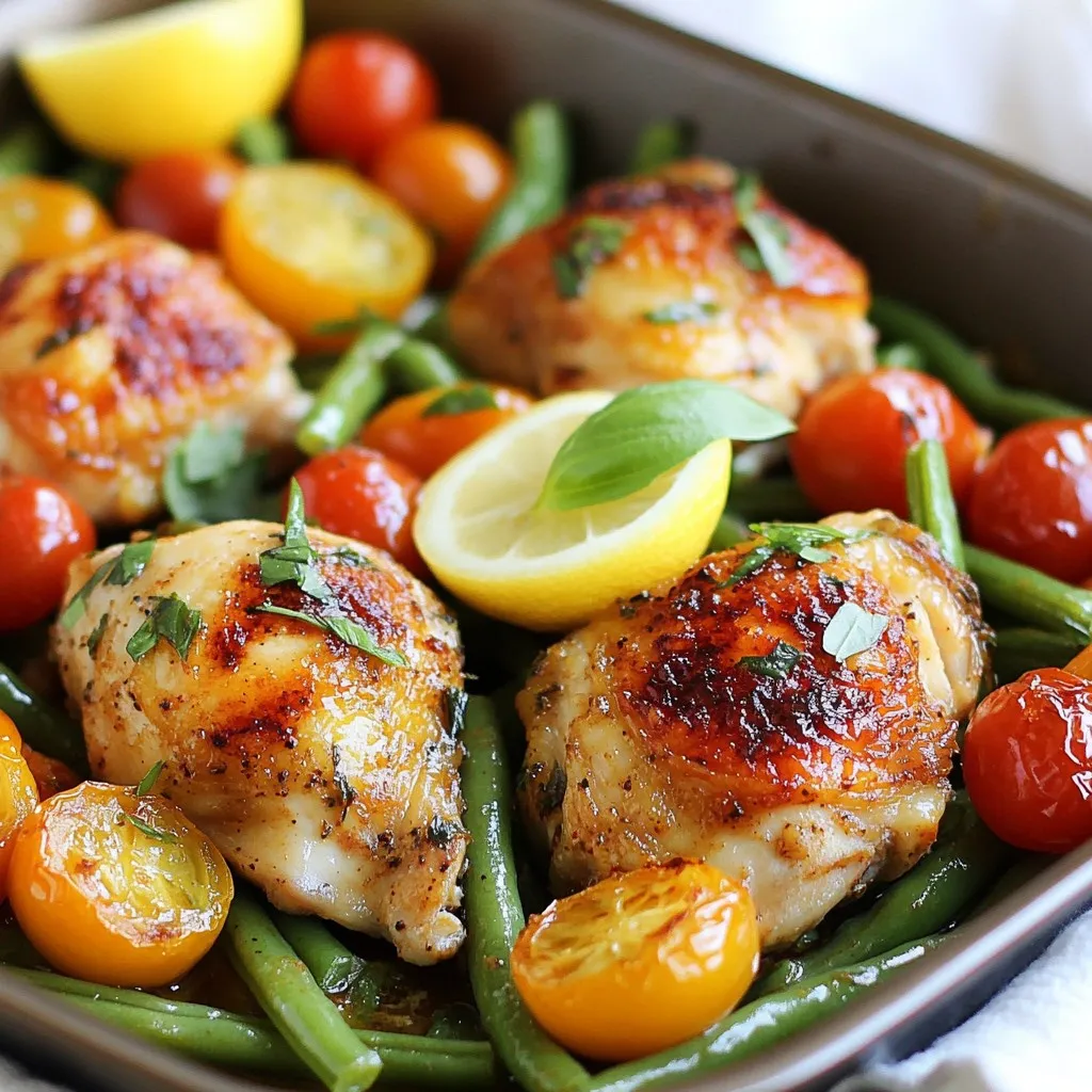- 4 boneless, skinless chicken thighs - 2 cups fresh green beans, trimmed - 1 cup cherry tomatoes, halved - 3 cloves garlic, finely minced - 1 teaspoon smoked paprika - ½ teaspoon dried oregano - ½ teaspoon onion powder - 2 tablespoons extra virgin olive oil - Salt and freshly cracked pepper to taste - Zest of 1 lemon - Juice of 1 lemon - Fresh basil leaves for garnish (optional) This one pan chicken and green beans recipe includes a mix of fresh and tasty ingredients. The star of the dish is the chicken. I love using chicken thighs because they stay juicy. The green beans and cherry tomatoes add color and nutrition. You can adjust the amounts based on your needs or tastes. For seasonings, I use garlic, smoked paprika, oregano, and onion powder. This blend gives the dish great depth. The olive oil helps the spices stick. It also adds a nice richness. Don’t forget to season with salt and pepper to enhance all the flavors. You can add lemon zest and juice for a fresh twist. The lemon brightens the dish and balances the richness of the chicken. Fresh basil is a lovely touch for garnish. It adds a pop of color and flavor. Feel free to mix and match these ingredients. This recipe allows for creativity while keeping it simple and fun. You can enjoy a delicious meal that is easy to prepare and clean up. {{ingredient_image_2}} - Preheat your oven to 400°F (200°C). This is the perfect temperature for roasting. - In a large bowl, mix 2 tablespoons of olive oil, 1 teaspoon of smoked paprika, ½ teaspoon of oregano, ½ teaspoon of onion powder, and 3 minced garlic cloves. Add salt and pepper to taste. Stir well to blend all flavors. - Take 4 boneless, skinless chicken thighs and coat them with the marinade. Use your hands or utensils to ensure every piece is covered. - Let the chicken marinate for about 15 minutes. This adds flavor and makes it tender. - In a large oven-safe skillet, lay the marinated chicken thighs in a single layer. Leave space between each piece for even cooking. - Next, add 2 cups of trimmed green beans and 1 cup of halved cherry tomatoes around the chicken. This creates a colorful dish. - Drizzle fresh lemon juice over everything. This brightens the flavors beautifully. - Place the skillet in your preheated oven and roast for 25-30 minutes. The chicken should reach 165°F (74°C) on the inside. The green beans should be tender and bright. - For extra crispiness, switch to broil for 3-5 minutes at the end. Keep an eye on it to avoid burning. - Once done, take the skillet out of the oven and let it rest for a few minutes. This helps the juices settle. - If you like, garnish the dish with fresh basil leaves. They add a nice touch and extra flavor. - Choosing the Right Pan: Use a large, oven-safe skillet. A cast iron pan is great because it heats evenly. It also helps the chicken brown nicely. If you don’t have one, any oven-safe pan will work. - Layering Ingredients: Lay the chicken thighs flat in the pan. Leave space around them. This helps them cook well. Add green beans and cherry tomatoes around the chicken. This makes the dish colorful and tasty. - Marination Duration: Let the chicken sit in the marinade for at least 15 minutes. This gives the flavors time to soak in. If you have more time, marinate for up to an hour for a stronger taste. - Adjusting Spices: Feel free to change spices to fit your taste. You can add more garlic or even some chili flakes for heat. Taste as you go to find what you like best. - Thickness of Chicken Thighs: Thicker chicken thighs may need more time. If your thighs are over an inch thick, check them after 30 minutes. They should reach 165°F to be safe. - Green Beans Preferences: If you like your green beans crunchy, check them early. They usually take about 25 minutes to cook but can be done sooner. Keep an eye on them to get your perfect texture. Pro Tips Marinate Longer for Deeper Flavor: If time allows, marinate the chicken for 1-2 hours or even overnight in the refrigerator. This enhances the flavors and makes the chicken more tender. Use Fresh Ingredients: Fresh green beans and ripe cherry tomatoes make a significant difference in taste. Always opt for the freshest produce available for the best results. Experiment with Seasonings: Feel free to customize the marinade by adding your favorite herbs and spices, such as thyme, rosemary, or even a pinch of red pepper flakes for a kick. Check Chicken Temperature: Use an instant-read thermometer to ensure chicken is cooked to 165°F (74°C) for safety and optimal juiciness. Avoid cutting into the chicken to check for doneness, as this can cause juices to escape. {{image_4}} Chicken Breasts You can swap chicken thighs for chicken breasts. Chicken breasts are leaner. Adjust cooking time to 20-25 minutes. Check that they reach 165°F (74°C). Tofu For a plant-based option, use tofu. Press and cube firm tofu. Marinate it like the chicken. Roast for 20-25 minutes, until golden. Broccoli Broccoli is a great swap for green beans. Cut it into bite-sized florets. Add it to the pan with chicken. Roast for the same time. Asparagus Asparagus adds a nice crunch. Trim the ends and add it to the dish. It cooks quickly, so check it after 15-20 minutes. Mediterranean Twist Add olives and feta for a Mediterranean vibe. Use Italian herbs like basil and thyme. Drizzle with balsamic glaze before serving. Asian-Inspired Seasonings Try soy sauce and ginger for an Asian twist. Use sesame oil instead of olive oil. Serve with chopped green onions and sesame seeds. Refrigeration Guidelines You can store leftover chicken and green beans in an airtight container. Make sure to cool it to room temperature first. Place it in the fridge within two hours of cooking. It will stay fresh for up to three days. Freezing Options If you want to keep it longer, freezing is a great choice. Use a freezer-safe container or bag. This dish can last up to three months in the freezer. Just be sure to label it with the date. Best Methods for Reheating To reheat the dish, use an oven. Preheat it to 350°F (175°C). Place the chicken and green beans in an oven-safe dish. Cover it with foil to keep moisture. Heat for about 15-20 minutes, or until warm. Avoiding Dryness To avoid dry chicken, add a splash of chicken broth or water before reheating. This helps keep the chicken juicy and flavorful. How Long Does it Last? In the fridge, your leftovers can last three days. In the freezer, they can last up to three months. Always check for freshness before eating. Signs of Spoilage Look for any off smells or changes in color. If the chicken feels slimy or the green beans are mushy, it's best to throw it away. Always trust your senses when it comes to food safety. Yes, you can use frozen green beans. They make cooking faster and easier. Cooking Times for Frozen vs. Fresh: - Frozen green beans need about 5-7 minutes more cooking time. - Check their texture; they should be tender but bright green. - Fresh green beans cook in about 20-25 minutes total. You can serve many tasty sides with this dish. Side Dish Ideas: - A simple green salad pairs well. - Mashed potatoes add creaminess. - Rice or quinoa is great for extra carbs. - Crusty bread helps soak up juices. Yes, this recipe is great for meal prep. Suggestions for Prepping Ahead: - Cook a double batch and store leftovers. - Divide into meal containers for easy lunches. - Add extra veggies to boost nutrition. - Store in the fridge for up to 4 days. The chicken should reach 165°F (74°C). Internal Temperature Guidelines: - Use a meat thermometer to check. - Insert it into the thickest part of the thigh. - Let the chicken rest before serving for juiciness. This blog covers a tasty one-pan chicken dish with green beans and tomatoes. We explored the main ingredients, seasonings, and optional additions that enhance flavor. You learned how to prep and cook quickly, along with handy tips for one-pan meals. Whether swapping proteins or veggies, these variations keep meals exciting. Remember to store leftovers properly to enjoy later. With these steps, you can create a delicious meal with ease. Enjoy your time in the kitchen!