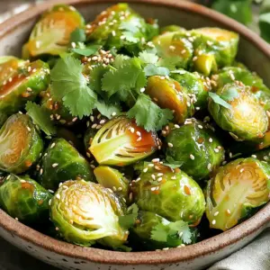 - 1 pound Brussels sprouts, cleaned and halved - 2 tablespoons extra-virgin olive oil - 3 tablespoons sweet chili sauce - 1 tablespoon low-sodium soy sauce - 1 tablespoon pure honey - 1 teaspoon garlic powder - 1 teaspoon ground ginger - Salt and freshly ground pepper to taste - Sesame seeds, toasted, for garnish - Fresh cilantro, finely chopped, for garnish For my Sweet Chili Glazed Brussels Sprouts, I start with fresh Brussels sprouts. I clean and halve them to let the glaze soak in. The olive oil adds a rich flavor and helps the sprouts crisp up nicely in the air fryer. Next, I mix the sweet chili sauce with soy sauce and honey for that perfect blend of sweet and savory. Garlic powder and ground ginger enhance the flavor, making each bite a joy. I finish with a sprinkle of salt and pepper to balance the taste. I like to use sesame seeds and cilantro as garnishes. They add a nice crunch and a pop of color. Each ingredient plays a role in making these Brussels sprouts a delightful dish, perfect for any meal! 1. Preheat air fryer. Set your air fryer to 375°F (190°C). This helps the sprouts get crispy. 2. Clean and halve Brussels sprouts. Rinse them well under cold water. Slice each sprout in half. This helps them cook evenly. 3. Whisk glaze ingredients. In a small bowl, mix sweet chili sauce, soy sauce, honey, garlic powder, ground ginger, salt, and pepper. Whisk until smooth. 1. Toss Brussels sprouts with oil. In a large bowl, add the halved Brussels sprouts. Pour in the olive oil. Mix well so every sprout is shiny. 2. Coat with glaze. Drizzle your prepared glaze over the sprouts. Toss again to ensure each piece gets the tasty sauce. 3. Air fry process. Place the coated Brussels sprouts in the air fryer basket. Keep them in a single layer. Cook for 15-18 minutes. Shake the basket halfway for even cooking. 1. Transfer to serving dish. Once done, take the Brussels sprouts out of the air fryer carefully. They will be hot! 2. Garnish with sesame seeds and cilantro. Sprinkle toasted sesame seeds on top. Add chopped cilantro for a fresh touch. Drizzle any leftover sauce over the sprouts for extra flavor. To clean Brussels sprouts, rinse them under cold water. Trim the ends and remove any yellow leaves. Halve each sprout for even cooking. This helps them cook well and soak up the sauce. For the best results, use extra-virgin olive oil. It adds flavor and helps the sprouts crisp up nicely. Toss the halved sprouts in the oil until they shine. To ensure even cooking, place the Brussels sprouts in a single layer. If you overcrowd the basket, they may steam instead of crisp. Shake the basket halfway through cooking. This helps them brown evenly. Cooking times can vary by air fryer model. Start with 15 minutes at 375°F. Check for doneness; they should be golden brown and crispy. If needed, add a few extra minutes. For a creative touch, serve the Brussels sprouts in a rustic bowl. This makes them look inviting. Garnish with toasted sesame seeds for crunch. Fresh cilantro adds a pop of color and flavor. These Brussels sprouts pair well with grilled chicken or rice. You can also serve them as a snack or side dish. Their sweet and spicy glaze makes them a hit at any meal. {{image_4}} You can easily change the taste of these Brussels sprouts. For a spicy kick, add chili flakes. Just sprinkle a bit on before cooking. It brings heat and bold flavor. If you prefer sweetness, use maple syrup instead of honey. This gives a rich, sweet depth that pairs well with the sprouts. You can make these Brussels sprouts fit your diet. For a gluten-free option, choose gluten-free soy sauce. This will keep the dish safe and tasty. If you want a vegan version, swap honey for agave syrup. This change keeps the glaze sweet and plant-based. These Brussels sprouts shine as a side dish. Serve them next to grilled chicken or fish for a complete meal. You can also enjoy them as a main dish. Add proteins like chickpeas or tofu to make it filling. The sprouts balance well with many flavors, so mix and match! To keep your sweet chili glazed Brussels sprouts fresh, store them in the fridge. Use an airtight container to prevent moisture loss. You can also use a glass jar if you prefer. Make sure the sprouts cool down before sealing them. This helps keep them crisp and tasty. To reheat your Brussels sprouts in the air fryer, set it to 350°F (175°C). Place the sprouts in the basket and air fry for about 5-7 minutes. This method keeps them crispy. If you don’t have an air fryer, you can use an oven. Preheat it to 350°F (175°C) and bake for 10-15 minutes. A microwave is another option, but it may make them soft. Heat for about 1-2 minutes, checking often. These Brussels sprouts can last in the fridge for up to 3 days. After that, they may lose flavor and texture. Always check for any signs of spoilage before eating. Enjoying them fresh gives the best taste and crunch! How do I make Brussels sprouts crispy? To make Brussels sprouts crispy, you need to coat them well. Use olive oil to coat each sprout. The air fryer also helps by circulating hot air. Air frying at the right temperature is key. Shake them halfway through cooking for even crispiness. Can I use frozen Brussels sprouts? Yes, you can use frozen Brussels sprouts. Just note that they might not get as crispy. Thaw them first and pat them dry. This step helps to remove excess moisture before cooking. What can I substitute for sweet chili sauce? If you don't have sweet chili sauce, you can mix honey with sriracha. This mix gives sweetness and spice. You can also use teriyaki sauce for a different flavor. What temperature and time should I cook Brussels sprouts in an air fryer? Cook Brussels sprouts at 375°F (190°C). Air fry them for 15 to 18 minutes. Check them halfway through and shake the basket for even cooking. How do I know when the Brussels sprouts are done? Brussels sprouts are done when they turn golden brown and crispy. You can poke them with a fork. If they are tender inside, they are ready to eat. Alternatives for soy sauce If you need an alternative for soy sauce, try coconut aminos. It has a similar taste and is soy-free. You could also use tamari for a gluten-free option. Substitutions for honey in recipes For a honey substitute, maple syrup works well. You can also use agave nectar. Both options add sweetness without changing the flavor much. This post explored how to make tasty air-fried Brussels sprouts. We discussed key ingredients like olive oil and sweet chili sauce, then shared step-by-step cooking instructions. I provided tips for getting them crispy and presented ways to serve them creatively. We also covered variations for different diets and storage tips. In closing, Brussels sprouts can be simple yet satisfying. With the right approach, you can enjoy this dish in many ways. Try them out and enjoy your meal!