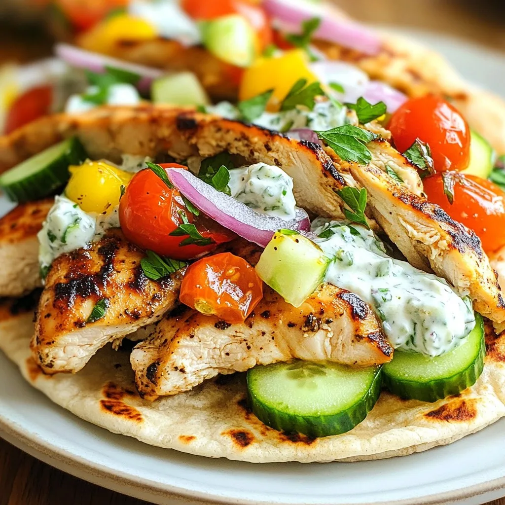To make Quick Mediterranean Chicken Gyros, you will need: - 1 lb boneless, skinless chicken thighs - 2 tablespoons extra virgin olive oil - 2 teaspoons dried oregano - 1 teaspoon garlic powder - 1 teaspoon smoked paprika - 1 teaspoon sea salt - ½ teaspoon freshly ground black pepper - 4 whole wheat pita breads - 1 cup tzatziki sauce (store-bought or homemade) - 1 cup cherry tomatoes, halved - 1 cup cucumber, diced - ½ red onion, thinly sliced - Fresh parsley leaves for garnish For the best flavor, choose high-quality ingredients. Look for fresh chicken thighs from a trusted source. Extra virgin olive oil should be cold-pressed for more taste. Use dried oregano that smells strong and fresh. For spices, go for brands that you trust and enjoy. Tzatziki sauce can be homemade for better flavor, but many store-bought options work well too. Fresh vegetables should be firm and brightly colored, as they add crunch and taste. You can easily swap ingredients based on your taste. If you prefer chicken breasts, they will work, but thighs stay juicier. For oil, you can use avocado oil if that’s what you have. If you want a spice kick, add cayenne pepper to the mix. Whole wheat pita can be replaced with any flatbread or even lettuce wraps for a low-carb option. You can also try Greek yogurt mixed with herbs as a tzatziki alternative. Don't hesitate to mix and match! {{ingredient_image_2}} To start, get a medium bowl. Add 1 lb of boneless, skinless chicken thighs. Then, pour in 2 tablespoons of extra virgin olive oil. Next, sprinkle in 2 teaspoons of dried oregano, 1 teaspoon of garlic powder, and 1 teaspoon of smoked paprika. Add 1 teaspoon of sea salt and ½ teaspoon of freshly ground black pepper. Mix everything well, so the chicken is fully coated. Let it marinate for at least 15 minutes. If you have more time, let it sit in the fridge for up to 2 hours. This wait helps the chicken soak up all those tasty flavors. Now, heat a large skillet or grill pan over medium-high heat. When it’s hot, add the marinated chicken thighs. Cook them for about 6-7 minutes on each side. You want the chicken to be golden brown and reach an internal temperature of 165°F. Once it’s done, take the chicken off the heat and let it rest for a few minutes. This resting time keeps the juices inside, making the chicken tender. After resting, slice the chicken thighs into thin, bite-sized strips. This makes it easy to assemble your gyros. Now, let's warm the pita. Use the same skillet or grill pan you cooked the chicken in. Lightly warm 4 whole wheat pita breads for about 1 minute on each side. Keep an eye on them to make sure they don’t burn. With the chicken sliced and the pita warm, you’re ready to build those delicious gyros! To get juicy chicken, use boneless, skinless thighs. They stay moist as they cook. Marinate the chicken for at least 15 minutes. This helps the flavors soak in. If you have time, marinate for two hours in the fridge. This makes a big difference in taste and texture. Cook the chicken until it's golden brown and reaches 165°F. Let it rest before slicing. Resting helps keep the juices in. A great marinade makes a big impact. Mix olive oil, oregano, garlic powder, smoked paprika, sea salt, and black pepper. This simple mix adds depth to the chicken. The olive oil helps the spices stick. Oregano gives that classic Mediterranean taste. You can adjust the spices to your liking. Try adding lemon juice for a bright kick. The longer you marinate, the better the flavor. How you serve your gyros matters! Warm the pita bread in the same pan after the chicken. This keeps it soft and adds flavor. Spread tzatziki sauce on the warm pita first. Then layer on the sliced chicken, cherry tomatoes, cucumber, and onion. Finish with fresh parsley for color. Serve on a wooden board with lemon wedges and extra tzatziki. This makes it fun and inviting! Pro Tips Marination Magic: The longer you marinate the chicken, the more flavorful it becomes. Aim for at least 2 hours in the refrigerator for the best results. Perfect Chicken Sear: Ensure your skillet is hot before adding the chicken to achieve a beautiful golden-brown sear, which adds depth of flavor. Pita Perfection: Warm the pitas just enough to make them pliable, but avoid overcooking as they can become too crispy and difficult to roll. Fresh Toppings: Use fresh vegetables for toppings to add a delightful crunch and vibrant color, enhancing both the taste and presentation of your gyros. {{image_4}} You can switch chicken for other meats. Try lamb for a richer taste. Pork is great, too, adding a nice flavor. If you like beef, use ground beef for a different texture. Just season it well, like chicken, for the best taste. Want a meat-free meal? Use grilled eggplant or zucchini. They add a nice smoky flavor. You can also use chickpeas. Roast them with spices for a crunchy bite. Another option is falafel, which is tasty and filling. Toppings can change your gyros game. Try adding pickled vegetables for tang. Feta cheese adds creaminess. You can also use olives or roasted red peppers for extra flavor. For sauces, swap tzatziki for hummus or a spicy harissa. Each option brings a new twist to your meal! Store leftover chicken gyros in an airtight container. They stay fresh for up to three days. Keep the chicken and toppings separate if you can. This helps maintain texture and flavor. You can freeze the marinated chicken for up to three months. Use a freezer-safe bag or container. Thaw it overnight in the fridge before cooking. However, I do not recommend freezing the assembled gyros. They lose their crispness after thawing. To reheat the chicken, use a skillet over medium heat. Cook for about 5 minutes until hot. You can warm the pita bread in the same skillet. This makes it soft again. For toppings, add fresh ingredients like tomatoes and cucumbers after reheating. Enjoy your gyros just like fresh! Chicken gyros can last for up to three days in the fridge. To keep them fresh, store the gyro components separately. This way, the pita stays soft, and the chicken remains juicy. Yes, you can use chicken breasts. Breasts are leaner than thighs. They may cook faster, so watch them closely. You might want to adjust the cooking time to avoid dry chicken. Tzatziki sauce is made from yogurt, cucumber, garlic, and herbs. You can find it in stores or make it at home. Combining these fresh ingredients gives the sauce a cool and creamy taste. This post covered the key elements to make delicious chicken gyros. We talked about ingredients, cooking steps, tips for texture, and flavor enhancements. You can explore variations like different proteins and toppings. Remember to follow the storage tips to keep your gyros fresh. Try out the ideas and enjoy making chicken gyros your way. The right techniques will lead to tasty results every time. Happy cooking!
