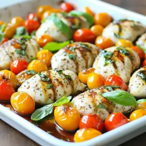 - 4 boneless, skinless chicken breasts - 2 cups cherry tomatoes, halved - 2 cups fresh mozzarella balls (bocconcini) - 1/4 cup fresh basil leaves, chopped - 3 tablespoons balsamic glaze - 2 tablespoons olive oil - 3 cloves garlic, minced - Salt and pepper to taste - 1 teaspoon dried oregano - Chicken breasts: These are lean and cook quickly. They soak up flavors well. - Cherry tomatoes: Sweet and juicy, they burst with flavor when roasted. - Fresh mozzarella: Soft and creamy, it melts beautifully on top of the chicken. - Basil leaves: They add freshness and a nice aroma to the dish. - Balsamic glaze: This adds a sweet and tangy finish, enhancing the meal's flavor. - For chicken, brands like Perdue or Tyson offer quality options. - Try Galbani for fresh mozzarella, known for its rich taste. - Use a high-quality balsamic glaze, like Colavita, for the best results. - You can swap cherry tomatoes with grape tomatoes for a sweeter twist. {{ingredient_image_2}} Start by preheating your oven to 400&deg;F (200&deg;C). This temperature cooks the chicken well. While the oven warms, line a large baking sheet with parchment paper. This makes cleanup easy and keeps the chicken moist. In a small bowl, mix olive oil, minced garlic, dried oregano, salt, and pepper. Use a whisk to blend them well. The marinade will add a lot of flavor to the chicken. Place the chicken breasts on your lined baking sheet. Take the marinade and coat both sides of each chicken breast. Make sure the chicken is well covered. Next, add the halved cherry tomatoes around the chicken. Drizzle a bit of olive oil on the tomatoes and sprinkle some salt and pepper. This will bring out their sweetness. Now, put the baking sheet in the oven and bake for about 20 minutes. After 20 minutes, take out the pan carefully. Top each chicken breast with mozzarella balls. Return the pan to the oven for another 10 minutes. This step melts the cheese and ensures the chicken reaches 165&deg;F (75&deg;C). When done, drizzle balsamic glaze over the chicken and tomatoes. Finish by adding fresh basil on top for a burst of flavor. To cook chicken just right, start with even-sized pieces. Use boneless, skinless chicken breasts for best results. Before cooking, apply a flavorful marinade. This adds taste and keeps the chicken moist. Always check the internal temperature. It should reach 165&deg;F (75&deg;C) for safety. Don&rsquo;t rush; let the chicken rest for a few minutes after baking. This helps the juices settle. Seasoning is key for great flavor. Start with salt and pepper to enhance the natural taste of the chicken. Use garlic for a rich aroma. Dried oregano adds a nice herby touch. You can also try fresh herbs like basil or thyme. Drizzling balsamic glaze at the end gives a sweet and tangy kick. Mix and match to find your favorite flavor combo! For this easy recipe, you need a few basic tools. A large baking sheet is essential for even cooking. Parchment paper makes cleanup simple. A whisk helps mix your marinade well. Use a meat thermometer to ensure chicken cooks perfectly. A good knife makes cutting herbs quick and easy. With these tools, your cooking will be smooth and enjoyable. Pro Tips Marinate for More Flavor: Consider marinating the chicken for at least 30 minutes or up to overnight for maximum flavor infusion. Use Fresh Ingredients: Opt for fresh basil and ripe cherry tomatoes to enhance the dish's aroma and taste. Check Chicken Temperature: Use a meat thermometer to ensure the chicken reaches an internal temperature of 165&deg;F (75&deg;C) for safe consumption. Customize Your Cheese: Feel free to experiment with different types of cheese like burrata or feta for a unique twist on this classic dish. {{image_4}} You can swap chicken for other proteins. Try using turkey breasts or shrimp. Both options cook well on a sheet pan. Turkey gives you a lean choice, while shrimp adds a quick-cooking twist. Just adjust cooking times. Shrimp cooks faster, about 10 minutes total. Turkey breasts might need an extra few minutes. Always check for safe internal temperatures. For a vegetarian dish, use eggplant or zucchini in place of chicken. Slice the veggies thick and season them well. If you want a vegan option, substitute chicken with firm tofu. Press it to remove excess water, then marinate like the chicken. This way, it absorbs all the tasty flavors. Top with vegan mozzarella for that cheesy goodness. Use seasonal ingredients to enhance the dish. In summer, add fresh basil and ripe heirloom tomatoes for rich flavor. In fall, consider butternut squash or Brussels sprouts for a heartier meal. These ingredients bring new tastes and colors to your plate. Always aim for fresh, local produce for the best flavor. This keeps your dish exciting and fresh all year round. After enjoying your Caprese chicken, let it cool down. Place leftovers in a tight container. It will stay fresh for up to three days in the fridge. Keep the chicken and veggies together for the best flavor. To reheat, use the oven for the best taste. Preheat your oven to 350&deg;F (175&deg;C). Place the chicken and tomatoes on a baking sheet. Heat for about 15 minutes or until warm. You can also use a microwave. Just cover the dish and heat for 1-2 minutes. Check to make sure it&rsquo;s warm all the way through. If you want to save some for later, freezing is a great option. Wrap the chicken and veggies tightly in plastic wrap. Then place them in a freezer bag. This helps prevent freezer burn. You can freeze it for up to three months. To thaw, move it to the fridge overnight before reheating. This keeps the chicken juicy and tasty. Caprese-style chicken brings Italy's classic Caprese salad to a chicken dish. It features fresh mozzarella, tomatoes, basil, and a drizzle of balsamic glaze. This combination offers a bright, fresh flavor. The juicy chicken pairs perfectly with the creamy cheese and sweet tomatoes. Each bite feels like a taste of summer. To prepare this dish in advance, marinate the chicken first. Coat it with the olive oil mixture and place it in the fridge. You can cut the tomatoes and chop the basil too. Store these items separately to keep them fresh. On cooking day, just arrange everything on the sheet pan and bake. This saves time and keeps flavors fresh. Yes, you can switch cheeses based on your taste. Try using sliced provolone or goat cheese for a twist. These cheeses melt well and add a different flavor to the dish. Remember, the key is to use a cheese that melts nicely, enhancing the dish's creamy texture. Caprese chicken goes well with many sides. Consider serving it with: - Garlic bread - Quinoa salad - Roasted vegetables - A simple green salad - Pasta tossed in olive oil These sides complement the chicken's flavors and make a complete meal. This blog post covered essential steps for making Caprese-style chicken. You learned key ingredients, how to prepare and bake, and some handy tips. We also discussed variations, storage, and common questions. Incorporating these ideas will help you create a tasty meal. Enjoy experimenting with flavors and ingredients. With practice, you&rsquo;ll make a dish that everyone loves. Remember, cooking should be fun and rewarding!
