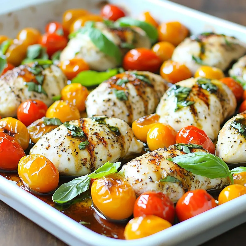 - 4 boneless, skinless chicken breasts - 2 cups cherry tomatoes, halved - 2 cups fresh mozzarella balls (bocconcini) - 1/4 cup fresh basil leaves, chopped - 3 tablespoons balsamic glaze - 2 tablespoons olive oil - 3 cloves garlic, minced - Salt and pepper to taste - 1 teaspoon dried oregano - Chicken breasts: These are lean and cook quickly. They soak up flavors well. - Cherry tomatoes: Sweet and juicy, they burst with flavor when roasted. - Fresh mozzarella: Soft and creamy, it melts beautifully on top of the chicken. - Basil leaves: They add freshness and a nice aroma to the dish. - Balsamic glaze: This adds a sweet and tangy finish, enhancing the meal's flavor. - For chicken, brands like Perdue or Tyson offer quality options. - Try Galbani for fresh mozzarella, known for its rich taste. - Use a high-quality balsamic glaze, like Colavita, for the best results. - You can swap cherry tomatoes with grape tomatoes for a sweeter twist. {{ingredient_image_2}} Start by preheating your oven to 400°F (200°C). This temperature cooks the chicken well. While the oven warms, line a large baking sheet with parchment paper. This makes cleanup easy and keeps the chicken moist. In a small bowl, mix olive oil, minced garlic, dried oregano, salt, and pepper. Use a whisk to blend them well. The marinade will add a lot of flavor to the chicken. Place the chicken breasts on your lined baking sheet. Take the marinade and coat both sides of each chicken breast. Make sure the chicken is well covered. Next, add the halved cherry tomatoes around the chicken. Drizzle a bit of olive oil on the tomatoes and sprinkle some salt and pepper. This will bring out their sweetness. Now, put the baking sheet in the oven and bake for about 20 minutes. After 20 minutes, take out the pan carefully. Top each chicken breast with mozzarella balls. Return the pan to the oven for another 10 minutes. This step melts the cheese and ensures the chicken reaches 165°F (75°C). When done, drizzle balsamic glaze over the chicken and tomatoes. Finish by adding fresh basil on top for a burst of flavor. To cook chicken just right, start with even-sized pieces. Use boneless, skinless chicken breasts for best results. Before cooking, apply a flavorful marinade. This adds taste and keeps the chicken moist. Always check the internal temperature. It should reach 165°F (75°C) for safety. Don’t rush; let the chicken rest for a few minutes after baking. This helps the juices settle. Seasoning is key for great flavor. Start with salt and pepper to enhance the natural taste of the chicken. Use garlic for a rich aroma. Dried oregano adds a nice herby touch. You can also try fresh herbs like basil or thyme. Drizzling balsamic glaze at the end gives a sweet and tangy kick. Mix and match to find your favorite flavor combo! For this easy recipe, you need a few basic tools. A large baking sheet is essential for even cooking. Parchment paper makes cleanup simple. A whisk helps mix your marinade well. Use a meat thermometer to ensure chicken cooks perfectly. A good knife makes cutting herbs quick and easy. With these tools, your cooking will be smooth and enjoyable. Pro Tips Marinate for More Flavor: Consider marinating the chicken for at least 30 minutes or up to overnight for maximum flavor infusion. Use Fresh Ingredients: Opt for fresh basil and ripe cherry tomatoes to enhance the dish's aroma and taste. Check Chicken Temperature: Use a meat thermometer to ensure the chicken reaches an internal temperature of 165°F (75°C) for safe consumption. Customize Your Cheese: Feel free to experiment with different types of cheese like burrata or feta for a unique twist on this classic dish. {{image_4}} You can swap chicken for other proteins. Try using turkey breasts or shrimp. Both options cook well on a sheet pan. Turkey gives you a lean choice, while shrimp adds a quick-cooking twist. Just adjust cooking times. Shrimp cooks faster, about 10 minutes total. Turkey breasts might need an extra few minutes. Always check for safe internal temperatures. For a vegetarian dish, use eggplant or zucchini in place of chicken. Slice the veggies thick and season them well. If you want a vegan option, substitute chicken with firm tofu. Press it to remove excess water, then marinate like the chicken. This way, it absorbs all the tasty flavors. Top with vegan mozzarella for that cheesy goodness. Use seasonal ingredients to enhance the dish. In summer, add fresh basil and ripe heirloom tomatoes for rich flavor. In fall, consider butternut squash or Brussels sprouts for a heartier meal. These ingredients bring new tastes and colors to your plate. Always aim for fresh, local produce for the best flavor. This keeps your dish exciting and fresh all year round. After enjoying your Caprese chicken, let it cool down. Place leftovers in a tight container. It will stay fresh for up to three days in the fridge. Keep the chicken and veggies together for the best flavor. To reheat, use the oven for the best taste. Preheat your oven to 350°F (175°C). Place the chicken and tomatoes on a baking sheet. Heat for about 15 minutes or until warm. You can also use a microwave. Just cover the dish and heat for 1-2 minutes. Check to make sure it’s warm all the way through. If you want to save some for later, freezing is a great option. Wrap the chicken and veggies tightly in plastic wrap. Then place them in a freezer bag. This helps prevent freezer burn. You can freeze it for up to three months. To thaw, move it to the fridge overnight before reheating. This keeps the chicken juicy and tasty. Caprese-style chicken brings Italy's classic Caprese salad to a chicken dish. It features fresh mozzarella, tomatoes, basil, and a drizzle of balsamic glaze. This combination offers a bright, fresh flavor. The juicy chicken pairs perfectly with the creamy cheese and sweet tomatoes. Each bite feels like a taste of summer. To prepare this dish in advance, marinate the chicken first. Coat it with the olive oil mixture and place it in the fridge. You can cut the tomatoes and chop the basil too. Store these items separately to keep them fresh. On cooking day, just arrange everything on the sheet pan and bake. This saves time and keeps flavors fresh. Yes, you can switch cheeses based on your taste. Try using sliced provolone or goat cheese for a twist. These cheeses melt well and add a different flavor to the dish. Remember, the key is to use a cheese that melts nicely, enhancing the dish's creamy texture. Caprese chicken goes well with many sides. Consider serving it with: - Garlic bread - Quinoa salad - Roasted vegetables - A simple green salad - Pasta tossed in olive oil These sides complement the chicken's flavors and make a complete meal. This blog post covered essential steps for making Caprese-style chicken. You learned key ingredients, how to prepare and bake, and some handy tips. We also discussed variations, storage, and common questions. Incorporating these ideas will help you create a tasty meal. Enjoy experimenting with flavors and ingredients. With practice, you’ll make a dish that everyone loves. Remember, cooking should be fun and rewarding!