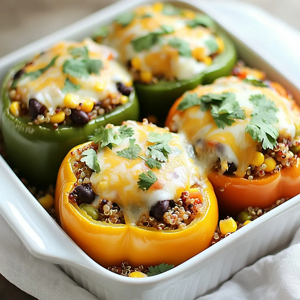 - 4 large bell peppers (mix colors for a fun look) - 1 cup quinoa, well rinsed - 2 cups vegetable broth (or water) - 1 can (15 oz) black beans, drained and rinsed - 1 cup corn (fresh, frozen, or canned) - 1 medium onion, finely diced - 2 cloves garlic, minced - 1 teaspoon ground cumin - 1 teaspoon smoked paprika - 1 teaspoon chili powder - Salt and freshly ground black pepper to taste - 1 cup shredded cheese (cheddar or Monterey Jack) - Fresh cilantro or parsley, chopped, for garnish To get the best results, measure your ingredients carefully. Use a dry measuring cup for quinoa. For liquids, use a liquid measuring cup. When measuring spices, level them off with a knife for accuracy. This way, each flavor shines through in your dish. You can switch out quinoa for rice or couscous if you prefer. Instead of black beans, try kidney beans or lentils for a different twist. If you want to skip cheese, use avocado or a sprinkle of nutritional yeast for a vegan option. Fresh herbs like basil or dill can add a unique flavor too. {{ingredient_image_2}} Start by preheating your oven to 375°F (190°C). Take your bell peppers and slice off the tops. Remove the seeds and membranes carefully. This step is key for a clean look. After cleaning, place the peppers upside down in a baking dish. This keeps them sturdy while cooking. In a medium saucepan, mix 1 cup of rinsed quinoa with 2 cups of vegetable broth or water. Bring it to a boil, then lower the heat and cover it. Let it simmer for 15 minutes. You want the quinoa to be fluffy and absorb all the liquid. While it cooks, heat some olive oil in a large skillet over medium heat. Add a diced onion and sauté for about 3-4 minutes until soft. Then, add minced garlic, cumin, smoked paprika, chili powder, salt, and pepper. Cook for one more minute so the spices release their flavor. Next, stir in the black beans and corn. Mix well until everything is combined. Once your quinoa is done, fold it into the skillet mixture. Stir well to combine everything. Now, spoon the filling into each bell pepper. Press down lightly to pack it in. Top with shredded cheese. Pour a little water into the bottom of the baking dish to help steam the peppers. Cover it tightly with aluminum foil and bake for 25 minutes. After that, remove the foil and bake for another 10 minutes. This helps the cheese melt and bubble. Once they are done, let them cool for a moment. Garnish with chopped cilantro or parsley for freshness. Enjoy your tasty stuffed peppers! To cook quinoa well, start by rinsing it under cold water. This helps remove the bitter taste. Use a 1:2 ratio of quinoa to broth. Bring it to a boil, then reduce the heat. Cover and simmer for about 15 minutes. After that, let it sit for 5 minutes before fluffing it with a fork. This method gives you fluffy quinoa every time. Feel free to change the spice levels. If you like heat, add more chili powder or a dash of cayenne. For a milder taste, reduce the chili powder or even skip it. You can also try adding herbs like oregano or basil for more flavor. Taste the mixture before you fill the peppers. This way, you can adjust the spices to suit your taste. Presentation matters when serving stuffed peppers. Use a colorful platter to make the dish pop. Drizzle some high-quality olive oil over the stuffed peppers. This adds shine and flavor. Top with chopped cilantro or parsley for a fresh look. You can even serve them with a side salad. This makes the meal feel complete and vibrant. Pro Tips Choose Colorful Peppers: Opt for a mix of red, yellow, and green bell peppers to enhance the visual appeal of your dish. Rinse Quinoa Thoroughly: Ensure to rinse the quinoa well before cooking to remove its natural bitterness and achieve a fluffier texture. Customize the Filling: Feel free to add other vegetables, such as diced zucchini or spinach, to the filling for extra nutrition and flavor. Serve with a Sauce: Consider drizzling a spicy salsa or avocado crema over the stuffed peppers for an added layer of flavor. {{image_4}} Stuffed peppers are fun because you can change them up in many ways. Each version can bring new flavors and textures. Here are some great ideas. If you love meat, try adding ground beef or turkey. Brown the meat first, then mix it with the veggies and quinoa. You can also use sausage for a spicy kick. Just cook it until browned and crumbly. Here’s how to make it tasty: - Add 1 pound of ground meat to the onion and garlic. - Cook until the meat is no longer pink. - Mix in black beans and corn as usual. This will make your stuffed peppers heartier and more filling. For a vegetarian or vegan option, skip the meat and focus on rich flavors. You can add more beans or mushrooms for that hearty feel. Consider these choices: - Use 1 can of lentils instead of meat. - Add extra veggies like zucchini or spinach for more nutrients. - Replace cheese with a vegan cheese or skip it entirely. These swaps keep your meal healthy and delicious without losing flavor. You can also play with the grains you use. Quinoa is great, but other options work well too. Here are some grains to try: - Brown rice gives a nutty taste. - Farro adds a chewy texture. - Couscous cooks quickly and is light. Mixing in different grains can change the dish and keep it fresh. You can also try different herbs and spices. Fresh basil or oregano can add a nice touch, while a dash of hot sauce can spice things up. Feel free to experiment! Store leftover stuffed peppers in an airtight container. Let them cool first. Place a layer of paper towel inside to absorb moisture. This helps keep them fresh longer. Refrigerate the peppers. They will stay good for up to four days. For best taste, eat them within two days. To reheat, use the oven for the best texture. Preheat the oven to 350°F (175°C). Place the stuffed peppers in a baking dish. Cover them with foil to avoid drying out. Heat for about 15-20 minutes. Check if they are warm in the center. You can also use a microwave. Heat on medium power for 2-3 minutes. Stir halfway for even warming. Freezing stuffed peppers is easy. First, let them cool completely. Wrap each pepper in plastic wrap. Then, place them in a freezer-safe bag. Remove as much air as possible. They can be frozen for up to three months. To cook from frozen, bake them at 375°F (190°C). Add 10-15 minutes to the cooking time. Enjoy a quick meal anytime! Yes, you can prepare stuffed peppers ahead of time. Simply make the filling and stuff the peppers. Cover them tightly and store in the fridge. You can keep them for up to two days. When ready to cook, just bake them straight from the fridge. This saves time on busy days. Stuffed peppers pair well with many sides. Here are some great options: - A fresh green salad - Garlic bread - Rice or quinoa - Steamed vegetables - A light soup These sides complement the peppers and add balance to your meal. You will know the stuffed peppers are done when the peppers are tender. The cheese should be melted and bubbly. This usually takes about 35 minutes in the oven. You can also check the filling's temperature. It should reach 165°F (74°C) for safe eating. If the peppers are soft and the filling is hot, they are ready to serve! In this blog post, we explored how to prepare classic stuffed peppers. We examined the key ingredients, measuring tips, and substitutions. You learned step-by-step instructions for prepping, cooking, and baking. I shared best practices for cooking quinoa and adjusting flavors. We discussed variations, storage tips, and answered common questions. Stuffed peppers are versatile and a great dish for everyone. Get creative with flavors and enjoy them often!