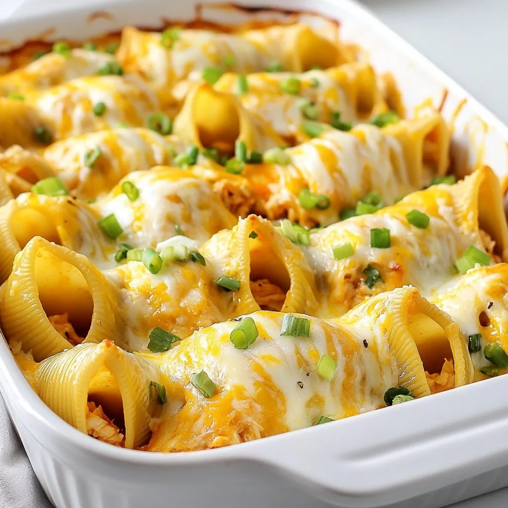 - 20 jumbo pasta shells - 2 cups cooked chicken, shredded - 1 cup buffalo sauce - 1 cup cream cheese, softened - 1 cup ranch dressing - 1 cup mozzarella cheese, shredded - 1/2 cup blue cheese crumbles (optional) - 2 tablespoons green onions, thinly sliced - Salt and pepper to taste - Cooking spray or oil for greasing Cream cheese makes the filling rich and creamy. It balances the heat from the buffalo sauce. This sauce is key for that spicy kick. You can adjust the amount based on your taste. The cream cheese and buffalo sauce together create a flavorful blend that makes these shells a delight. Blue cheese crumbles add a sharp taste. They enhance the overall flavor of the dish. If you love blue cheese, sprinkle some into the filling. It gives an extra layer of taste. You can also use it as a topping if you like. {{ingredient_image_2}} Start by preheating your oven to 375°F (190°C). This helps the shells bake evenly. Next, bring a large pot of salted water to a rolling boil. Gently add the jumbo pasta shells. Cook them according to the package instructions until they are al dente, which means they should be firm when you bite them. Once cooked, drain the pasta in a colander. Let them cool for a few minutes. This step is important to avoid burns when stuffing the shells. In a large mixing bowl, combine the shredded chicken, buffalo sauce, cream cheese, ranch dressing, and half of the mozzarella cheese. If you love blue cheese, add those crumbles too! Use a fork or spatula to mix everything well until it’s smooth. Taste the mixture and add salt and pepper as needed. Adjust the buffalo sauce if you want more heat. Lightly grease a 9x13-inch baking dish with cooking spray or oil. This helps the shells not stick. Now, take each cooled shell and fill it with the buffalo chicken mixture. Use a spoon or your fingers to pack them well. Place the stuffed shells in the baking dish side by side. Sprinkle the remaining mozzarella cheese evenly over the top. This makes a delicious cheesy crust. Cover the dish tightly with aluminum foil. This keeps the moisture in while baking. Bake in the preheated oven for 20 minutes. After 20 minutes, remove the foil and bake for an additional 10 minutes. This will melt the cheese and make it bubbly. Once done, let the dish rest for a few minutes. Before serving, garnish with sliced green onions for a fresh touch. Enjoy these tasty buffalo chicken stuffed shells! To cook pasta shells just right, start with a large pot. Fill it with water and add a good amount of salt. Bring the water to a full boil. Add the shells carefully and cook until al dente, which means they are firm. This usually takes about 9 to 11 minutes. Stir them gently to prevent sticking. Once done, drain them in a colander and let them cool. This helps avoid a soggy filling. If you like it spicy, use more buffalo sauce in your filling. For a milder taste, reduce the sauce or mix in some cream cheese. You can also add more ranch dressing to balance the heat. If you want a little kick, sprinkle in some cayenne pepper. Always taste your mixture before stuffing the shells to find your perfect heat level. To store leftover stuffed shells, let them cool first. Place them in an airtight container. They will stay fresh in the fridge for about three days. To reheat, preheat your oven to 350°F (175°C). Put the shells in a baking dish and cover with foil. Heat for about 20 minutes or until warm. You can also microwave them. Just cover with a damp paper towel and heat for about 1 to 2 minutes. Enjoy your tasty leftovers! Pro Tips Adjust the Heat: If you prefer milder flavors, reduce the amount of buffalo sauce or mix in some additional cream cheese to balance the spice. Make Ahead: You can prepare the stuffed shells a day in advance. Just cover them tightly and store in the refrigerator before baking. Increase the baking time if they are cold from the fridge. Experiment with Cheese: Try mixing different types of cheese like cheddar or pepper jack for a unique twist on the flavor profile. Garnish for Color: Fresh herbs like cilantro or parsley can add a vibrant color and enhanced flavor to your dish when sprinkled on top just before serving. {{image_4}} You can make this dish lighter with simple swaps. Try using ground turkey instead of chicken. This choice cuts calories and fat. For the sauces, look for low-fat buffalo sauce and ranch dressing. These options lower the calorie count. You can also use Greek yogurt instead of cream cheese. It adds creaminess with extra protein. You can easily make this meal vegetarian or vegan. For a vegetarian version, replace chicken with cooked lentils or black beans. These ingredients still provide protein and a nice texture. For a vegan option, use plant-based cream cheese and vegan ranch dressing. You can also substitute the cheese with a vegan cheese blend. This way, everyone can enjoy the dish! Cheese adds richness to these stuffed shells. If you want a twist, try different cheeses. Goat cheese gives a tangy flavor that pairs well with buffalo sauce. You could also use pepper jack cheese for a spicy kick. For a milder taste, mozzarella is a great choice. Mixing cheeses can create a unique flavor profile. Experiment to find your favorite! To keep your creamy buffalo chicken stuffed shells fresh, store them properly. After baking, let the dish cool for about 30 minutes. Then, cover it tightly with plastic wrap or foil. This keeps moisture in and helps prevent drying out. You can also store individual servings in airtight containers. Make sure to label them with the date for easy tracking. Freezing stuffed shells is a great option if you want leftovers for later. First, allow the shells to cool completely. Then, place them in a single layer on a baking sheet. Freeze them for about an hour. Once frozen, transfer them to a freezer-safe bag or container. Remove as much air as possible to prevent freezer burn. These shells can last up to three months in the freezer. When you're ready to enjoy your stuffed shells again, reheating properly is key. For best results, preheat your oven to 350°F (175°C). Place the shells in a baking dish and cover with foil. Heat for about 20 minutes or until warmed through. If you want a crispy top, remove the foil for the last 5 minutes. You can also use a microwave if you're short on time. Heat in short bursts, checking often to avoid overheating. Enjoy the creamy, spicy goodness again and again! Yes, you can switch the buffalo sauce for another hot sauce. Use your favorite sauce to match your taste. BBQ sauce works well for a sweeter flavor. The key is to keep it spicy enough for that kick. Try a garlic sauce for a different spin. Just remember, the flavor should still shine through the cream cheese and ranch. You can prepare the shells in advance. Stuff the shells as directed but do not bake them yet. Instead, cover the baking dish tightly with plastic wrap or foil. Store them in the fridge for up to 24 hours. When you’re ready to bake, add an extra 5-10 minutes to the cooking time. This ensures they heat through nicely. I do not recommend using uncooked chicken. Cooked chicken ensures the filling is safe to eat. If you want to use raw chicken, you must cook it first. Shred the chicken after cooking, then mix it with the sauce and cheese. This way, you get all the flavors while keeping it safe and tasty. In this blog post, we explored making delicious stuffed jumbo pasta shells. We reviewed key ingredients like cream cheese and buffalo sauce, enhancing flavors with options like blue cheese crumbles. I shared step-by-step instructions for prepping, filling, and assembling the shells. Cooking tips ensured perfect pasta every time. We also covered variations, healthier swaps, and storage best practices to enjoy these meals later. Stuffed shells are fun to make and full of flavor. Try them and create your favorite version.