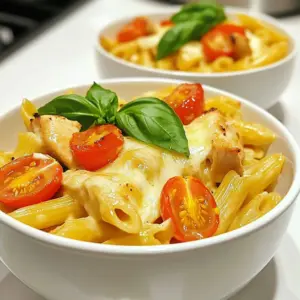 To make Cheesy Chicken Pasta, you will need: - 2 cups penne pasta - 1 lb chicken breast, diced into bite-sized pieces - 2 tablespoons olive oil - 1 small onion, finely chopped - 3 cloves garlic, minced - 1 cup heavy cream - 1 &frac12; cups shredded mozzarella cheese - &frac12; cup grated Parmesan cheese - 1 teaspoon Italian seasoning - Salt and freshly ground black pepper to taste - 1 cup cherry tomatoes, halved - Fresh basil leaves for garnish These ingredients come together to create a cheesy, comforting dish that delights your taste buds. For this recipe, you will need: - A large pot for boiling pasta - A large skillet for saut&eacute;ing and making the sauce - A cutting board and knife for prep work - A wooden spoon for stirring - A measuring cup and spoons for accuracy These tools help you cook efficiently and create a great meal. To make your dish look and taste even better, consider adding: - Extra grated Parmesan on top - Fresh basil leaves for color and flavor - A sprinkle of red pepper flakes for heat These garnishes add to the visual appeal and enhance the dish's flavor profile. {{ingredient_image_2}} First, fill a large pot with water. Add a good amount of salt to it. Bring the water to a rolling boil. Once boiling, add 2 cups of penne pasta. Cook it for 10 to 12 minutes until it is al dente. After cooking, drain the pasta and set it aside. Next, grab a large skillet and heat 2 tablespoons of olive oil over medium heat. When the oil is hot, add 1 pound of diced chicken breast. Season it with salt, pepper, and 1 teaspoon of Italian seasoning. Cook the chicken for about 6 to 7 minutes. Stir it occasionally until the chicken is brown and fully cooked. After that, take the chicken out and place it on a plate. In the same skillet, add 1 small finely chopped onion and 3 minced garlic cloves. Saut&eacute; them for 3 to 4 minutes. You want the onion to be soft and fragrant, but don&rsquo;t let the garlic brown. Then, reduce the heat to low. Carefully pour in 1 cup of heavy cream. Stir it well to mix with the onion and garlic. Gradually add 1 &frac12; cups of shredded mozzarella cheese and &frac12; cup of grated Parmesan cheese. Keep stirring until the cheese melts, and the sauce is smooth. Now, it&rsquo;s time to bring it all together. Add the drained penne pasta, the saut&eacute;ed chicken, and 1 cup of halved cherry tomatoes to the cheese sauce. Gently toss everything together. Make sure the pasta is well coated with the creamy sauce and that the chicken and tomatoes are evenly mixed. Allow the pasta mixture to warm for 2 to 3 minutes on low heat. If the sauce is too thick, add a splash of cream. Taste it and adjust the salt and pepper if needed. Serve the cheesy chicken pasta on individual plates. Garnish with fresh basil leaves for a pop of color and flavor. Enjoy it warm! To make a creamy cheese sauce, keep it simple. First, heat the pan on low once you add the cream. This helps prevent burning. Stir gently as you add the cheeses. Mozzarella melts well, but Parmesan adds a nice bite. If your sauce is too thick, splash in more cream. Always taste and adjust salt and pepper. This smooth sauce makes your pasta shine. When cooking chicken, size matters. Cut your chicken into small pieces. This helps them cook evenly. Heat your skillet with olive oil until it shimmers. Saut&eacute; the chicken for about 6-7 minutes. Stir it often to avoid burning. The chicken should be golden and cooked through. Remove it from the pan to keep it juicy. This step ensures your chicken stays tender. Cooking pasta is easy, but timing is key. Use a large pot with well-salted water. Bring it to a rolling boil before adding the penne. Cook for about 10-12 minutes for that perfect "al dente" bite. After draining, don&rsquo;t rinse the pasta. This keeps the starch, which helps the sauce cling. Toss the pasta with the sauce right away for the best flavor. Pro Tips Use Fresh Ingredients: Always opt for fresh chicken and herbs. Fresh ingredients enhance the flavor of your dish significantly. Don&rsquo;t Overcook the Pasta: Aim for al dente pasta to retain a slight bite, which will complement the creamy sauce perfectly. Customize Your Cheese: Feel free to mix different types of cheese, like cheddar or gouda, for a unique twist on the classic flavor. Garnish for Presentation: A sprinkle of extra cheese and fresh herbs not only adds flavor but also makes for a visually appealing dish. {{image_4}} You can add vegetables to make this dish even better. Try adding spinach, bell peppers, or zucchini. These veggies add color and nutrients. Simply chop them and saut&eacute; them with the onion and garlic. For a fresh twist, toss in some halved cherry tomatoes. They burst with flavor and pair well with the cheesy sauce. While mozzarella and Parmesan are classic, feel free to mix it up. Cheddar cheese can add a sharp taste. Cream cheese makes the sauce extra creamy. You might also try gouda or fontina for a unique flavor. Just remember to keep the amount similar to what the recipe calls for. Penne is great, but many pasta shapes work well here. Fusilli or rotini are fun choices. Their twists hold the sauce nicely. You could even use spaghetti for a classic look. Just adjust the cooking time as needed based on the shape you choose. This will keep the pasta tender and delicious. To store leftovers, let the cheesy chicken pasta cool down first. Then, place it in an airtight container. This helps keep it fresh. You can store it in the fridge for up to three days. Make sure to label the container with the date. If you want to freeze the pasta, use a freezer-safe container. Leave some space at the top for expansion. The pasta can last up to three months in the freezer. When you are ready to eat, thaw it in the fridge overnight before reheating. To reheat, you can use the stovetop or microwave. If using the stovetop, add a splash of cream or water to keep it moist. Stir while heating on low until warm. If using the microwave, heat in short bursts. Stir between each burst to ensure even heating. Enjoy your cheesy chicken pasta! Yes, you can use leftover chicken. Shred or chop it into bite-sized pieces. This saves time and adds flavor. Just add it when you combine the cooked pasta and sauce. To make this dish gluten-free, switch to gluten-free penne pasta. Check the label to ensure it suits your needs. The rest of the ingredients are naturally gluten-free. I recommend serving this pasta with crusty garlic bread. A light salad also pairs well, adding fresh crunch. You can also serve steamed vegetables for a balanced meal. To add spice, try adding red pepper flakes to the sauce. You can also mix in chopped jalape&ntilde;os or a dash of hot sauce. Adjust to your taste for the right kick. Yes, you can prepare it in advance. Cook the pasta and chicken, then mix them with the sauce. Store it in the fridge for up to 2 days. Reheat gently before serving. This blog post covered how to make Cheesy Chicken Pasta. You learned about key ingredients and cooking tools. I walked you through each step, from cooking pasta to making a rich cheese sauce. We discussed tips for perfecting the dish and shared fun variations. Lastly, I provided storage tips and answered common questions. You can create a delicious meal that your family will love. Enjoy cooking and make this recipe your own!