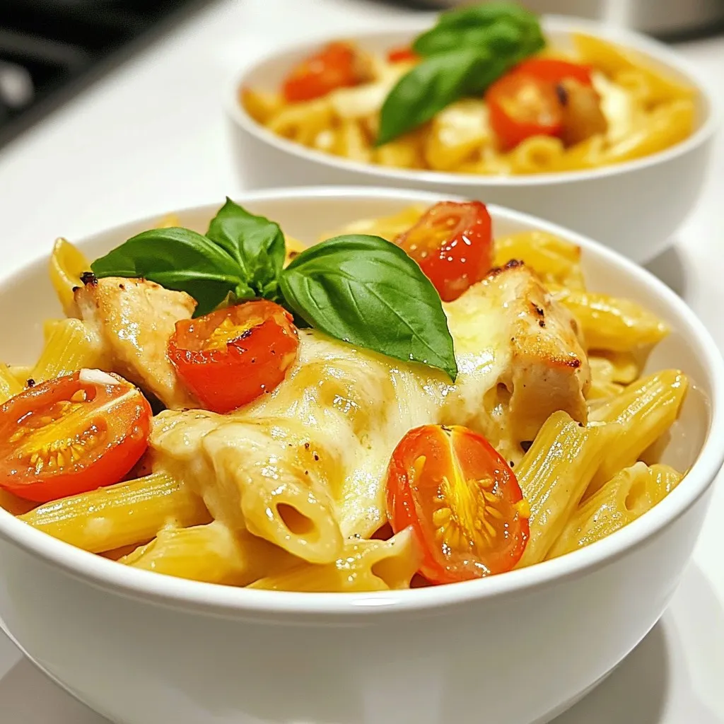 To make Cheesy Chicken Pasta, you will need: - 2 cups penne pasta - 1 lb chicken breast, diced into bite-sized pieces - 2 tablespoons olive oil - 1 small onion, finely chopped - 3 cloves garlic, minced - 1 cup heavy cream - 1 ½ cups shredded mozzarella cheese - ½ cup grated Parmesan cheese - 1 teaspoon Italian seasoning - Salt and freshly ground black pepper to taste - 1 cup cherry tomatoes, halved - Fresh basil leaves for garnish These ingredients come together to create a cheesy, comforting dish that delights your taste buds. For this recipe, you will need: - A large pot for boiling pasta - A large skillet for sautéing and making the sauce - A cutting board and knife for prep work - A wooden spoon for stirring - A measuring cup and spoons for accuracy These tools help you cook efficiently and create a great meal. To make your dish look and taste even better, consider adding: - Extra grated Parmesan on top - Fresh basil leaves for color and flavor - A sprinkle of red pepper flakes for heat These garnishes add to the visual appeal and enhance the dish's flavor profile. {{ingredient_image_2}} First, fill a large pot with water. Add a good amount of salt to it. Bring the water to a rolling boil. Once boiling, add 2 cups of penne pasta. Cook it for 10 to 12 minutes until it is al dente. After cooking, drain the pasta and set it aside. Next, grab a large skillet and heat 2 tablespoons of olive oil over medium heat. When the oil is hot, add 1 pound of diced chicken breast. Season it with salt, pepper, and 1 teaspoon of Italian seasoning. Cook the chicken for about 6 to 7 minutes. Stir it occasionally until the chicken is brown and fully cooked. After that, take the chicken out and place it on a plate. In the same skillet, add 1 small finely chopped onion and 3 minced garlic cloves. Sauté them for 3 to 4 minutes. You want the onion to be soft and fragrant, but don’t let the garlic brown. Then, reduce the heat to low. Carefully pour in 1 cup of heavy cream. Stir it well to mix with the onion and garlic. Gradually add 1 ½ cups of shredded mozzarella cheese and ½ cup of grated Parmesan cheese. Keep stirring until the cheese melts, and the sauce is smooth. Now, it’s time to bring it all together. Add the drained penne pasta, the sautéed chicken, and 1 cup of halved cherry tomatoes to the cheese sauce. Gently toss everything together. Make sure the pasta is well coated with the creamy sauce and that the chicken and tomatoes are evenly mixed. Allow the pasta mixture to warm for 2 to 3 minutes on low heat. If the sauce is too thick, add a splash of cream. Taste it and adjust the salt and pepper if needed. Serve the cheesy chicken pasta on individual plates. Garnish with fresh basil leaves for a pop of color and flavor. Enjoy it warm! To make a creamy cheese sauce, keep it simple. First, heat the pan on low once you add the cream. This helps prevent burning. Stir gently as you add the cheeses. Mozzarella melts well, but Parmesan adds a nice bite. If your sauce is too thick, splash in more cream. Always taste and adjust salt and pepper. This smooth sauce makes your pasta shine. When cooking chicken, size matters. Cut your chicken into small pieces. This helps them cook evenly. Heat your skillet with olive oil until it shimmers. Sauté the chicken for about 6-7 minutes. Stir it often to avoid burning. The chicken should be golden and cooked through. Remove it from the pan to keep it juicy. This step ensures your chicken stays tender. Cooking pasta is easy, but timing is key. Use a large pot with well-salted water. Bring it to a rolling boil before adding the penne. Cook for about 10-12 minutes for that perfect "al dente" bite. After draining, don’t rinse the pasta. This keeps the starch, which helps the sauce cling. Toss the pasta with the sauce right away for the best flavor. Pro Tips Use Fresh Ingredients: Always opt for fresh chicken and herbs. Fresh ingredients enhance the flavor of your dish significantly. Don’t Overcook the Pasta: Aim for al dente pasta to retain a slight bite, which will complement the creamy sauce perfectly. Customize Your Cheese: Feel free to mix different types of cheese, like cheddar or gouda, for a unique twist on the classic flavor. Garnish for Presentation: A sprinkle of extra cheese and fresh herbs not only adds flavor but also makes for a visually appealing dish. {{image_4}} You can add vegetables to make this dish even better. Try adding spinach, bell peppers, or zucchini. These veggies add color and nutrients. Simply chop them and sauté them with the onion and garlic. For a fresh twist, toss in some halved cherry tomatoes. They burst with flavor and pair well with the cheesy sauce. While mozzarella and Parmesan are classic, feel free to mix it up. Cheddar cheese can add a sharp taste. Cream cheese makes the sauce extra creamy. You might also try gouda or fontina for a unique flavor. Just remember to keep the amount similar to what the recipe calls for. Penne is great, but many pasta shapes work well here. Fusilli or rotini are fun choices. Their twists hold the sauce nicely. You could even use spaghetti for a classic look. Just adjust the cooking time as needed based on the shape you choose. This will keep the pasta tender and delicious. To store leftovers, let the cheesy chicken pasta cool down first. Then, place it in an airtight container. This helps keep it fresh. You can store it in the fridge for up to three days. Make sure to label the container with the date. If you want to freeze the pasta, use a freezer-safe container. Leave some space at the top for expansion. The pasta can last up to three months in the freezer. When you are ready to eat, thaw it in the fridge overnight before reheating. To reheat, you can use the stovetop or microwave. If using the stovetop, add a splash of cream or water to keep it moist. Stir while heating on low until warm. If using the microwave, heat in short bursts. Stir between each burst to ensure even heating. Enjoy your cheesy chicken pasta! Yes, you can use leftover chicken. Shred or chop it into bite-sized pieces. This saves time and adds flavor. Just add it when you combine the cooked pasta and sauce. To make this dish gluten-free, switch to gluten-free penne pasta. Check the label to ensure it suits your needs. The rest of the ingredients are naturally gluten-free. I recommend serving this pasta with crusty garlic bread. A light salad also pairs well, adding fresh crunch. You can also serve steamed vegetables for a balanced meal. To add spice, try adding red pepper flakes to the sauce. You can also mix in chopped jalapeños or a dash of hot sauce. Adjust to your taste for the right kick. Yes, you can prepare it in advance. Cook the pasta and chicken, then mix them with the sauce. Store it in the fridge for up to 2 days. Reheat gently before serving. This blog post covered how to make Cheesy Chicken Pasta. You learned about key ingredients and cooking tools. I walked you through each step, from cooking pasta to making a rich cheese sauce. We discussed tips for perfecting the dish and shared fun variations. Lastly, I provided storage tips and answered common questions. You can create a delicious meal that your family will love. Enjoy cooking and make this recipe your own!