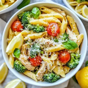 - Shredded rotisserie chicken - Pasta variety (penne or fusilli) - Fresh broccoli florets - Cherry tomatoes - Garlic - Olive oil - Lemon (zest and juice) - Red pepper flakes - Salt and pepper - Parmesan cheese - Fresh basil The main ingredients give this dish its heart. The rotisserie chicken adds rich flavor. I love using penne or fusilli pasta; both hold sauce well. Fresh broccoli florets add crunch and color. They also bring healthy nutrients to the plate. For the additional ingredients, cherry tomatoes add sweetness. Garlic gives depth and a lovely aroma. I use extra virgin olive oil to sauté the garlic; it brings a nice richness. Lemon zest and juice offer brightness. Red pepper flakes can spice things up, but you can skip them if you prefer mild. Don’t forget salt and pepper to enhance all the flavors. I like to finish the dish with grated Parmesan cheese. It melts into the pasta beautifully. Fresh basil leaves add a fragrant touch. Together, these ingredients create a tasty and vibrant dish. {{ingredient_image_2}} Start by boiling water in a large pot. Add salt to the water. Once it boils, add 8 ounces of your chosen pasta. Cook it until it is al dente, as per the instructions on the package. In the last three minutes, add 2 cups of fresh broccoli florets. This blanches them perfectly. After cooking, drain both the pasta and broccoli. Save about 1 cup of the starchy water for later. In a large skillet, pour in 1/4 cup of extra virgin olive oil. Heat it over medium heat. Once hot, add 2 cloves of minced garlic. If you like a bit of heat, toss in 1/2 teaspoon of red pepper flakes. Sauté for about 1 minute. You want the garlic to smell great, but don’t let it brown. Now it’s time to bring it all together. Add the shredded rotisserie chicken and 1 cup of halved cherry tomatoes to the skillet. Stir everything for about 3-4 minutes. This warms the chicken and softens the tomatoes. Next, add the drained pasta and blanched broccoli to the skillet. Toss gently to mix everything well. If it seems dry, add some reserved pasta water, a little at a time. This helps create a creamy texture. Then, fold in 2 tablespoons of freshly squeezed lemon juice and the zest of 1 lemon. Adjust the salt and black pepper to your taste. Once mixed, it’s time to serve. Plate the pasta in wide, shallow bowls for a lovely look. Top it with fresh basil leaves and extra grated Parmesan cheese. This adds a nice touch and extra flavor. Enjoy your meal! - You can adjust heat levels in this dish. If you like spice, add red pepper flakes. If you prefer mild, skip them. - For creaminess, use reserved pasta water. It helps bind the sauce and adds flavor. Just add a little at a time until you reach the right consistency. - Avoid browning garlic. Browned garlic can taste bitter. Just sauté until it smells great. - To get the right al dente texture, cook pasta until it has a slight bite. Follow package instructions closely. Don’t forget to check a minute or two before time is up! Pro Tips Use Fresh Ingredients: Always opt for fresh broccoli and ripe cherry tomatoes to enhance the flavor and nutritional value of your dish. Don’t Overcook the Pasta: Cooking pasta to al dente ensures the noodles retain a bit of bite, which will help them hold up better when mixed with the sauce. Reserve Pasta Water: The starchy pasta water is a great way to adjust the consistency of your sauce without watering down the flavor. Customize with Veggies: Feel free to add other vegetables like bell peppers or spinach for added color and nutrients. {{image_4}} You can swap out the pasta for zoodles or whole grain options. Zoodles add a fresh twist and keep things light. Whole grain pasta offers extra fiber and nutrients. You can also mix in different veggies. Spinach works great for color and flavor. Asparagus adds a nice crunch and pairs well with chicken. To make this dish gluten-free, use gluten-free pasta. There are many brands that taste great and cook well. For a vegan option, swap the chicken with chickpeas or tofu. You can also use nutritional yeast to replace Parmesan cheese. Both options still give you a tasty meal without animal products. Store your leftover Rotisserie Chicken Broccoli Pasta in an airtight container. This helps keep it fresh. You can enjoy it for up to three days in the fridge. Make sure to let it cool before sealing the container. This will stop extra moisture from forming. You can freeze the pasta if you want to save it for later. Just put it in a freezer-safe container. It will last for about three months in the freezer. When you're ready to eat, take it out and thaw it in the fridge overnight. To reheat, place the pasta in a pan over low heat. Add a splash of water or broth to help it warm up. Stir often until it is heated through. This keeps the pasta from drying out. To make this dish healthier, consider these tips: - Use whole grain pasta for added fiber. - Replace olive oil with a light spray of cooking oil. - Add more vegetables like spinach or bell peppers. - Use less cheese or try a low-fat cheese option. - Limit added salt and use fresh herbs for flavor. These changes help cut fat and calories while keeping the taste great. Yes, you can use uncooked chicken. Here’s how: - Cook about 1 pound of chicken breast in a skillet. - Add some olive oil and cook until it’s no longer pink. - This takes about 7-10 minutes, depending on the thickness. - Shred the chicken once it’s cooked. - Then mix it into the pasta with the other ingredients. This way, you can enjoy fresh chicken in your dish. Rotisserie Chicken Broccoli Pasta pairs nicely with: - A fresh garden salad for crunch and freshness. - Garlic bread for a tasty side. - A light white wine like Sauvignon Blanc. - Sparkling water with lemon for a refreshing drink. These options enhance your meal without overpowering it. To reheat this pasta without losing flavor: - Use a skillet over medium heat. - Add a splash of water or broth to keep it moist. - Stir gently until heated through, about 5-7 minutes. - You can also microwave it in a covered dish for 2-3 minutes. Make sure to stir halfway through for even heating. This dish combines simple ingredients like rotisserie chicken, pasta, and fresh broccoli to create a flavorful meal. You learned effective steps to cook and combine everything perfectly. With a few tips, you can enhance the taste and make it your own. Remember, you can swap ingredients or modify the recipe to suit your diet. Whether you're storing leftovers or reheating, these tips help keep your dish fresh. Enjoy this delicious pasta dish anytime, knowing it’s both quick and satisfying.