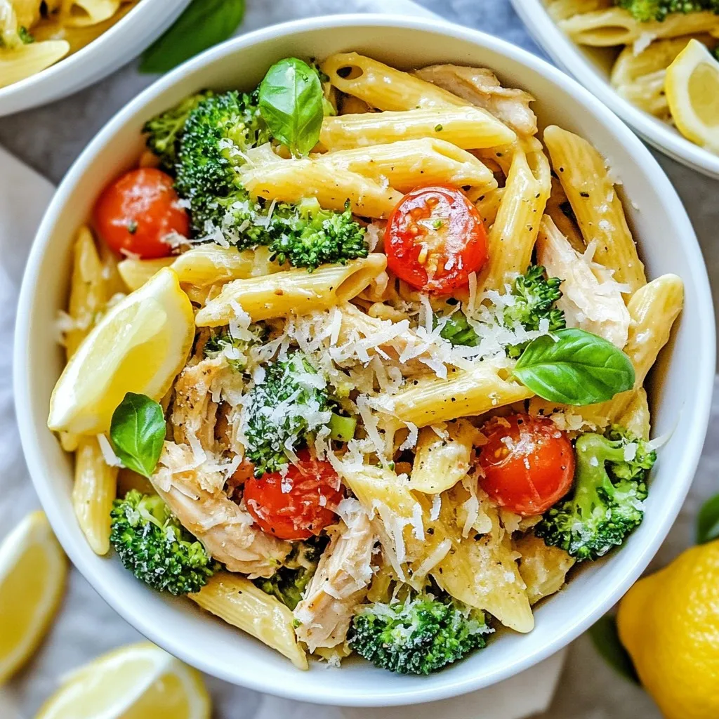 - Shredded rotisserie chicken - Pasta variety (penne or fusilli) - Fresh broccoli florets - Cherry tomatoes - Garlic - Olive oil - Lemon (zest and juice) - Red pepper flakes - Salt and pepper - Parmesan cheese - Fresh basil The main ingredients give this dish its heart. The rotisserie chicken adds rich flavor. I love using penne or fusilli pasta; both hold sauce well. Fresh broccoli florets add crunch and color. They also bring healthy nutrients to the plate. For the additional ingredients, cherry tomatoes add sweetness. Garlic gives depth and a lovely aroma. I use extra virgin olive oil to sauté the garlic; it brings a nice richness. Lemon zest and juice offer brightness. Red pepper flakes can spice things up, but you can skip them if you prefer mild. Don’t forget salt and pepper to enhance all the flavors. I like to finish the dish with grated Parmesan cheese. It melts into the pasta beautifully. Fresh basil leaves add a fragrant touch. Together, these ingredients create a tasty and vibrant dish. {{ingredient_image_2}} Start by boiling water in a large pot. Add salt to the water. Once it boils, add 8 ounces of your chosen pasta. Cook it until it is al dente, as per the instructions on the package. In the last three minutes, add 2 cups of fresh broccoli florets. This blanches them perfectly. After cooking, drain both the pasta and broccoli. Save about 1 cup of the starchy water for later. In a large skillet, pour in 1/4 cup of extra virgin olive oil. Heat it over medium heat. Once hot, add 2 cloves of minced garlic. If you like a bit of heat, toss in 1/2 teaspoon of red pepper flakes. Sauté for about 1 minute. You want the garlic to smell great, but don’t let it brown. Now it’s time to bring it all together. Add the shredded rotisserie chicken and 1 cup of halved cherry tomatoes to the skillet. Stir everything for about 3-4 minutes. This warms the chicken and softens the tomatoes. Next, add the drained pasta and blanched broccoli to the skillet. Toss gently to mix everything well. If it seems dry, add some reserved pasta water, a little at a time. This helps create a creamy texture. Then, fold in 2 tablespoons of freshly squeezed lemon juice and the zest of 1 lemon. Adjust the salt and black pepper to your taste. Once mixed, it’s time to serve. Plate the pasta in wide, shallow bowls for a lovely look. Top it with fresh basil leaves and extra grated Parmesan cheese. This adds a nice touch and extra flavor. Enjoy your meal! - You can adjust heat levels in this dish. If you like spice, add red pepper flakes. If you prefer mild, skip them. - For creaminess, use reserved pasta water. It helps bind the sauce and adds flavor. Just add a little at a time until you reach the right consistency. - Avoid browning garlic. Browned garlic can taste bitter. Just sauté until it smells great. - To get the right al dente texture, cook pasta until it has a slight bite. Follow package instructions closely. Don’t forget to check a minute or two before time is up! Pro Tips Use Fresh Ingredients: Always opt for fresh broccoli and ripe cherry tomatoes to enhance the flavor and nutritional value of your dish. Don’t Overcook the Pasta: Cooking pasta to al dente ensures the noodles retain a bit of bite, which will help them hold up better when mixed with the sauce. Reserve Pasta Water: The starchy pasta water is a great way to adjust the consistency of your sauce without watering down the flavor. Customize with Veggies: Feel free to add other vegetables like bell peppers or spinach for added color and nutrients. {{image_4}} You can swap out the pasta for zoodles or whole grain options. Zoodles add a fresh twist and keep things light. Whole grain pasta offers extra fiber and nutrients. You can also mix in different veggies. Spinach works great for color and flavor. Asparagus adds a nice crunch and pairs well with chicken. To make this dish gluten-free, use gluten-free pasta. There are many brands that taste great and cook well. For a vegan option, swap the chicken with chickpeas or tofu. You can also use nutritional yeast to replace Parmesan cheese. Both options still give you a tasty meal without animal products. Store your leftover Rotisserie Chicken Broccoli Pasta in an airtight container. This helps keep it fresh. You can enjoy it for up to three days in the fridge. Make sure to let it cool before sealing the container. This will stop extra moisture from forming. You can freeze the pasta if you want to save it for later. Just put it in a freezer-safe container. It will last for about three months in the freezer. When you're ready to eat, take it out and thaw it in the fridge overnight. To reheat, place the pasta in a pan over low heat. Add a splash of water or broth to help it warm up. Stir often until it is heated through. This keeps the pasta from drying out. To make this dish healthier, consider these tips: - Use whole grain pasta for added fiber. - Replace olive oil with a light spray of cooking oil. - Add more vegetables like spinach or bell peppers. - Use less cheese or try a low-fat cheese option. - Limit added salt and use fresh herbs for flavor. These changes help cut fat and calories while keeping the taste great. Yes, you can use uncooked chicken. Here’s how: - Cook about 1 pound of chicken breast in a skillet. - Add some olive oil and cook until it’s no longer pink. - This takes about 7-10 minutes, depending on the thickness. - Shred the chicken once it’s cooked. - Then mix it into the pasta with the other ingredients. This way, you can enjoy fresh chicken in your dish. Rotisserie Chicken Broccoli Pasta pairs nicely with: - A fresh garden salad for crunch and freshness. - Garlic bread for a tasty side. - A light white wine like Sauvignon Blanc. - Sparkling water with lemon for a refreshing drink. These options enhance your meal without overpowering it. To reheat this pasta without losing flavor: - Use a skillet over medium heat. - Add a splash of water or broth to keep it moist. - Stir gently until heated through, about 5-7 minutes. - You can also microwave it in a covered dish for 2-3 minutes. Make sure to stir halfway through for even heating. This dish combines simple ingredients like rotisserie chicken, pasta, and fresh broccoli to create a flavorful meal. You learned effective steps to cook and combine everything perfectly. With a few tips, you can enhance the taste and make it your own. Remember, you can swap ingredients or modify the recipe to suit your diet. Whether you're storing leftovers or reheating, these tips help keep your dish fresh. Enjoy this delicious pasta dish anytime, knowing it’s both quick and satisfying.