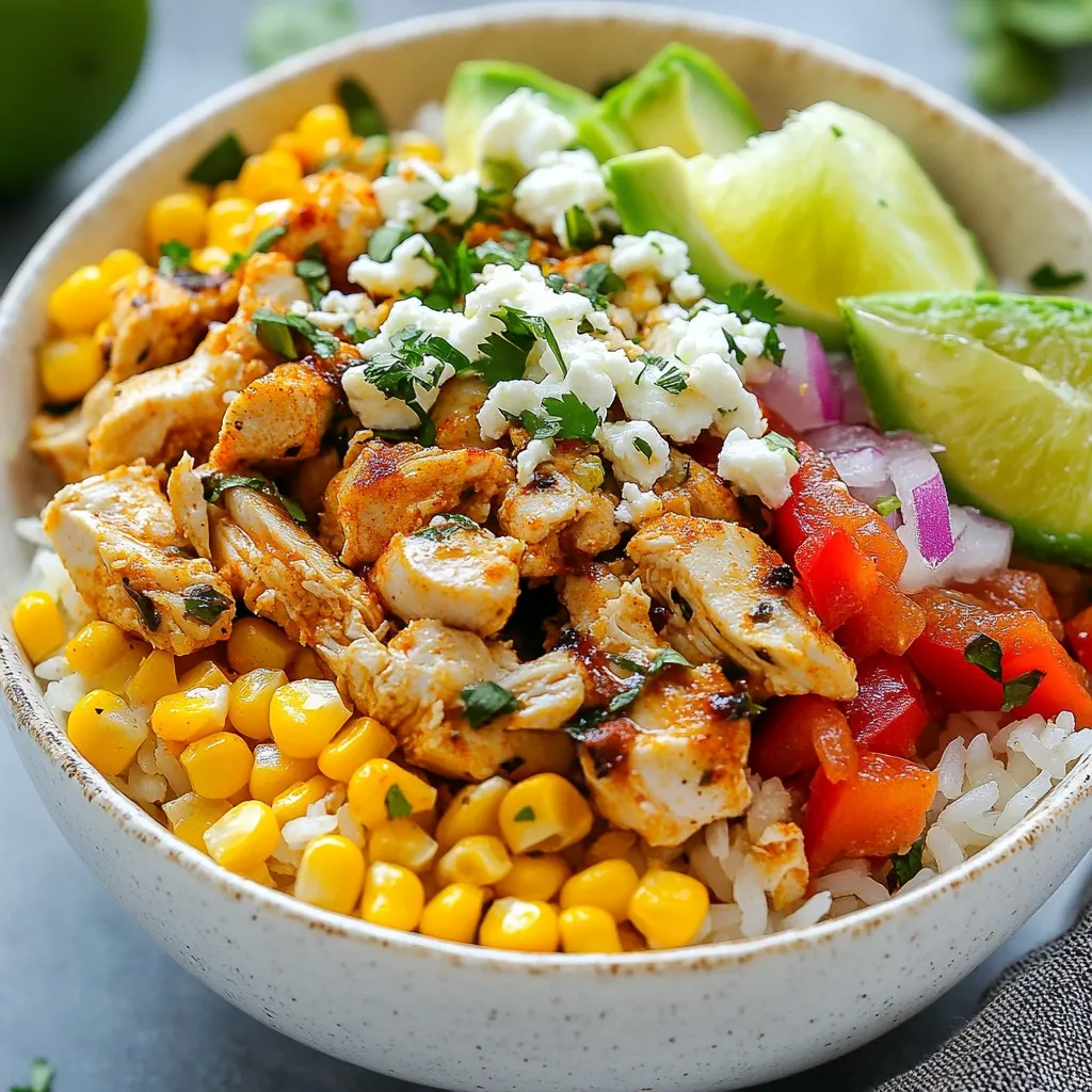 For this tasty dish, gather these main ingredients: - 1 cup jasmine rice - 2 cups chicken broth (low sodium recommended) - 2 chicken breasts, diced into bite-sized pieces - 1 tablespoon olive oil - 1 cup corn kernels (canned or fresh) - 1/2 cup red bell pepper, diced - 1/4 cup red onion, finely chopped - 1 ripe avocado, sliced Next, we need some flavor. Use these seasonings: - 1 teaspoon chili powder - 1/2 teaspoon smoked paprika - 1/2 teaspoon ground cumin - Salt and freshly cracked pepper, to taste These spices will make your dish pop with flavor and warmth. Finish your bowl with these garnishes if you like: - 1/2 cup fresh cilantro, chopped - 1/4 cup crumbled feta cheese (for creaminess) - 1 lime, cut into wedges These additions enhance the look and taste of your meal. Enjoy the bright colors and fresh flavors! {{ingredient_image_2}} To prepare the rice, start with a medium saucepan. Pour in 2 cups of chicken broth. Turn the heat to high and bring it to a boil. Once boiling, add 1 cup of jasmine rice. Stir it briefly. Cover the pan with a lid. Lower the heat to low. Let it simmer for 15 minutes. The rice will absorb all the liquid. After 15 minutes, remove it from heat. Keep the lid on for 5 more minutes. Fluff the rice with a fork to separate the grains. Next, we will cook the chicken. Grab a large skillet and heat 1 tablespoon of olive oil over medium heat. When the oil is hot, add 2 diced chicken breasts. Season the chicken with 1 teaspoon of chili powder, 1/2 teaspoon of smoked paprika, 1/2 teaspoon of ground cumin, salt, and pepper. Cook the chicken for 6 to 8 minutes. Stir it often so it cooks evenly. The chicken should turn brown and reach a safe internal temperature of 165°F. Now it's time to add the vegetables. In the same skillet, toss in 1 cup of corn kernels, 1/2 cup of diced red bell pepper, and 1/4 cup of finely chopped red onion. Stir the mix frequently for about 3 to 5 minutes. You want the veggies to warm through but still have some crunch. This adds great texture to the bowl. For the last step, take a large bowl or serving dish. Create a base layer with the fluffy rice. Spread the cooked chicken and corn mixture evenly on top. This is where it gets fun! Garnish your bowl with sliced avocado, a sprinkle of crumbled feta cheese, and a good handful of chopped cilantro. Serve with lime wedges on the side. Squeezing fresh lime juice adds a burst of flavor to your dish. Enjoy every bite! To cook perfect jasmine rice, follow these steps: - Use 2 cups of chicken broth for flavor. - Bring the broth to a boil, then add 1 cup of jasmine rice. - Stir it briefly, cover, and lower the heat. - Let it simmer for 15 minutes. - After cooking, let it sit covered for 5 minutes. - Fluff it gently with a fork. This keeps the grains separate and light. For juicy chicken, choose boneless, skinless chicken breasts. Here’s how to cook them: - Heat 1 tablespoon of olive oil in a skillet over medium heat. - Add the diced chicken and season with spices. - Cook for 6-8 minutes until browned and cooked through. - The chicken should reach 165°F (74°C) inside. This ensures it's safe and juicy. Using fresh ingredients boosts flavor. Here are some tips: - Use fresh corn kernels when possible for sweetness. - Choose ripe avocados for creaminess. - Dice red bell peppers and red onions small for even cooking. - Adding cilantro gives a fresh taste. - A squeeze of fresh lime juice brightens the flavors. - For creaminess, sprinkle some crumbled feta cheese on top. These tips will help you create a vibrant, tasty street corn chicken rice bowl. Enjoy your cooking! Pro Tips Use Fresh Ingredients: Whenever possible, opt for fresh corn and vegetables to enhance the flavor and texture of your dish. Fresh ingredients can elevate the overall taste. Customize the Heat: Adjust the amount of chili powder according to your spice preference. You can also add jalapeños or hot sauce for an extra kick. Perfectly Cooked Chicken: Ensure that the chicken is cooked to an internal temperature of 165°F (74°C) for safe consumption. Use a meat thermometer to check for doneness. Presentation Matters: Serve garnished bowls with lime wedges and a sprinkle of cilantro on top. This not only adds freshness but also makes the dish visually appealing. {{image_4}} You can easily make this dish meat-free. Swap the chicken for tofu or tempeh. Use firm tofu, cut into cubes. Sauté it in olive oil until golden. For a vegan option, skip the feta. Instead, try vegan cheese or a dollop of guacamole for creaminess. If you want to change the protein, try shrimp or pork. Shrimp cooks fast and adds a great flavor. Use the same spices for seasoning. For pork, use diced tenderloin. Cook it until it’s browned and cooked through. You can even use beans for a hearty, plant-based protein. Make this bowl your own with fun toppings. Add black beans, jalapeños, or diced tomatoes for extra flavor. Fresh corn is a great addition too. You can sprinkle some queso fresco or a drizzle of hot sauce for a kick. Don’t forget lime wedges for that zesty finish! To store your leftovers, let the bowl cool to room temperature. Then, place the chicken rice bowl in an airtight container. You can keep it in the fridge for up to three days. This way, you can enjoy your delicious meal later without any fuss. When you're ready to eat your leftovers, take them out of the fridge. You can reheat the bowl in the microwave. Just cover it with a microwave-safe lid and heat for about 2-3 minutes, stirring halfway. Make sure it's hot all the way through. You can also reheat it on the stove over low heat, stirring gently until warmed. If you want to freeze the dish, it's best to do this before adding the avocado and cilantro. Let the chicken rice bowl cool fully. Then, scoop it into freezer-safe bags or containers. You can freeze it for up to three months. When you're ready to eat, thaw it in the fridge overnight. Reheat it as mentioned above to enjoy a quick and tasty meal. A Street Corn Chicken Rice Bowl is a hearty dish. It combines rice, chicken, and street corn flavors. You cook jasmine rice in chicken broth, giving it a great taste. The chicken gets seasoned with chili powder, smoked paprika, and cumin. Then, add corn, red bell pepper, and onion for crunch. Yes, you can prepare this dish ahead of time. Cook the rice and chicken, then store them in separate containers. Keep them in the fridge for up to three days. When ready to eat, reheat both before assembling your bowls. Fresh toppings, like avocado and cilantro, should be added just before serving. To spice up your bowl, try these tips: - Add more chili powder when seasoning the chicken. - Use a spicy hot sauce on top. - Mix in diced jalapeños with the corn and veggies. - Serve with spicy salsa or a chili lime dressing. This bowl stands well on its own, but some sides can enhance the meal: - A simple green salad with lime dressing. - Tortilla chips with guacamole or salsa. - Grilled vegetables for a light touch. - A side of black beans for added protein. In this article, we covered how to create a delicious street corn chicken rice bowl. We looked at the main ingredients, seasonings, and optional garnishes. You learned step-by-step instructions, from cooking the rice to serving the dish. We shared tips for juicy chicken and fresh flavors. You can also customize your bowl with different proteins and toppings. Finally, we discussed how to store and reheat leftovers. Enjoy making this tasty meal that can fit any diet or taste!