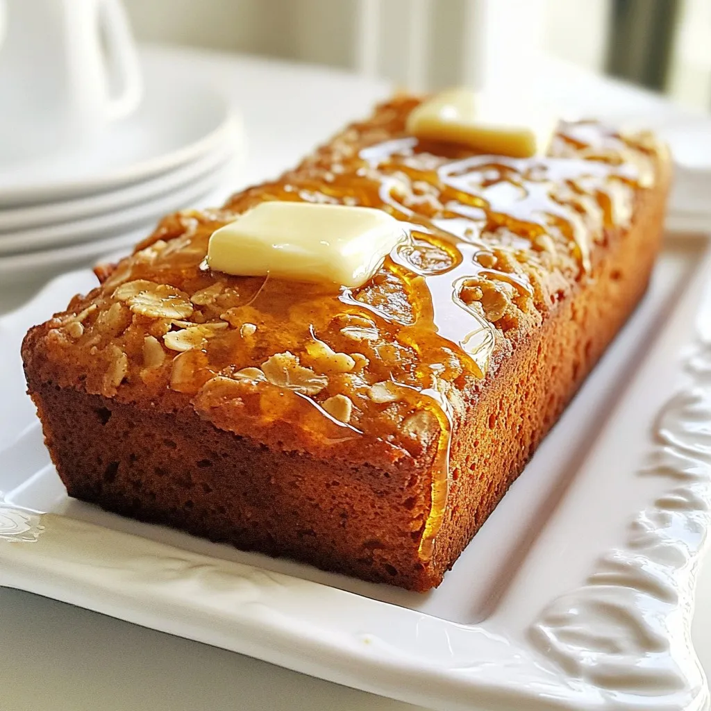 - 1 cup rolled oats - 1 cup milk (can be dairy or plant-based) - 2 tablespoons honey - 1/4 cup unsalted butter, melted - 1 large egg - 1 teaspoon vanilla extract - 1 1/2 cups all-purpose flour - 1 teaspoon baking soda - 1/2 teaspoon salt - 2 teaspoons ground cinnamon - 1/2 cup brown sugar, packed - Optional: 1/4 cup chopped nuts (such as walnuts or pecans) You can swap the milk for almond or oat milk. This works great for vegans. Instead of honey, maple syrup adds sweetness. If you want a lighter loaf, you can use whole wheat flour. For a nut-free option, skip the nuts entirely or replace them with seeds. Each serving of this bread has about 200 calories. It includes 3 grams of protein and 5 grams of fiber. The bread also gives you healthy fats from the butter and nuts. If you're looking for a boost, the oats add good nutrients, too! {{ingredient_image_2}} Start by preheating your oven to 350°F (175°C). This step is key for even baking. Next, take a 9x5 inch loaf pan and grease it lightly. You can also use parchment paper to line the pan. This helps in removing the bread easily after it’s baked. In a medium bowl, mix 1 cup of rolled oats with 1 cup of milk. Stir them together well. Let this sit for about 10 minutes. Soaking the oats makes them softer and better for the bread's texture. Grab a large mixing bowl. In it, whisk together 1/4 cup of melted unsalted butter, 2 tablespoons of honey, 1 large egg, and 1 teaspoon of vanilla extract. Whisk until the mixture is smooth. This blend adds moisture and flavor to your bread. In another bowl, combine 1 1/2 cups of all-purpose flour, 1 teaspoon of baking soda, 1/2 teaspoon of salt, 2 teaspoons of ground cinnamon, and 1/2 cup of packed brown sugar. Whisk these dry ingredients well. This ensures that the flavors mix evenly throughout the loaf. Now, gently fold the soaked oat mixture into the wet ingredients. Stir just until combined. Then add the dry mixture to the wet mixture gradually. Mix until just combined, but do not over-mix. If you want, fold in 1/4 cup of chopped nuts at this stage. Pour the batter into your prepared pan, smoothing the top. Bake in your preheated oven for 50-60 minutes. To check if it’s done, insert a toothpick in the center. It should come out clean. Let the bread cool in the pan for about 10 minutes. After that, transfer it to a wire rack to cool completely. Enjoy your warm, delicious bread! To get that soft and fluffy bread, soaking the oats is key. When you mix the rolled oats with milk, let them sit for 10 minutes. This step helps the oats soften and blend into the bread. Use the right flour too; all-purpose flour works best. It gives your bread the perfect lift and texture. If you want a denser loaf, you can add whole wheat flour, but start with a smaller amount. The sweetness of this bread can change based on your taste. The honey and brown sugar add great flavor. If you want it sweeter, feel free to add more honey or sugar. You can also try maple syrup instead of honey for a different flavor. Taste the batter before baking to find the right balance for you. After baking, let the bread cool completely. This keeps it from getting soggy. Wrap it in plastic wrap or store it in an airtight container. It stays fresh for about three days at room temperature. For serving, slice it warm and drizzle a little extra honey on top. You can also add butter or a sprinkle of cinnamon for a nice touch. Enjoy it as a snack or for breakfast! Pro Tips Use Fresh Ingredients: Ensure your baking powder and spices are fresh for the best flavor and rise in your bread. Don’t Overmix: Mixing the batter just until combined helps keep the bread light and fluffy. Overmixing can make it dense. Cool Properly: Allow the bread to cool completely on a wire rack to maintain its texture and prevent sogginess. Add Variations: Feel free to experiment with mix-ins like dried fruits or seeds for added flavor and texture. {{image_4}} You can make this bread even tastier with simple add-ins. Nuts add crunch and flavor. I recommend using walnuts or pecans. You can also add chocolate chips for a sweet twist. Dried fruits like raisins or cranberries work well too. For a spicier kick, mix in some nutmeg or ginger. Don't be afraid to experiment! Each add-in can change the bread's taste and texture. To make a gluten-free version, swap the all-purpose flour. Use a gluten-free flour blend instead. This blend usually contains rice flour, tapioca flour, and xanthan gum. The oats must be labeled gluten-free too. They are often processed in facilities with gluten. With these swaps, you still get a soft, yummy loaf without gluten. If you're vegan, you can easily change the recipe. Replace the egg with a flax egg. To make a flax egg, mix one tablespoon of flaxseed meal with three tablespoons of water. Let it sit for about five minutes. For the milk, use almond, soy, or coconut milk. Substitute the honey with maple syrup or agave nectar. These changes keep all the flavors and make the bread plant-based. To store your honey cinnamon oatmeal bread, first let it cool completely. Wrap the loaf in plastic wrap or aluminum foil. This keeps the bread fresh and soft. You can also place it in an airtight container. Store it in a cool, dry place. This bread can last up to 3 days on the counter. If you want to keep the bread longer, freezing is a great option. Slice the bread first for easy access later. Wrap each slice tightly in plastic wrap. Then place the wrapped slices in a freezer bag. Squeeze out the air before sealing. This way, the bread stays fresh for up to 3 months. When you're ready to enjoy it, just thaw it at room temperature or toast it directly from the freezer. Reheating your honey cinnamon oatmeal bread is easy. For the best taste, use the oven. Preheat it to 350°F (175°C). Place the slices on a baking sheet and warm for about 10 minutes. You can also use a toaster or microwave. If using the microwave, heat for about 15-20 seconds. Enjoy your warm bread with a drizzle of honey or a pat of butter! You can replace the egg with flaxseed meal. Use one tablespoon of flaxseed meal and three tablespoons of water. Mix them and let it sit for about five minutes. This will create a gel-like texture that works well as a binder in your bread. Yes, you can use quick oats. However, the texture will be softer. Quick oats absorb liquid faster than rolled oats, so keep an eye on the bread while baking. It may bake a bit quicker than with rolled oats. Check for a golden-brown crust. Insert a toothpick into the center. If it comes out clean, your bread is baked. Another sign is a hollow sound when you tap the bottom of the loaf. The bread lasts about three days at room temperature. Store it in an airtight container to keep it fresh. For longer storage, consider freezing it. This way, you can enjoy it later without losing flavor or texture. You learned how to make a delicious Honey Cinnamon Oatmeal Bread. We covered key ingredients, baking steps, and handy tips. You found out how to adjust flavors and store leftovers. Remember to try variations like gluten-free or vegan options to suit your needs. With these steps, you can bake great bread at home. Enjoy your baking journey and try new flavors. The joy of homemade bread awaits you!