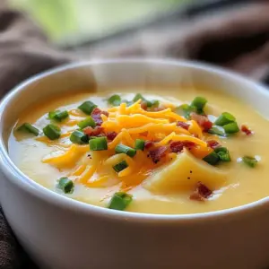 To make loaded potato soup, you will need these key ingredients: - 4 large russet potatoes, peeled and diced into 1-inch pieces - 1 medium onion, finely chopped - 3 cloves garlic, minced - 4 cups chicken or vegetable broth - 1 cup heavy cream - 1 cup sharp cheddar cheese, shredded - 1/2 cup sour cream - 4 slices turkey bacon, cooked until crispy and crumbled (optional) - 1/4 cup green onions, chopped (for garnish) - 1 teaspoon salt - 1/2 teaspoon black pepper - 1 teaspoon smoked paprika - 1 tablespoon olive oil These ingredients create a rich and hearty soup that warms you up on cold days. If you want a vegetarian version, here are some easy swaps: - Omit the turkey bacon. - Use vegetable broth instead of chicken broth. - You could add mushrooms or extra veggies for more flavor. These changes keep the soup delicious while making it vegetarian-friendly. Garnishing makes your soup look great and adds flavor. Here are some ideas: - Top with extra shredded cheddar cheese. - Add more crumbled bacon for crunch. - Sprinkle chopped green onions for freshness. - Drizzle with a bit of extra cream for richness. These garnishes make your loaded potato soup an eye-catching dish. {{ingredient_image_2}} Start by heating the olive oil in a large pot over medium heat. Once hot, add the finely chopped onion. Stir it often for about five minutes. You want it to become soft and clear. Next, add the minced garlic and stir for one more minute. Be careful not to burn it. The smell of garlic will fill your kitchen, and it&rsquo;s delightful! Now it&rsquo;s time for the potatoes! Add your diced russet potatoes to the pot along with the broth. Sprinkle in the salt, black pepper, and smoked paprika. This will add a lovely flavor. Turn up the heat until it starts to boil. After that, reduce the heat to low. Let it simmer for about 15 to 20 minutes. Check if the potatoes are fork-tender. You want them soft enough to mash easily. Once the potatoes are cooked, it&rsquo;s time to blend. You can use an immersion blender to puree about half of the soup. This keeps some chunks for texture. If you don&rsquo;t have an immersion blender, carefully transfer half the soup to a regular blender. Blend it until smooth, then pour it back into the pot. This gives the soup a nice creamy feel while keeping some potato pieces. Now your base is ready for the next steps! To get a creamy soup, blending is key. I like to blend half the soup. This keeps some potato chunks for texture. Use an immersion blender for convenience. If you don&rsquo;t have one, transfer half to a regular blender. Just be careful with hot liquids. You can add the heavy cream slowly. This helps to avoid curdling. Stir gently. Let the soup heat up but do not boil it after adding cream. This keeps it smooth and rich. For deeper flavor, I always use smoked paprika. It adds warmth and a hint of smokiness. Don't forget the salt and pepper; they bring out the taste of the potatoes. If you want a richer taste, try adding more cheese. Sharp cheddar gives a nice, bold kick. Fresh herbs like chives or parsley can also brighten the dish. They add a fresh note that balances the creaminess. A large pot is a must for this soup. It gives you enough space to cook without splashes. An immersion blender saves time and clean-up. A standard blender works too, but it takes longer. For easy saut&eacute;ing, use a wooden spoon. It helps mix everything without scratching your pot. You&rsquo;ll also need measuring cups and spoons for accuracy. These tools help ensure your loaded potato soup comes out perfect every time. Pro Tips Use a Variety of Potatoes: Different potato types can add unique flavors and textures to your soup. Consider mixing russets with Yukon Golds for creaminess. Adjust the Thickness: If you prefer a thicker soup, blend more of the potato mixture. For a thinner consistency, add extra broth or cream. Flavor Boosting: Enhance the flavor by adding herbs such as thyme or rosemary during the simmering process for a fragrant touch. Garnish Creatively: Elevate your presentation by using a variety of toppings like crispy onions, fresh herbs, or a dollop of flavored sour cream. {{image_4}} You can make a dairy-free version of this soup. Start by swapping heavy cream with coconut milk. Use a non-dairy cheese for a cheesy flavor. You can also add nutritional yeast for a cheesy taste without dairy. For the sour cream, try cashew cream or a dairy-free yogurt. This way, everyone can enjoy a warm bowl of soup. Want to add some heat? Use jalape&ntilde;os or red pepper flakes to spice things up. You can also stir in hot sauce while cooking for a kick. If you love smoky flavors, add chipotle peppers in adobo sauce. They will give your soup a rich, deep taste. For an even bolder twist, garnish with spicy salsa or pepper jack cheese. Adding more veggies makes this soup healthy and colorful. Carrots and celery work great in the base. Add them along with the onions and garlic. You can also toss in some spinach or kale at the end. They wilt quickly and add nutrients. For a burst of flavor, try adding roasted corn or diced bell peppers. These ingredients make the soup more filling and tasty. Storing your loaded potato soup is easy. First, let the soup cool to room temperature. Next, pour it into an airtight container. Seal the container tightly. You can keep the soup in the fridge for up to four days. If you have added bacon, store it in a separate container. This helps keep the bacon crispy. Freezing loaded potato soup is a great way to save it for later. Start by letting the soup cool completely. Then, use freezer-safe containers or bags. Pour in the soup, leaving some space at the top for expansion. Seal the containers tightly. Label them with the date. You can freeze the soup for up to three months. When you are ready to eat it, thaw it overnight in the fridge. Reheating your loaded potato soup is simple. For the best taste, use the stove. Pour the soup into a pot and heat it over low to medium heat. Stir it often to prevent sticking. You can also add a splash of broth or cream if it seems thick. If you prefer the microwave, use a microwave-safe bowl. Heat in short bursts, stirring in between. This helps the soup heat evenly. Enjoy your warm, creamy delight! Yes, you can make loaded potato soup ahead of time. It tastes even better the next day! To do this, follow the recipe up to the point of adding cream and cheese. Let the soup cool to room temperature, then store it in an airtight container in the fridge. When you&rsquo;re ready to serve, heat it on the stove. Stir in the cream and cheese just before serving for that creamy goodness. Here are some common mistakes to avoid when making loaded potato soup: - Not cooking the onions enough: Cook them until they are soft and sweet for the best flavor. - Overcooking the potatoes: They should be fork-tender, but not mushy. Check them often. - Skipping the blending step: Blending gives the soup a nice texture. Don&rsquo;t skip it! - Adding cheese too fast: Stir it in slowly to ensure it melts evenly and doesn&rsquo;t clump. To make loaded potato soup gluten-free, use gluten-free broth. Most chicken or vegetable broths are gluten-free, but check the label to be sure. Also, make sure any bacon or toppings you use are gluten-free. With these simple swaps, you can enjoy this creamy delight without worry. You now have a clear path to making loaded potato soup. We covered ingredients, from detailed lists to vegetarian swaps. You learned how to prepare, cook, and customize your soup. Tips and tricks for creaminess and flavor enhancement help you shine in the kitchen. We even explored variations, storage, and common FAQs to ease your cooking journey. Enjoy your delicious dish, and don&rsquo;t shy away from making it your own! Happy cooking!