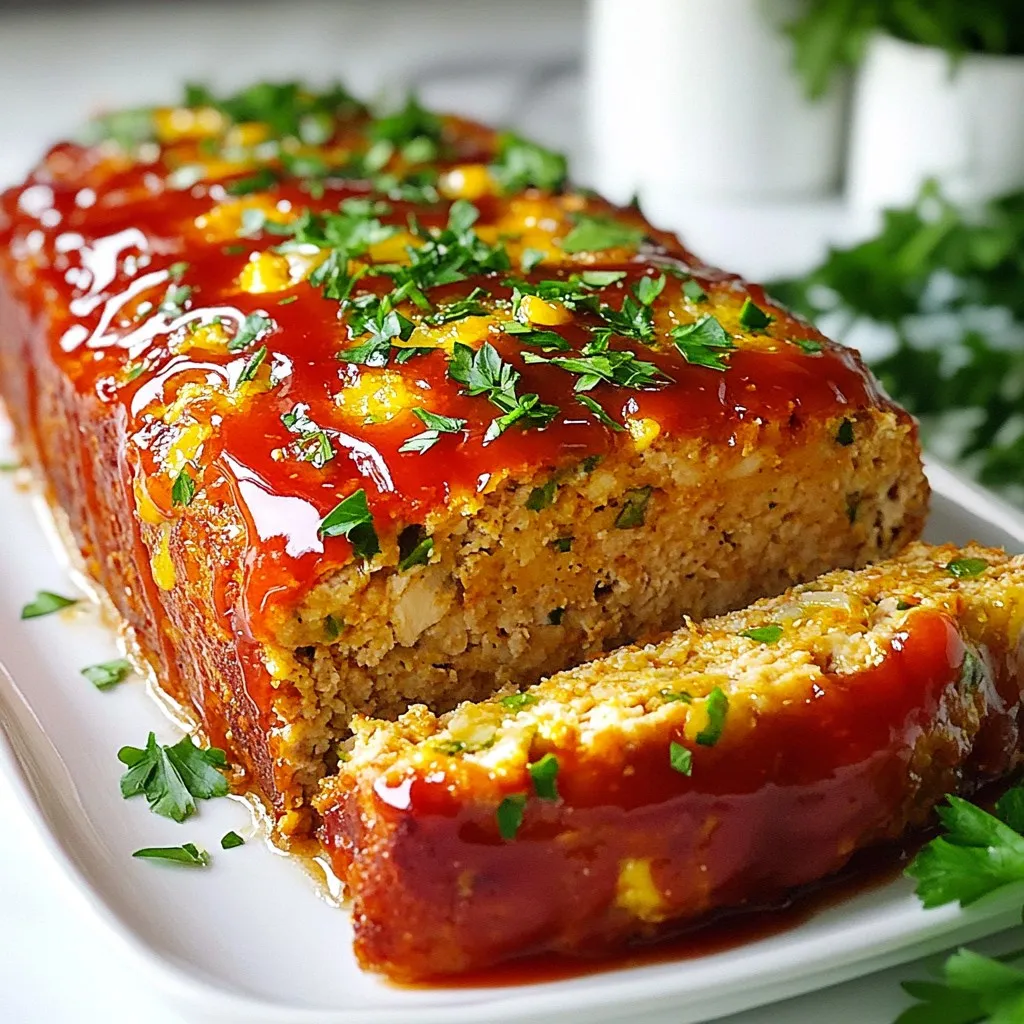 To make Garlic Parmesan Chicken Meatloaf, you'll need the following simple ingredients: - 1 lb (450g) ground chicken - 1 cup seasoned breadcrumbs - 1/2 cup grated Parmesan cheese - 1/4 cup fresh parsley, finely chopped - 4 cloves garlic, minced - 1/2 cup onion, finely chopped - 1 large egg, beaten - 1/4 cup milk - 1 teaspoon Italian seasoning blend - 1/2 teaspoon kosher salt - 1/4 teaspoon freshly ground black pepper - 1/4 cup ketchup (for topping) - 2 tablespoons olive oil (for sautéing) These ingredients work together to create a tasty meatloaf that's moist and full of flavor. The ground chicken keeps it light, while the seasoned breadcrumbs add texture. Grated Parmesan cheese gives it a rich taste, and fresh parsley brightens it up. Garlic and onion bring depth to the dish, making each bite exciting. The egg binds everything together, while milk ensures it stays moist. Italian seasoning, salt, and pepper enhance the flavors, creating a balanced profile. Finally, the ketchup on top adds a sweet and tangy glaze that makes the meatloaf visually appealing. This mix of ingredients results in a dish that's perfect for any dinner table. {{ingredient_image_2}} Set your oven to 350°F (175°C). This temperature cooks the meatloaf evenly. Grease a standard loaf pan lightly. You can use cooking spray or a bit of olive oil to prevent sticking. Heat 2 tablespoons of olive oil in a medium skillet over medium heat. Add in the finely chopped onions and minced garlic. Cook them for about 4-5 minutes. You want the onions to be soft and translucent. Once done, take the skillet off the heat and let it cool for a few minutes. In a big mixing bowl, combine the ground chicken, seasoned breadcrumbs, grated Parmesan cheese, and chopped parsley. Then add in the sautéed onions and garlic. Now, pour in the beaten egg, milk, Italian seasoning, salt, and black pepper. Mix it all together well. When mixing, use your hands or a spoon. Gently combine the ingredients until just blended. Avoid over-mixing, as this can make the meatloaf tough and dense. Transfer the mixture into the greased loaf pan. Shape it into a classic loaf form. Spread the ketchup evenly over the top for a tasty glaze that adds flavor. Place the meatloaf in the oven. Bake for 45-50 minutes. Check for doneness when the meatloaf reaches an internal temperature of 165°F (75°C). It should be cooked through and firm. Once out of the oven, let the meatloaf rest for 10 minutes. This step is key! Resting helps the juices redistribute. After resting, slice the meatloaf for serving. Enjoy it with your favorite sides! To make the best Garlic Parmesan Chicken Meatloaf, avoid density. Start by mixing the ingredients gently. Over-mixing can make the meatloaf tough. Use your hands or a spoon to combine everything until just mixed. This keeps the meatloaf light and fluffy. To keep it moist, add milk and an egg. They add moisture and help bind the meatloaf. Cooking the onion and garlic in olive oil also adds flavor and keeps it juicy. Let the meatloaf rest after baking. This helps the juices settle, making it more tender. For a beautiful dish, slice the meatloaf and arrange it on a serving platter. Garnish it with freshly chopped parsley and a sprinkle of Parmesan cheese. This adds color and visual appeal. Pair your meatloaf with sides like roasted vegetables or a fresh garden salad. Bright colors on the plate make the meal more inviting. You can also serve it with mashed potatoes for a classic touch. The best type of loaf pan for this recipe is a standard metal pan. It heats evenly and helps the meatloaf cook well. If you want a crispier outer layer, use a glass or ceramic pan. Helpful kitchen tools include a large mixing bowl and a medium skillet. A good knife helps with slicing the meatloaf. A meat thermometer is also handy to check for doneness. Aim for an internal temperature of 165°F (75°C) for safe eating. Pro Tips Use Fresh Herbs: Fresh parsley adds a vibrant flavor to the meatloaf. Feel free to experiment with other herbs like basil or thyme for a unique twist. Don’t Overmix: Mixing the ingredients too much can lead to a dense texture. Gently combine until just mixed for a light and moist meatloaf. Check Temperature: Using a meat thermometer ensures your meatloaf is cooked perfectly. Aim for an internal temperature of 165°F (75°C). Let It Rest: Allowing the meatloaf to rest for 10 minutes before slicing helps retain its juices, ensuring every bite is tender and flavorful. {{image_4}} You can switch up the ground chicken with other proteins. Ground turkey works well too. If you prefer beef, use lean ground beef for a richer flavor. For a vegetarian option, try using lentils or chickpeas. If you need a gluten-free version, use gluten-free breadcrumbs. You can also make your own breadcrumbs from gluten-free bread. This way, you still get that crunchy texture without the gluten. Want to boost the flavor? Add spices like paprika or cayenne for heat. Fresh herbs like basil or thyme can also brighten the dish. You might even try some crushed red pepper for a little kick. For toppings, instead of ketchup, consider barbecue sauce or a spicy sriracha glaze. You can also sprinkle more cheese on top for extra richness. You can make this meatloaf in a slow cooker. Just shape the mixture and place it in the cooker. Cook on low for about 6 hours. This method keeps the meatloaf super moist. If you have an air fryer, you can use it too. Set the temperature to 350°F (175°C) and cook for 25-30 minutes. The air fryer gives a nice crust while keeping the inside juicy. After cooking the Garlic Parmesan Chicken Meatloaf, let it cool down. This step helps keep it fresh. Store the meatloaf in an airtight container. You can also wrap it tightly with plastic wrap. It will last in the fridge for up to four days. If you want to keep it longer, consider freezing it. To freeze the meatloaf, first, let it cool completely. Cut it into slices for easier storage. Wrap each slice in plastic wrap, then place them in a freezer-safe bag. This method helps prevent freezer burn. You can freeze the meatloaf for up to three months. When you're ready to eat it, take it out and thaw in the fridge overnight. For reheating, use the oven for best results. Preheat the oven to 350°F (175°C). Place the meatloaf on a baking dish and cover it with foil. Bake for 20-25 minutes or until heated through. Enjoy it just like it was fresh! You can serve this meatloaf with many tasty sides. Here are some ideas: - Mashed potatoes - Roasted vegetables - Steamed green beans - Garden salad - Garlic bread These sides add flavor and balance to your meal. To check if the meatloaf is done, look for these signs: - An internal temperature of 165°F (75°C) - A nice golden-brown color on the outside Use a meat thermometer for best results. It ensures your meatloaf is safe to eat. Yes, you can make this meatloaf ahead of time. Here’s how: - Prepare the meatloaf mixture and shape it. - Cover it and store in the fridge for up to 24 hours. - Bake it when ready to eat. This method saves time and is handy for busy days. To reheat leftovers, follow these steps: - Preheat your oven to 350°F (175°C). - Place the meatloaf in a baking dish. - Add a splash of broth or water to keep it moist. - Cover with foil and heat for 20-25 minutes. This way, your meatloaf stays juicy and delicious. This blog post guides you through making a tasty Garlic Parmesan Chicken Meatloaf. I covered ingredients, simple steps, and tips to ensure your meatloaf is moist and flavorful. Remember to let it rest after baking for the best slices. With variations and storage tips, you can enjoy this dish in many ways. I hope you try these ideas and find your perfect meatloaf recipe. Cooking should be fun, and this dish makes it easy to impress everyone at your table. Enjoy your cooking journey!