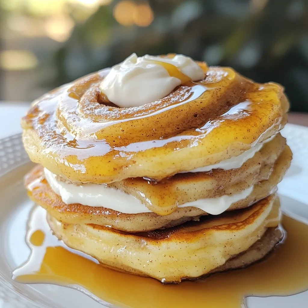 To make fluffy cinnamon roll pancakes, you need simple ingredients that blend well. Here’s what you’ll need: - 1 cup all-purpose flour - 2 tablespoons granulated sugar - 1 tablespoon baking powder - 1/2 teaspoon sea salt - 3/4 cup whole milk - 1 large egg - 2 tablespoons unsalted butter, melted - 1 teaspoon pure vanilla extract - 1/4 cup packed brown sugar - 1 tablespoon ground cinnamon - 1/4 cup cream cheese, softened (for drizzle) - 1 tablespoon pure maple syrup (for drizzle) These ingredients combine to create a sweet treat. Each one plays a key role in making your pancakes fluffy and delicious. All-purpose flour gives structure. Granulated sugar adds sweetness. Baking powder helps the pancakes rise. Sea salt enhances the flavors. Whole milk makes the batter creamy. The large egg binds everything together. Unsalted butter adds richness, while vanilla extract infuses a warm flavor. The brown sugar and cinnamon create a tasty swirl. Finally, the cream cheese and maple syrup make a delightful drizzle. Gather these ingredients, and you’ll be ready to make a tasty breakfast that will impress anyone! {{ingredient_image_2}} Start by grabbing a large mixing bowl. Add 1 cup of all-purpose flour. Next, add 2 tablespoons of granulated sugar. Then, mix in 1 tablespoon of baking powder and 1/2 teaspoon of sea salt. Use a whisk to blend these dry ingredients well. This step helps create a uniform batter. In another bowl, blend together 3/4 cup of whole milk, 1 large egg, 2 tablespoons of melted unsalted butter, and 1 teaspoon of pure vanilla extract. Stir until the mixture is smooth. This creates a rich base for your pancakes. Carefully pour the wet mixture into the dry mixture. Gently fold them together using a spatula. Do not overmix; a few small lumps are okay. Overmixing can lead to tough pancakes, and we want them fluffy! In a small bowl, combine 1/4 cup of packed brown sugar and 1 tablespoon of ground cinnamon. Mix them well. This sweet filling adds a delicious twist to your pancakes. Preheat your non-stick skillet over medium heat. Lightly grease the surface with melted butter or cooking spray. For each pancake, pour about 1/4 cup of batter onto the skillet. While the edges are still wet, sprinkle a teaspoon of the cinnamon filling in a spiral pattern over the batter. Cook for 2-3 minutes until bubbles form. Then, flip and cook for another 2 minutes until golden brown. In a small bowl, mix 1/4 cup of softened cream cheese with 1 tablespoon of pure maple syrup. Stir until smooth and creamy. If needed, add a splash of milk to reach your desired drizzle consistency. This drizzle makes the pancakes extra special! To make fluffy pancakes, you must not overmix the batter. When you combine the wet and dry ingredients, mix gently. It is okay to have small lumps in the batter. Overmixing can lead to tough pancakes. Remember, fluffiness comes from keeping some air in the batter. Cooking at the right temperature is key. Preheat your skillet over medium heat. If the skillet is too hot, the pancakes will burn on the outside and stay raw inside. If it’s too cool, they won’t rise well. A properly heated skillet will create a nice golden crust. Presentation makes your pancakes even more fun! Try drizzling the cream cheese mixture in a zigzag pattern on top. You can add a sprinkle of ground cinnamon for color. Fresh fruit like sliced bananas or berries also adds a nice touch. A dollop of whipped cream can make it feel special! Pro Tips Use Room Temperature Ingredients: Allow your milk and egg to sit at room temperature for about 30 minutes before mixing. This helps the batter come together more smoothly and results in fluffier pancakes. Don’t Overmix the Batter: It’s okay if there are a few lumps in the batter. Overmixing can lead to tough pancakes, so mix until just combined for the best texture. Perfect Cooking Temperature: Make sure your skillet is preheated to medium heat. If it's too hot, the pancakes will burn on the outside while remaining raw inside. Customize Your Filling: Feel free to add chocolate chips, nuts, or dried fruit to the cinnamon sugar filling for an extra twist. Just make sure not to overload the pancakes! {{image_4}} You can take your pancakes to the next level. Try adding nuts or fruits. Walnuts add a nice crunch. Bananas bring a sweet flavor. These options enhance taste and nutrition. Just chop them up and mix them in the batter. You can also sprinkle them on top when serving. Want a healthier twist? Use whole wheat flour instead of all-purpose flour. Whole wheat adds fiber and nutrients. You can also swap regular milk for almond or oat milk. This makes the pancakes dairy-free. These changes keep the taste delicious while making them a bit lighter. Syrup can change the game! Instead of regular maple syrup, try flavored ones. Cinnamon syrup adds a warm touch. Berry syrup brings a sweet and tangy twist. Chocolate syrup is a fun option for special days. Just pour it on top before serving for a burst of flavor. To keep your fluffy cinnamon roll pancakes fresh, start by letting them cool. Place the cooled pancakes in a single layer on a plate. If you have many pancakes, use parchment paper between layers. This prevents sticking. Transfer the plate to the fridge and cover it with plastic wrap. Your pancakes will stay good for about three days. If you want to keep them longer, consider freezing them. Just stack them with parchment paper and place them in a freezer-safe bag. They can last up to three months in the freezer. To warm your pancakes, you have a few choices. The microwave is quick and easy. Just place a pancake on a microwave-safe plate. Heat it for about 20 to 30 seconds. Check if it's hot enough; if not, heat it a bit more. For a crispier texture, use the skillet method. Preheat a non-stick skillet over medium heat. Place the pancake in the skillet for about one minute on each side. This method brings back the pancakes' fluffy texture and warmth. Enjoy your delicious breakfast again! Yes, you can prepare the batter ahead of time. Mix the dry and wet ingredients separately. Keep them in the fridge until you're ready to cook. This way, you save time during busy mornings. Just remember to mix them well before cooking. The batter may thicken in the fridge. If you want to skip eggs, use applesauce or mashed banana. Use 1/4 cup of either for each egg. You can also try flaxseed meal mixed with water. Combine 1 tablespoon of flaxseed meal with 2.5 tablespoons of water. Let it sit for a few minutes before using it in your recipe. To make these pancakes gluten-free, swap the all-purpose flour for a gluten-free blend. Many brands offer a one-to-one flour substitute. You can also use almond flour or oat flour, but the texture may change. Always check the labels to ensure they are certified gluten-free. Serve your pancakes warm with a drizzle of cream cheese. You can add fresh fruit like berries or banana slices for extra flavor. A sprinkle of chopped nuts adds a nice crunch. If you love maple syrup, pour some over the top for a sweet finish. In this post, we covered every step to make delicious cinnamon roll pancakes. You learned about key ingredients, mixing methods, and cooking tips. We also shared fun variations, storage advice, and answers to common questions. Enjoying these pancakes can be a delightful treat any day. Remember to experiment with flavors and toppings. Happy cooking!