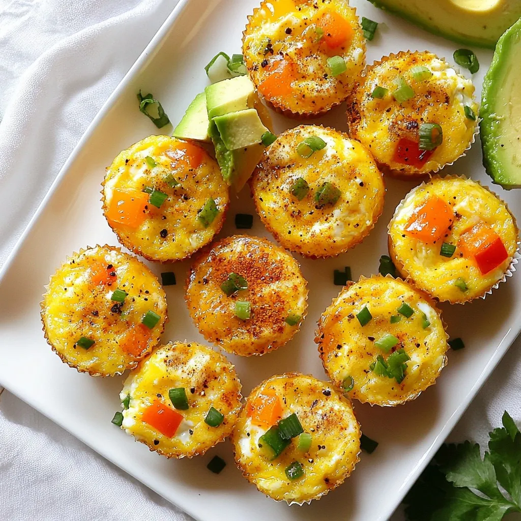 - 6 large eggs - 1 cup small curd cottage cheese - 1/2 cup shredded cheddar cheese - 1/2 cup diced bell peppers - 1/4 cup finely chopped green onions - 1 teaspoon garlic powder - 1 teaspoon salt - 1/2 teaspoon freshly ground black pepper - 1/4 teaspoon smoked paprika - Cooking spray or olive oil To make Fluffy Cottage Cheese Egg Muffins, gather all your ingredients first. You need six large eggs to form the base. Next, get one cup of small curd cottage cheese. This adds creaminess and protein to the muffins. Add half a cup of shredded cheddar cheese for a rich flavor. Mix in half a cup of diced bell peppers for some color and crunch. I love using a mix of red, yellow, and green bell peppers. They brighten up the muffins. Chop up a quarter cup of green onions finely. These will add a fresh taste. You will also need one teaspoon of garlic powder for extra flavor. One teaspoon of salt is key to balance all the tastes. Use half a teaspoon of freshly ground black pepper for a slight kick. Lastly, a quarter teaspoon of smoked paprika gives it a nice smoky note. Don't forget to have cooking spray or olive oil on hand. You need it to grease the muffin tin. With all these ingredients ready, you are set to create a delicious and healthy breakfast! {{ingredient_image_2}} - Preheat your oven to 350°F (175°C). - Grease a 12-cup muffin tin with cooking spray or olive oil. Make sure to coat each cup well to stop sticking. - Crack 6 large eggs into a big bowl. - Beat the eggs until they are frothy. This step helps make the muffins fluffy. - Add 1 cup of small curd cottage cheese to the eggs. Stir until smooth. - Mix in 1/2 cup of shredded cheddar cheese. - Add 1/2 cup of diced bell peppers and 1/4 cup of finely chopped green onions. - Fold these gently into the egg mix. Don’t over-mix to keep the texture nice. - Spice it up by adding 1 teaspoon of garlic powder, 1 teaspoon of salt, 1/2 teaspoon of black pepper, and 1/4 teaspoon of smoked paprika. Fold everything together well. - Pour the egg mix into the greased muffin cups, filling each about three-quarters full. - Place the muffin tin in your oven and bake for 18 to 22 minutes. - You’ll know they are done when the tops are golden and the center feels firm. - Take the muffin tin out of the oven. Let it sit for a few minutes. - Use a butter knife to run around the edges of each muffin. This helps them pop out easily. - Carefully lift the muffins out of the tin and cool them on a wire rack. To make your muffins fluffy, start by beating the eggs well. When you whisk them, ensure they are fully mixed and frothy. This airiness helps the muffins rise nicely. Next, combine the cottage cheese properly. Stir it in until the mixture is creamy. This step ensures every bite is soft and rich. Garnish your muffins for extra flavor and style. I love adding chopped green onions on top. They add a fresh crunch. Slices of ripe avocado also work great. The creaminess of the avocado pairs well with the muffins. You can serve them warm on a fun platter for a lovely presentation. Even mixing of your ingredients is key. When you fold in the cheese and veggies, do it gently. This keeps the texture light and fluffy. Avoid over-baking your muffins. Watch them closely in the oven. They should be set in the center and light golden on top. A little patience goes a long way! Pro Tips Use Fresh Ingredients: Fresh eggs and vegetables will enhance the flavor and texture of your muffins, making them more enjoyable. Experiment with Add-Ins: Feel free to add other ingredients like spinach, mushrooms, or diced ham for added flavor and nutrition. Cool Properly: Allow the muffins to cool on a wire rack to maintain their fluffiness and prevent sogginess at the bottom. Storage Tips: Store leftover muffins in an airtight container in the fridge for up to a week or freeze for longer shelf life. {{image_4}} You can switch up the cheese in these muffins for a new taste. If you prefer mozzarella, use it instead of cheddar. Mozzarella adds a nice stretch and mild flavor. Feta is another great choice. It brings a tangy bite that pairs well with the eggs. Just crumble the feta and mix it in. This keeps the muffins moist and adds a unique twist. You can boost the nutrition by adding more veggies. Spinach is a great option. It wilts down and blends well with the egg mixture. Diced tomatoes add a juicy burst of flavor. Zucchini is another tasty choice. Grate it finely and mix it in without adding too much moisture. Each veggie brings its own flavor, making your muffins more exciting and colorful. Changing up the spices can really enhance your muffins. Instead of garlic powder, try onion powder for a different taste. You can also add a pinch of cayenne pepper for some heat. If you like herbs, try dried oregano or basil. These spices can give your muffins a fresh twist and make them even more delicious. Experiment with what you have on hand to find your favorite blend. Store leftover muffins in an airtight container. Place them in the fridge right after they cool. This keeps them fresh and tasty. You can enjoy them for breakfast or a snack. To reheat, pop them in the microwave for about 20 seconds. This warms them up nicely. To freeze muffins, let them cool completely. Wrap each muffin in plastic wrap. Place the wrapped muffins in a freezer bag. Squeeze out the air to prevent freezer burn. They can stay frozen for up to three months. When you want one, take it out and thaw it in the fridge overnight. Reheat in the microwave for a warm treat. When stored properly, these muffins last about five days in the fridge. If frozen, they can last for three months. Always check for any signs of spoilage before eating. This ensures you enjoy your muffins at their best! Yes, you can use egg whites. This choice cuts fat and calories. Using only egg whites makes the muffins lighter. The texture will be fluffier, but they might lack richness. If you want a healthier option, go for egg whites. You can use 1/4 cup of egg whites for each egg. Mix them well before adding to the cottage cheese. You can check the muffins in two ways. First, look for a light golden color on top. Second, insert a toothpick into the center. If it comes out clean, the muffins are ready. They should also feel firm to the touch. If they jiggle too much, they need more time. Bake them for 18-22 minutes for best results. Yes, you can make these muffins ahead. They are perfect for meal prep. You can store them in the fridge for up to 5 days. Just place them in an airtight container. For longer storage, freeze them for up to 3 months. To reheat, pop them in the microwave for 30-60 seconds. This way, you can enjoy them anytime! These muffins pair well with many sides. You can serve them with fresh fruit, like berries or sliced apples. A light salad adds a nice crunch too. For drinks, consider orange juice or a smoothie. You could also add avocado slices on top for creaminess. These options enhance your meal and add more flavor! These fluffy cottage cheese egg muffins are easy to make and delicious. You learned the key ingredients, how to prepare, and bake them. I also shared tips for a great texture and storage advice. You can add your twist with different cheeses or veggies. Enjoy these muffins fresh or saved for later. They make a great breakfast or snack. Happy cooking!