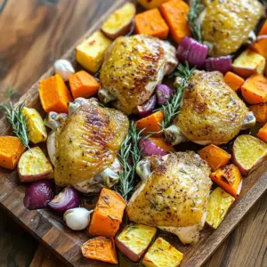 - 4 bone-in, skin-on chicken thighs - 2 large carrots, peeled and cut into 1-inch pieces - 2 parsnips, peeled and chopped into 1-inch chunks - 1 medium sweet potato, diced into bite-sized pieces - 1 red onion, cut into wedges - 4 cloves garlic, smashed but kept whole - 3 tablespoons olive oil, divided - 1 tablespoon fresh rosemary, finely chopped - 1 teaspoon smoked paprika - Salt and freshly ground black pepper to taste Gather these simple ingredients for a tasty meal. Chicken thighs give the dish rich flavor and juiciness. Root vegetables like carrots, parsnips, and sweet potatoes add natural sweetness and texture. The red onion brings a mild sharpness that balances well with the other veggies. Garlic infuses the dish with a warm aroma and savory taste. Use olive oil to help everything brown nicely as it roasts. Rosemary adds a fresh, herbal note, while smoked paprika gives a hint of smokiness. Salt and pepper enhance all the flavors and make the dish pop. With these ingredients, you can create a hearty, comforting meal that is easy to prepare and packed with flavor. Preheat your oven to 425°F (220°C). This high heat helps the chicken get crispy. While the oven warms up, grab a large mixing bowl. In this bowl, combine the chopped carrots, parsnips, sweet potato, red onion, and whole garlic cloves. Drizzle 2 tablespoons of olive oil over the veggies. Add salt, black pepper, and half of the smoked paprika. Toss everything well. Make sure each piece gets some oil and spice. In a small bowl, mix the remaining olive oil with chopped rosemary, the rest of the smoked paprika, salt, and black pepper. Use your hands to rub this mixture all over the chicken thighs. Be sure to coat both sides, focusing on the skin side. This seasoning will bring great flavor. Now it’s time to arrange everything. Spread the seasoned vegetables on a large rimmed baking sheet. Leave space for the chicken. Place the seasoned chicken thighs skin-side up on top of the veggies. Slide the baking sheet into the preheated oven. Roast for about 35 to 40 minutes. The chicken should reach an internal temperature of 165°F (75°C). Stir the vegetables halfway through cooking for even roasting. Once the chicken and veggies are done, take the baking sheet out of the oven. Let the meal rest for about 5 minutes. This resting time allows the flavors to enhance. When ready, serve the chicken and roasted veggies on a large platter. For a nice touch, garnish with fresh rosemary sprigs. Enjoy! To get crispy skin on the chicken, you need high heat and dry skin. Pat the chicken thighs dry with paper towels. This helps the skin crisp up nicely. Before cooking, season the skin well with salt. This also adds flavor. For even cooking of the vegetables, cut them into similar sizes. This way, they roast at the same rate. Stir the veggies halfway through cooking. It helps them brown nicely and cook evenly. Use a heavy-duty rimmed baking sheet. A thicker sheet holds heat better. This helps the chicken and veggies roast well. Make sure it is big enough to hold everything without crowding. You’ll also need a good mixing bowl. A large bowl makes it easier to coat the veggies with oil and spices. An instant-read thermometer is great for checking the chicken's doneness. It takes the guesswork out of cooking. To add extra flavor, try more spices. Consider thyme or oregano for a fresh taste. You can also add a bit of lemon juice for brightness. For presentation, serve the chicken and veggies on a large platter. Garnish with fresh rosemary sprigs. A light drizzle of balsamic reduction makes it pop. These small touches make the meal look and taste gourmet. {{image_4}} You can change the veggies based on what you have. Use seasonal options like squash in fall or asparagus in spring. This keeps the dish fresh and fun. Other root vegetables like beets or turnips work well too. They add color and taste. Just chop them into similar sizes for even cooking. If you want something other than chicken, try turkey thighs or drumsticks. They roast nicely and stay juicy. For a vegetarian or vegan option, use firm tofu or chickpeas. Toss them in the same spices to keep the flavor strong. Changing the seasonings can give this dish a new twist. For an Italian flavor, use basil and oregano. For a spicy kick, add cayenne pepper or chili powder. You can also marinate the chicken before roasting. A mix of yogurt and spices can make it tender and tasty. Just let it sit for a few hours or overnight for the best results. To keep your leftover sheet-pan roast chicken and root veggies fresh, use airtight containers. Glass or plastic containers with tight lids work well. You can also use freezer bags if you plan to freeze. Store your leftovers in the fridge. They will stay good for about three to four days. If you want to keep them longer, freeze them for up to three months. Just label the containers with the date. The best way to reheat your meal is in the oven. Preheat it to 350°F (175°C). Place the chicken and veggies on a baking sheet. Cover them with foil to keep them moist. Bake for about 15-20 minutes, or until heated through. If you use a microwave, place the food in a microwave-safe dish. Add a splash of water to keep it moist. Cover it with a microwave-safe lid. Heat in short bursts, stirring often, until hot. This method can make the chicken less crispy, so the oven is better for texture. To check if the chicken is done, use a meat thermometer. Insert it into the thickest part of the thigh. The temperature should reach 165°F (75°C). This shows the chicken is safe to eat. You can also look for the skin. It should be golden and crispy. The juices must run clear when you cut into the chicken. If the juices are pink, it needs more time. Yes, you can prep this meal ahead of time. Chop the vegetables and store them in the fridge. You can mix the seasonings for the chicken and keep them ready. For best results, season the chicken just before cooking. This keeps the flavors fresh. You can also marinate the chicken overnight for more taste. To make this dish gluten-free, check the spices. Some may contain gluten. Use gluten-free smoked paprika and salt. When cooking, avoid cross-contamination. Use clean utensils and cutting boards. If you are unsure about any ingredient, always read the label. This keeps your meal safe and tasty. This blog post covered a flavorful roasted chicken dish with root vegetables. You learned about the key ingredients, easy steps, and helpful tips to ensure a perfect meal. Roasting not only enhances flavor but also is simple with the right techniques. Remember, you can adapt the recipe using different proteins or vegetables based on your taste. Enjoy the leftovers, and don’t forget the proper storage and reheating tips. With practice, you'll create delicious meals that impress everyone. Cooking can be fun and fulfilling, so dive in and enjoy!