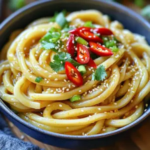 - 200g udon noodles - 3 tablespoons extra virgin olive oil - 5 cloves garlic, finely minced - 1 red chili, thinly sliced Udon noodles are thick and chewy. They give this dish a satisfying bite. Extra virgin olive oil brings a rich taste and helps cook the garlic. Garlic adds a warm flavor. The red chili gives heat and color. Adjust the chili to your taste. - 2 tablespoons soy sauce - 1 tablespoon toasted sesame oil - 1-2 teaspoons chili flakes Soy sauce adds saltiness and depth. Toasted sesame oil adds nuttiness. Chili flakes can give an extra kick. You can use them based on your spice level. - 1 green onion, finely chopped - 1 tablespoon toasted sesame seeds - Fresh cilantro leaves for garnish Green onion adds freshness and a bit of crunch. Toasted sesame seeds give a nice texture. Fresh cilantro leaves brighten the dish. These ingredients create a beautiful and tasty finish. To cook the udon noodles, start by boiling a large pot of water. Once the water bubbles, add the udon noodles. Cook them for 2-3 minutes. After cooking, drain the noodles in a colander. Rinse them under cold water to stop the cooking. Set the noodles aside for later. Next, heat 3 tablespoons of extra virgin olive oil in a large skillet over medium heat. Add 5 cloves of minced garlic and 1 thinly sliced red chili to the pan. Sauté for 1-2 minutes, watching the garlic closely. You want it fragrant but not browned. This keeps the sauce from tasting bitter. Now, add the cooked udon noodles to the skillet. Drizzle in 2 tablespoons of soy sauce and 1 tablespoon of toasted sesame oil. If you love heat, sprinkle in 1-2 teaspoons of chili flakes. Gently toss the noodles until they coat well with the sauce. Heat everything together for 2-3 minutes until warmed through. Remove the skillet from the heat. Stir in 1 finely chopped green onion. Mix gently to blend the fresh flavors with the noodles. Portion the garlic chili udon noodles into bowls. For a beautiful touch, sprinkle toasted sesame seeds on top. Add fresh cilantro leaves for color and flavor. Serve the noodles in deep bowls, swirling them for an elegant look. Add slices of chili on top for extra flair. To get the best garlic taste, avoid burning it. When you heat the olive oil, keep the heat at medium. Add the minced garlic and sliced chili only when the oil is hot but not smoking. Stir for about 1-2 minutes. You want the garlic fragrant, not brown. Brown garlic tastes bitter, and that ruins the dish. For spice, use the right amount of chili. Start with one red chili, sliced thin. Taste as you go. If you want more heat, add chili flakes. Just a little can make it spicy! You can easily customize this dish. Adding proteins like chicken or tofu gives you a hearty meal. Cook the protein first, then add it when you mix in the udon noodles. This way, it absorbs the garlic flavor well. Adding vegetables boosts nutrition. Think about using bell peppers, broccoli, or snap peas. Sauté them with the garlic and chili for added color and crunch. Store your leftovers in an airtight container. Keep them in the fridge for up to three days. If you want to save more, freeze the noodles and sauce separately. They can last up to three months this way. When reheating, use a skillet for the best texture. Warm up the noodles on low heat. Add a splash of water or oil to keep them moist. This prevents them from getting dry or sticky. Enjoy your tasty Garlic Chili Udon again! {{image_4}} You can easily make this dish vegetarian. First, swap out any meat for plant-based proteins. Tofu works great in this dish; it soaks up all the flavors. You can also add mushrooms or bok choy to the noodles. These veggies add a nice texture and flavor. Just sauté them with the garlic for a few minutes. This way, they stay crisp and tasty. You can adjust the heat of your garlic chili udon. If you love spice, add more red chili or chili flakes. Try using different chili types, like jalapeños or serranos, for varied flavors. If you prefer a mild version, use less chili. You can also remove the seeds from the chili to lower the heat. This makes the dish enjoyable for everyone. If you need gluten-free options, try using rice noodles or quinoa noodles instead of udon. Ensure to check the package for cooking times. For your sauce, use tamari instead of soy sauce. This swap keeps it gluten-free but still full of flavor. Adjusting these ingredients allows everyone to enjoy this tasty dish without worry. Store your Minute Garlic Chili Udon in the fridge. Use an airtight container to keep it fresh. It’s best to eat it within 2-3 days. Reheat it in a pan or microwave before serving. You can add a splash of water to help steam the noodles back to life. To freeze udon noodles and sauce, first, cool them completely. Place them in freezer bags or containers. Remove as much air as possible. This helps prevent freezer burn. You can freeze them for up to 1 month. When you’re ready, thaw in the fridge overnight before reheating. The dish stays fresh for about 3 days in the fridge. When frozen, it can last up to a month. Always check for any off smells or colors before eating. If it looks or smells odd, it’s best to throw it away. Enjoy your delicious udon while it's still fresh! To add heat, you have options. Here are some ideas: - Use more red chili slices. - Add chili flakes to your taste. - Try a dash of hot sauce. - Include sliced jalapeños for extra kick. These options can make your dish as spicy as you like! Yes, you can use dry udon noodles! Just follow these steps: - Cook them in boiling water for about 6-8 minutes. - Check the package for the exact time. - Drain and rinse them like fresh noodles. This way, you can enjoy the same flavor! Garlic Chili Udon pairs well with many sides. Here are a few: - Steamed broccoli for a healthy option. - Crispy tofu for added protein. - A light salad to balance the flavors. - Egg rolls for a tasty crunch. These sides will enhance your meal! Yes, Garlic Chili Udon can be vegan! Here’s how to keep it plant-based: - Use vegetable broth instead of chicken broth. - Ensure your soy sauce is vegan. - Skip the sesame oil if you want. These simple swaps make it a great vegan dish! This Garlic Chili Udon recipe is easy and full of flavor. You learned about the key ingredients like udon noodles, olive oil, and garlic. I shared step-by-step instructions to make a great dish. You can spice it up or keep it mild with simple adjustments. Remember to store leftovers properly for freshness. Customize it with proteins or veggies to fit your taste. Enjoy creating this delicious meal that’s sure to please anyone!