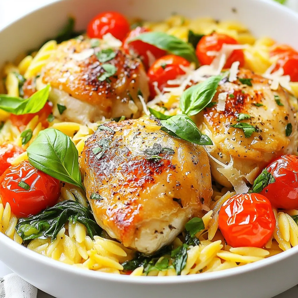 - 1 pound boneless, skinless chicken thighs, cut into bite-sized pieces - 1 tablespoon olive oil - 1 small onion, finely diced - 3 cloves garlic, minced - 1 teaspoon Italian seasoning blend - 1 cup cherry tomatoes, halved - 2 cups low-sodium chicken broth - 1 cup orzo pasta - 1 cup fresh spinach, roughly chopped - ½ cup heavy cream - ½ cup grated Parmesan cheese - Salt and freshly ground black pepper, to taste - Fresh basil leaves, for garnish I love using simple, fresh ingredients for my One-Pot Creamy Tuscan Chicken Orzo. The chicken thighs give great flavor, and the orzo cooks perfectly in one pot. It makes everything easier! Feel free to customize your dish with these add-ins: - Sliced mushrooms for a savory touch - Red bell peppers for a pop of color - Zucchini for added nutrition - Sun-dried tomatoes for extra flavor These options let you play with flavors and textures. You can mix and match based on what you have at home. To make your meal look even better, try these garnishes: - Extra grated Parmesan cheese on top - A drizzle of olive oil for richness - A sprinkle of red pepper flakes for heat - A few extra basil leaves for freshness These garnishes will elevate the dish and make it more appealing. Enjoy your cooking adventure! {{ingredient_image_2}} Start with your ingredients ready. Gather your chicken thighs, onion, garlic, and spices. Cut the chicken into small pieces. This makes cooking quicker. Dicing the onion finely helps it cook evenly. Mince the garlic to release its strong flavor. Heat a large pot on medium heat. Add one tablespoon of olive oil. When the oil shimmers, it’s ready. Place the diced chicken in the pot in a single layer. Cook for 5-7 minutes. Stir occasionally until the chicken turns golden brown. Once cooked, take the chicken out and set it aside. In the same pot, add the diced onion. Sauté for 3-4 minutes until the onion is soft. Then, add minced garlic and Italian seasoning. Stir for about one minute. Next, add halved cherry tomatoes and cook for 2 minutes. Pour in the chicken broth and bring it to a simmer. Add the orzo pasta, then return the chicken to the pot. Cover and cook for 8-10 minutes. Stir occasionally. When the orzo is done, add chopped spinach, heavy cream, and Parmesan cheese. Stir until the cheese melts. Taste and adjust the salt and pepper. Serve hot, garnished with fresh basil. To make this dish shine, use a heavy pot. It helps cook evenly. Start by cooking the chicken until golden. This adds flavor. Don’t rush this step; let it brown well. When you add the onion, cook until it’s soft. This brings out its sweetness. Stir in garlic after the onion. Garlic cooks fast, so watch it closely. For that dreamy creaminess, you need heavy cream. Add it towards the end of cooking. This keeps it smooth and rich. Parmesan cheese also helps. It melts beautifully and thickens the sauce. Stir both in right after the orzo is cooked. The heat will make them blend well. If you want it creamier, add a bit more cream. Avoid adding too much broth at once. This can make the orzo mushy. Stir gently when you add the orzo. It needs space to cook well. Don’t skip the seasoning. Salt and pepper are key for flavor. Lastly, don’t overcook the spinach. It should wilt but not turn mushy. This keeps the dish vibrant and fresh. Pro Tips Use Fresh Ingredients: Fresh spinach and ripe cherry tomatoes will enhance the flavor and nutrition of your dish. Always opt for seasonal produce when possible. Perfectly Cooked Orzo: Keep an eye on your orzo while it's cooking. It should be al dente, so taste it a minute or two before the suggested cooking time. Adjust Creaminess: If you prefer a lighter dish, you can reduce the amount of heavy cream or substitute with half-and-half for a less rich sauce. Leftovers Storage: This dish stores well in the refrigerator for up to 3 days. Reheat gently on the stove with a splash of chicken broth to bring back its creaminess. {{image_4}} You can easily make this dish vegetarian. Simply swap out the chicken for bite-sized, firm tofu. Use vegetable broth instead of chicken broth. Add more vegetables like zucchini or mushrooms for extra flavor and texture. This keeps the creamy sauce and orzo while making it plant-based. To boost the flavor, add a squeeze of fresh lemon juice. This brightens up the dish. You can also mix in sun-dried tomatoes or olives for a salty kick. Fresh herbs like thyme or oregano can add depth. Just sprinkle them in while cooking for a fresh taste. If you don’t have orzo, use rice or quinoa instead. They both work great with the creamy sauce. For cheese, try feta or goat cheese if you want a different taste. You can also replace heavy cream with half-and-half or a plant-based milk for a lighter version. To store your creamy Tuscan chicken orzo, first let it cool. Place it in an airtight container. This will help keep it fresh. You can store it in the fridge for up to three days. Make sure to label your container with the date. When it's time to enjoy leftovers, reheat your orzo on the stove. Add a splash of chicken broth or water to prevent it from drying out. Heat over low to medium heat, stirring often. You can also use the microwave. Place it in a bowl, cover it loosely, and heat in short bursts. Stir in between to heat evenly. If you want to freeze the orzo, use a freezer-safe container. It can last for up to three months in the freezer. To thaw, place it in the fridge overnight. Reheat it using the methods above. Keep in mind that the texture may change slightly after freezing. Yes, you can use other pastas. Penne, fusilli, or farfalle work well. Just adjust the cooking time. Keep an eye on your pasta so it doesn't get too soft. Each pasta type adds a unique taste and shape to the dish. You have some great options for heavy cream. You can use half-and-half for a lighter choice. Coconut milk gives a rich flavor, too. You might also try Greek yogurt for creaminess. Just remember to stir it in slowly to keep the sauce smooth. Making this dish gluten-free is simple. Just swap orzo with gluten-free pasta. Many brands offer great gluten-free options. Always check the package for cooking times. You can enjoy this creamy Tuscan chicken orzo without worry! You learned about the key ingredients and steps to make this dish shine. We covered cooking tips, variations, and how to store leftovers. Understanding these details helps you create a tasty meal each time. Cooking can be fun and easy, and you can adjust the recipe to your taste. Remember to avoid common mistakes for the best results. With these insights, you can enjoy your cooking journey and share delicious meals with others.