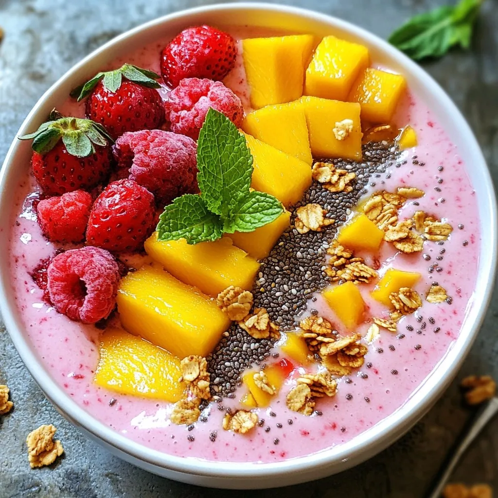 - 1 cup frozen strawberries - 1 cup frozen mango chunks - 1 ripe banana, sliced - 1/2 cup coconut milk (or any milk you prefer) - 1 tablespoon honey or maple syrup (optional) - 1/4 cup granola (choose your favorite type) - 2 tablespoons chia seeds - Fresh berries and sliced mango for topping - Fresh mint leaves for garnish (optional) To make a Strawberry Mango Smoothie Bowl, you need fresh and frozen fruits. Start with 1 cup of frozen strawberries and 1 cup of frozen mango chunks. These fruits bring a sweet and tangy flavor. Add 1 ripe banana, sliced, for creaminess. For the base, use 1/2 cup of coconut milk or any milk you like. This milk adds richness. If you want it sweeter, add 1 tablespoon of honey or maple syrup. This step is optional, but it can enhance the flavor. Next, you’ll need 1/4 cup of granola. Choose your favorite kind to add crunch. For nutrition, include 2 tablespoons of chia seeds. They are tiny but mighty! Don't forget the toppings. Fresh berries and sliced mango make it pretty. Lastly, add fresh mint leaves for a pop of color and taste, if you want. This mix of ingredients makes a vibrant and tasty smoothie bowl. You will love how easy it is to prepare this fresh and flavorful treat! {{ingredient_image_2}} - Step 1: Combine ingredients in a blender Start by adding the frozen strawberries, frozen mango chunks, sliced banana, and coconut milk to your blender. Make sure you use a high-speed blender for the best results. - Step 2: Blend until smooth and creamy Blend the mixture on high speed. Stop occasionally to scrape down the sides. This ensures everything mixes well. You want a smooth and creamy texture with no chunks left. - Step 3: Adjust sweetness if necessary After blending, taste your smoothie. If it’s not sweet enough, add honey or maple syrup. Blend it again briefly to mix in the sweetener. - Step 4: Pour into a bowl and create decorative swirls Once your smoothie is ready, pour it into a large bowl. To make it look pretty, use the back of a spoon to create swirls on the surface. - Step 5: Add toppings and garnish Now comes the fun part! Top your smoothie bowl with granola for crunch. Sprinkle chia seeds on top for nutrition. Arrange fresh berries and sliced mango to create a colorful display. If you like, finish it off with fresh mint leaves for a pop of color and freshness. For the best taste, use high-quality frozen fruits. Look for brands that flash-freeze their fruits quickly. This keeps the flavor and nutrients intact. My go-to brands are Dole and Cascadian Farm. They offer tasty options that blend well. Bananas should be ripe for the best flavor. A ripe banana has brown spots, which means it is sweet. Avoid green bananas; they are not sweet enough. If your bananas are too ripe, freeze them for later use. To get that perfect creamy texture, use a high-speed blender. Start with the milk, then add the frozen fruit. This helps the blender work smoothly. If you notice lumps, stop the blender. Use a spatula to scrape down the sides. Prevent overflow by not overfilling the blender. Keep the lid on tight, but leave a small gap. This allows steam to escape as it blends. If you want to skip honey or maple syrup, try using dates. They blend well and add natural sweetness. You can also use a bit of vanilla extract. To keep the smoothie naturally sweet, focus on using ripe fruits. The riper the fruit, the sweeter it will be. Always taste before adding any sweeteners. This way, you can adjust to your liking. Pro Tips Use Frozen Fruits: For a thicker and creamier texture, always opt for frozen fruits instead of fresh. They help create a smoothie bowl that holds its shape better. Customize Your Sweetness: Adjust the sweetness of your smoothie bowl to your taste. Start with less honey or maple syrup, then add more as needed after blending. Experiment with Toppings: Don't hesitate to mix and match toppings! Try adding nuts, seeds, or shredded coconut for added flavor and crunch. Chill Your Bowl: For an extra refreshing experience, chill your serving bowl in the freezer for a few minutes before pouring in the smoothie mixture. {{image_4}} When you make a strawberry mango smoothie bowl, the toppings can change everything. Here are some ideas to mix it up: - Different granola options: You can use any granola you like. Try nutty granola for crunch, or go for a fruity variety for extra flavor. - Additional fruit combinations: Add sliced bananas, kiwi, or even blueberries on top. You can make your bowl look as colorful as it tastes! If you want a dairy-free or vegan smoothie bowl, there are simple swaps: - Milk substitutes: Coconut milk is great, but almond or oat milk works well too. Choose what you like best. - Sweetener options for vegan diets: Use maple syrup instead of honey. It gives a nice sweetness and fits vegan diets perfectly. Want to boost the flavor of your smoothie bowl? Here are some fun ideas: - Spices or extracts to try: Cinnamon or vanilla extract adds a lovely touch. Just a little can make a big difference. - Adding protein powders or supplements: If you want more protein, mix in a scoop of your favorite protein powder. It helps keep you full longer and adds nutrition. These variations let you customize your smoothie bowl to your taste. Enjoy trying out new combinations! To keep your strawberry mango smoothie bowl fresh, refrigerate it right away. Use an airtight container and store it in the fridge for up to 24 hours. If you want to save it for longer, freezing is a great option. Pour the leftover smoothie into ice cube trays. Once frozen, pop the cubes into a freezer bag. This way, you can blend them later for a quick treat. The best containers for storing your smoothie bowl are glass or BPA-free plastic. These materials keep your food safe and fresh. Choose containers with tight lids to prevent spills. When ready to serve, simply take out your smoothie bowl and add your toppings. This makes for a quick and easy snack or breakfast. Can I use fresh fruit instead of frozen? Yes, you can use fresh fruit. However, frozen fruit makes the smoothie bowl colder and creamier. If you use fresh fruit, add some ice to achieve that chill and thick texture you want. How can I make it thicker or thinner? To make your smoothie bowl thicker, add more frozen fruit or less liquid. If it’s too thick, add a bit more coconut milk or water. Blend again for a smooth finish. Caloric content of the smoothie bowl This Strawberry Mango Smoothie Bowl has about 300-400 calories per serving. The exact count can change based on the toppings and sweeteners you choose. Health benefits of key ingredients - Strawberries: High in vitamin C and antioxidants, good for skin health. - Mango: Rich in vitamins A and C, supports vision and immune health. - Chia seeds: Packed with omega-3s and fiber, great for digestion. - Coconut milk: Provides healthy fats and a creamy texture. Best pairings with smoothie bowls Smoothie bowls pair well with nuts, seeds, and fresh fruits. You can also add nut butter for extra protein and flavor. Ideal occasions for serving smoothie bowls These bowls are perfect for breakfast, brunch, or a refreshing snack. They are great for hot days and can even be served at parties for a colorful treat. In this blog post, we explored how to make a delicious smoothie bowl. We covered the key ingredients and step-by-step instructions to create a smooth, creamy base. Tips for selection, blending, and storage help ensure success. You can customize your smoothie bowl with different toppings and flavors to fit your taste. Remember, making this healthy treat can be fun and easy. With a little practice, you can enjoy tasty and nutritious creations right at home. Dive in and enjoy your smoothie bowl adventure!