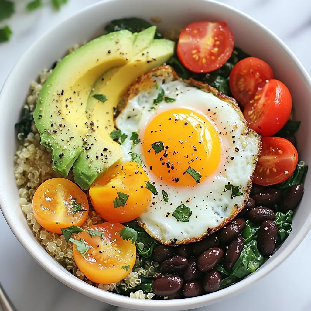 To make tasty macro-friendly breakfast bowls, gather these fresh and nutritious items: - 1 cup quinoa, rinsed and cooked - 1 cup fresh spinach, chopped - 2 large eggs - 1/2 ripe avocado, sliced - 1/4 cup cherry tomatoes, halved - 1/4 cup black beans, drained and rinsed - 1 tablespoon olive oil - Salt and pepper, to taste - 1 teaspoon chili powder (optional) - Fresh cilantro, for garnish These ingredients create a balanced meal, rich in protein, healthy fats, and fiber. Quinoa acts as a great base, providing a complete protein source. Spinach adds essential vitamins and minerals. Eggs bring protein and healthy fats, while avocado offers creamy goodness and healthy oils. Tomatoes and black beans add vibrant color and extra nutrients. Feel free to adjust the seasonings based on your taste. I love adding fresh cilantro and a dash of chili powder for some extra kick. Each ingredient plays a role in making this breakfast both delicious and nourishing. Enjoy mixing and matching these ingredients for a meal that fits your health goals! {{ingredient_image_2}} To start, rinse 1 cup of quinoa under cold water. This helps remove any bitter taste. In a medium saucepan, mix the rinsed quinoa with 2 cups of water. Bring the water to a boil over high heat. Once it boils, lower the heat and cover the pot. Let it simmer for about 15 minutes. You know it's done when all the water is gone, and the quinoa looks fluffy. After cooking, let it sit covered for 5 minutes. This resting time helps the grains expand and become light. While the quinoa cooks, grab a skillet and add 1 tablespoon of olive oil. Heat it over medium heat. Once the oil is warm, add the chopped spinach. Sauté for 2-3 minutes, stirring often. You want the spinach to turn bright green and wilted. For extra flavor, add a pinch of salt, pepper, and chili powder. This step makes the spinach taste fresh and lively. Next, it's time to cook the eggs. Crack 2 large eggs into the same skillet. You can cook them sunny-side up or scramble them, depending on what you like. Season with a light sprinkle of salt and pepper. If you choose sunny-side up, cook until the whites are set and the yolks are still runny. For scrambled eggs, stir them until they are fully cooked. Now that everything is ready, it's time to put your bowls together. Start by fluffing the cooked quinoa with a fork. Divide the quinoa evenly between two bowls. Layer the sautéed spinach on top of the quinoa. Then, add 1/4 cup of drained black beans, followed by 1/2 sliced avocado, and 1/4 cup of halved cherry tomatoes. Finally, place the cooked eggs on top of this colorful mix. For the final touch, sprinkle fresh cilantro over each bowl. This adds a nice aroma and flavor. If you love a bit of spice, feel free to add a dash of chili powder on top. Serve these bowls right away for a hearty breakfast. To make it even zestier, include a lemon wedge on the side. Squeeze it over the bowl just before eating for a refreshing kick! Each serving has a balance of carbs, protein, and fats. This bowl packs about 400 calories. It provides around 15 grams of protein, 20 grams of fat, and 45 grams of carbs. This mix supports energy and muscle health. To adjust for your diet, you can tweak these amounts. If you want more protein, add more eggs or beans. For fewer carbs, reduce quinoa or skip the beans. This flexibility helps meet your goals. You can change the recipe to fit your needs. For a vegan option, swap eggs for tofu or chickpeas. If you're gluten-free, quinoa is a great choice! For extra nutrients, consider adding nuts, seeds, or a dollop of Greek yogurt. You can also mix in other veggies like bell peppers or zucchini for more flavor and color. A colorful breakfast bowl is more inviting. Use bright bowls to make your food pop. Arrange each ingredient in sections for a fun look. Consider garnishing with fresh herbs like cilantro or parsley. A lemon wedge adds zest and looks great. The more colorful your bowl, the more fun your meal! Pro Tips Fresh Spinach: Opt for fresh spinach over frozen for a brighter flavor and better texture in your breakfast bowl. Perfectly Cooked Eggs: For perfectly sunny-side up eggs, cover the skillet with a lid for the last minute to ensure the whites are fully set while keeping the yolks runny. Customize Your Toppings: Feel free to swap in other veggies like bell peppers or add your favorite cheese for extra flavor and nutrients. Meal Prep Ahead: Cook a larger batch of quinoa at once and store it in the fridge for quick assembly of breakfast bowls throughout the week. {{image_4}} If you want to switch up the protein, eggs are not your only choice. You can use tofu or chickpeas instead. - Tofu: Scramble firm tofu in a skillet. Add salt, pepper, and your favorite spices. This gives a nice texture and taste. - Chickpeas: Use canned chickpeas. Rinse them and warm them in a pan. They add a good crunch and flavor. For high-protein toppings, consider these options: - Greek yogurt: A dollop on top adds creaminess and protein. - Nuts and seeds: Sprinkle some almonds or pumpkin seeds for extra protein and crunch. Quinoa is great, but other grains work too. Here are some tasty options: - Brown rice: It has a nice chew and is filling. - Farro: This ancient grain adds a nutty flavor and chewy texture. - Oats: Rolled oats can be a unique base, especially for sweet bowls. If you need gluten-free options, here are some: - Buckwheat: It’s not wheat and is gluten-free. - Millet: This tiny grain cooks quickly and is light. You can jazz up your breakfast bowls with different seasonings. Here are some ideas: - Herbs: Fresh basil or parsley can brighten your dish. - Spices: Try cumin or smoked paprika for warmth. - Garlic powder: Just a pinch can add depth. You can also choose spicy or mild flavor additions: - Chili flakes: For a kick, sprinkle some on top. - Mild salsa: A spoonful adds flavor without too much heat. - Lemon juice: Squeeze some fresh lemon for a zesty touch. Feel free to mix and match these variations to create your perfect breakfast bowl! To store your breakfast bowls, place them in airtight containers. This keeps them fresh and prevents odors from mixing. Make sure to separate the eggs if you plan to store them. The best time to eat leftovers is within three days. After that, the taste and quality may drop. Reheat your bowls in the microwave for about one to two minutes. Stir halfway to heat evenly. If you prefer the stovetop, use a skillet over low heat. Add a splash of water to avoid drying out the ingredients. This keeps your bowl tasty and fresh. Enjoy your healthy breakfast anytime! Macro friendly breakfast bowls are meals that balance protein, carbs, and fats. They help you meet your daily goals. Key components include whole grains, veggies, and protein sources. In this recipe, we use quinoa, spinach, eggs, and avocado. Together, they create a colorful and tasty dish. Yes, you can easily make this recipe vegan. Replace the eggs with tofu or chickpeas. Use plant-based milk for creaminess if desired. You can also add more beans or lentils for protein. This way, you still enjoy a hearty meal without animal products. To boost protein, add more eggs or use egg whites. You can also include Greek yogurt or cottage cheese. Another great option is to sprinkle hemp seeds or chia seeds on top. These ingredients give you extra protein and healthy fats. Cooking times are as follows: - Quinoa: About 20 minutes total (15 minutes cooking plus 5 minutes resting). - Spinach: 2-3 minutes in a skillet. - Eggs: 3-5 minutes, depending on how you like them cooked. Yes, meal prepping these bowls is simple. Cook all components and let them cool. Store each part in airtight containers. You can keep them in the fridge for up to three days. When ready to eat, just reheat the quinoa and spinach. Top with fresh ingredients right before serving for the best taste. This blog provided a delicious and nutritious breakfast bowl recipe. You learned how to cook quinoa, sauté spinach, and prepare eggs perfectly. We discussed tips for macronutrient balance and customized your dish to fit your needs. You also saw simple ways to store and reheat your bowls. In conclusion, these breakfast bowls are not only tasty but easy to make. They fit many diets and can be adapted to suit your taste. Enjoy crafting your unique creations each morning!