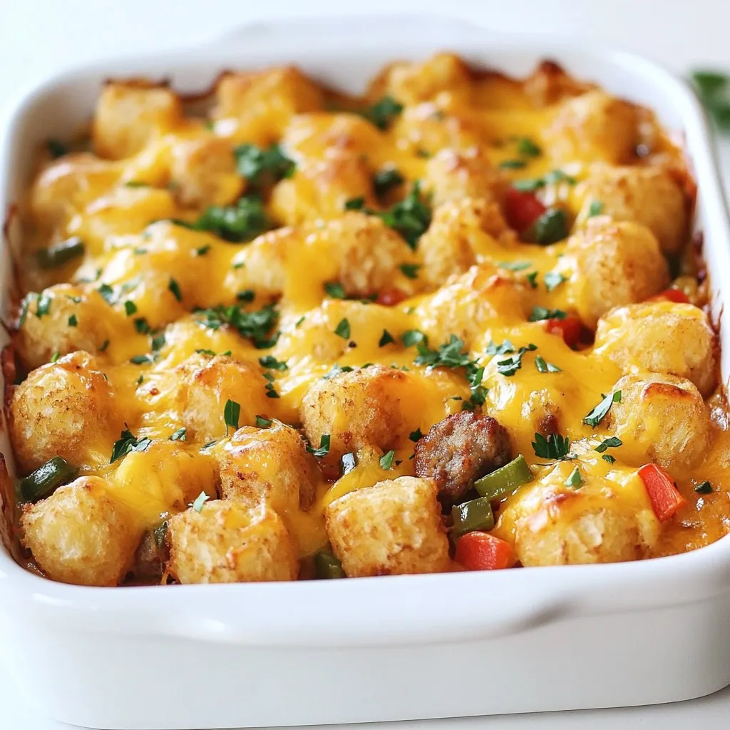 This Tater Tot Sausage Breakfast Casserole is a game changer for any morning. It combines crispy tater tots with savory sausage for pure joy. You can make it for brunch, breakfast, or any time you want comfort food. What do you need to make this casserole? - 32 oz. frozen tater tots - 1 lb. breakfast sausage, crumbled - 6 large eggs - 1 cup milk - 1 cup shredded cheddar cheese - 1/2 cup diced bell peppers - 1/2 cup diced onions - 1/2 teaspoon garlic powder - 1/2 teaspoon smoked paprika - Salt and black pepper to taste - Fresh parsley, chopped, for garnish How do you prepare the casserole? Start by preheating your oven to 375°F (190°C). This step ensures your casserole cooks evenly. Next, cook the crumbled breakfast sausage in a skillet over medium heat. This takes about 5-7 minutes. Keep stirring to break it into smaller pieces. Once it's brown, drain any excess grease. In a large bowl, whisk together the eggs and milk. Add garlic powder, smoked paprika, salt, and black pepper. Mix until smooth. Now, take a greased 9x13-inch baking dish and spread half of the frozen tater tots across the bottom. This base layer gives a great texture. Evenly distribute the cooked sausage over the tater tots. Next, sprinkle the diced bell peppers and onions across the sausage. Pour the egg mixture over everything. Make sure it seeps into all the layers. This helps in cooking them evenly. With the remaining tater tots, create a second layer on top. Press them down gently to help them stick to the egg mixture. Finally, sprinkle the shredded cheddar cheese over everything. Bake the casserole for 35-40 minutes. It's done when the cheese is melted and bubbly, and the casserole feels firm. Let it cool for a few minutes, then cut it into squares. Garnish with fresh parsley for a pop of color. Serve it warm straight from the dish. You can even add hot sauce for extra flavor. This dish makes mornings feel special and is sure to please everyone! {{ingredient_image_2}} This blog explored key tips on improving your daily productivity. We discussed setting clear goals, limiting distractions, and prioritizing tasks. Remember, small changes can lead to big results. It’s not just about working harder; it’s about working smarter. By applying these tips, you can boost your focus and reach your goals faster. Stay consistent, and you’ll see progress. Your time is valuable, so make it count!