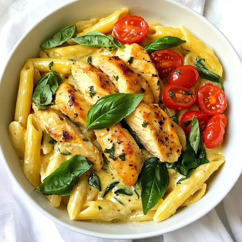 - 2 boneless, skinless chicken breasts - 8 oz penne pasta - 1 cup heavy cream - 1/2 cup freshly grated Parmesan cheese - Salt and freshly ground black pepper - 1 teaspoon garlic powder - 1 teaspoon dried Italian herbs - 1 cup cherry tomatoes, halved - 2 cups fresh baby spinach - Fresh basil leaves for garnish Marry Me Chicken Pasta needs simple yet tasty ingredients. Start with chicken breasts for protein. The penne pasta adds heartiness. Heavy cream gives a rich texture while Parmesan cheese adds flavor. For seasoning, use salt and pepper to taste. Garlic powder brings warmth, while Italian herbs give depth. Fresh vegetables like cherry tomatoes and spinach add color and nutrition. Lastly, fresh basil leaves not only look nice but also boost taste. Feel free to tweak these ingredients. You can use different pasta or fresh herbs if you like. The key is to enjoy the cooking process! {{ingredient_image_2}} Start by boiling a large pot of salted water. When the water is bubbling, add 8 oz of penne pasta. Cook it according to the package instructions. Stir occasionally to keep it from sticking. Once cooked to al dente, drain the pasta. Set it aside, but save a bit of pasta water for later. While the pasta cooks, take two boneless, skinless chicken breasts. Season both sides with salt, pepper, garlic powder, and dried Italian herbs. Make sure each side gets a good coat. In a large skillet, heat 2 tablespoons of olive oil over medium heat. When the oil is hot, place the seasoned chicken breasts in the skillet. Sear them for about 6-7 minutes on each side. They should turn golden brown and reach an internal temperature of 165°F. Once done, transfer the chicken to a plate and let it rest for a few minutes before slicing it. In the same skillet, without cleaning it, add 1 cup of halved cherry tomatoes. Sauté them for about 3-4 minutes until they soften and release juices. This adds great flavor to the dish. Next, toss in 2 cups of fresh baby spinach. Cook for about 2 minutes, stirring until the spinach wilts. Lower the heat slightly and pour in 1 cup of heavy cream while stirring. Then, add 1/2 cup of freshly grated Parmesan cheese. Mix it until the cheese melts and the sauce thickens. If it feels too thick, add a splash of reserved pasta water. Now, slice the rested chicken into strips and return it to the skillet. Add the drained penne pasta and toss everything together. Make sure the pasta gets coated in the creamy sauce. Finally, taste the dish and adjust flavors as needed. Serve hot, garnished with fresh basil leaves for an extra burst of flavor. How to ensure chicken stays juicy To keep chicken juicy, don't skip the resting step. After cooking, let the chicken rest for a few minutes. This helps the juices stay inside. Also, use a meat thermometer. Cook until it reaches 165°F (75°C). This guarantees it's safe and not dry. Tips for a creamier sauce For a creamier sauce, use heavy cream. It thickens well and adds richness. If the sauce is too thick, add a splash of reserved pasta water. This helps blend everything together smoothly. Stir gently to combine, and don’t rush this step. Best side dishes to pair with Marry Me Chicken Pasta Pair this dish with a simple salad. A fresh green salad with lemon vinaigrette works great. Garlic bread is another good choice. Its crunch complements the creamy pasta well. You can also serve it with roasted vegetables for added color and flavor. Garnishing ideas for a beautiful presentation Garnish your dish with fresh basil leaves. They add a lovely pop of color. You can sprinkle some extra Parmesan cheese on top too. This makes the dish look elegant. A drizzle of olive oil can enhance the look and flavor. Recommended cookware and utensils Use a large skillet for this dish. It helps cook the chicken evenly. A good pot for boiling pasta is also important. Make sure to have a wooden spoon for stirring. This keeps your non-stick surfaces scratch-free. Importance of a good skillet A good skillet heats evenly. This helps avoid hot spots that can burn food. Choose one that’s non-stick for easier cleanup. A heavy-bottomed skillet offers better heat retention too. This means your sauce will cook more evenly. Pro Tips Use Fresh Herbs: Fresh basil or parsley can elevate the flavor profile of your dish. Add them at the end to preserve their vibrant taste and aroma. Perfectly Cooked Chicken: To ensure juicy chicken, let it rest after cooking. This allows the juices to redistribute, keeping the meat tender and flavorful. Pasta Water Magic: Reserve some pasta water before draining. The starchy water can be used to adjust the sauce's consistency, making it cling beautifully to the pasta. Customize Your Veggies: Feel free to add other vegetables like bell peppers or zucchini for added nutrition and color. Just sauté them along with the tomatoes. {{image_4}} Alternatives for heavy cream If you want a lighter sauce, you can use half-and-half. You can also try using coconut cream for a dairy-free option. Both options still offer a creamy texture. Using different types of pasta Penne works great, but you can switch to fusilli or farfalle. These shapes hold the sauce well. You can even use whole wheat pasta for added fiber. Making it gluten-free To make this dish gluten-free, choose gluten-free pasta. Many brands offer tasty options that cook well. Always check the package for cooking times. Vegan variations For a vegan twist, swap chicken for grilled tofu or chickpeas. Use cashew cream or a plant-based cream instead of heavy cream. Nutritional yeast can replace Parmesan for a cheesy flavor. Adding spices or herbs You can boost flavors by adding red pepper flakes or smoked paprika. Fresh herbs, like thyme or parsley, add brightness. Don’t be shy; a little extra seasoning can go a long way. Incorporating additional vegetables Try adding bell peppers, zucchini, or mushrooms for extra color and nutrients. Sauté them with the tomatoes for great flavor. You can also mix in peas or asparagus for a pop of freshness. To store leftovers properly, let the dish cool down first. Place the pasta in airtight containers. This keeps it fresh and safe. Use glass or BPA-free plastic containers for meal prep. They are great for storing food and easy to clean. The best way to reheat Marry Me Chicken Pasta is on the stove. Heat it over low to medium heat. Stir it gently to keep the texture nice. If it looks dry, add a splash of milk or cream. This brings back the creamy goodness. You can also add fresh spinach or more cheese to refresh the dish before serving. Yes, you can freeze Marry Me Chicken Pasta! First, let it cool completely. Then, scoop portions into freezer-safe bags or containers. Remove as much air as possible to prevent freezer burn. Label the bags with the date. To thaw, place it in the fridge overnight. When ready to eat, reheat it on the stove or in the oven until hot throughout. What to serve with Marry Me Chicken Pasta? You can pair this dish with a fresh green salad. A simple Caesar salad works well. Garlic bread is another great side. It soaks up the creamy sauce perfectly! Can I make this recipe in advance? Yes, you can make Marry Me Chicken Pasta ahead of time. Just store it in an airtight container in the fridge. Reheat it gently when you are ready to serve. Why is my sauce too thick? If your sauce is too thick, you can add a splash of reserved pasta water. This will help loosen the sauce and make it creamy. How to fix overcooked pasta? If your pasta is overcooked, try adding it to the sauce quickly. The sauce can help mask the texture. You can also toss in some fresh spinach to add a bit of crunch. Is Marry Me Chicken Pasta healthy? Marry Me Chicken Pasta has a mix of protein and carbs. The chicken gives you lean protein, while the spinach adds nutrients. It’s not low in calories due to the cream and cheese. Caloric breakdown of the ingredients - Chicken breasts: about 300 calories - Penne pasta: around 300 calories - Heavy cream: roughly 800 calories - Parmesan cheese: about 200 calories Total: approximately 1600 calories for the entire dish, serving four, which is 400 calories per serving. This blog post covered all you need to know about Marry Me Chicken Pasta. We explored key ingredients, cooking steps, and tips for perfecting your dish. We also discussed how to store leftovers and offered fun variations to try. Cooking can be simple and fun with the right guide. Enjoy making this meal and watch it impress your loved ones!