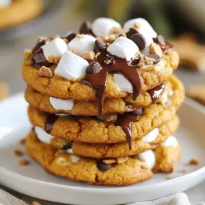To make these Pumpkin S'mores Cookies, gather the following items: - 1 cup all-purpose flour - 1/2 cup rolled oats - 1/2 teaspoon baking soda - 1/2 teaspoon baking powder - 1 teaspoon ground cinnamon - 1/4 teaspoon ground nutmeg - 1/4 teaspoon salt - 1/2 cup unsalted butter, softened - 1/2 cup packed brown sugar - 1/4 cup granulated sugar - 1/2 cup pumpkin puree - 1 large egg, at room temperature - 1 teaspoon pure vanilla extract - 1/2 cup mini marshmallows - 1/2 cup semi-sweet chocolate chips - 1/2 cup graham cracker crumbs If you need to make some swaps, here are some great options: - Use almond flour instead of all-purpose flour for a gluten-free version. - Replace the butter with coconut oil for a dairy-free option. - Maple syrup can replace the brown sugar for a different sweetness. - Use any nut butter instead of butter for extra flavor. Using quality ingredients makes a big difference. Fresh pumpkin puree gives a rich taste. Good chocolate chips melt beautifully and add a creamy texture. Quality oats provide a hearty feel. When you use fresh spices, they enhance the cookie flavor. Always aim for the best you can find. This way, you create cookies that are full of taste and joy. {{ingredient_image_2}} First, you need to preheat your oven to 350°F (175°C). This ensures even baking. Next, grab a baking sheet and line it with parchment paper. This prevents your cookies from sticking. In a medium bowl, mix together the dry ingredients. Combine 1 cup of all-purpose flour, 1/2 cup of rolled oats, 1/2 teaspoon of baking soda, 1/2 teaspoon of baking powder, 1 teaspoon of ground cinnamon, 1/4 teaspoon of ground nutmeg, and 1/4 teaspoon of salt. Whisk them well, then set the bowl aside. In a large bowl, cream 1/2 cup of softened unsalted butter with 1/2 cup of packed brown sugar and 1/4 cup of granulated sugar. Use an electric mixer and mix on medium speed for about 2-3 minutes. Your mixture should look light and fluffy. Now, add 1/2 cup of pumpkin puree, 1 large egg, and 1 teaspoon of pure vanilla extract. Mix until everything is smooth and well blended. Gradually add the dry ingredient mixture into the wet mixture. Use a spatula to stir gently. Mix it until just combined; be careful not to over-mix. Then, fold in 1/2 cup of mini marshmallows, 1/2 cup of semi-sweet chocolate chips, and 1/2 cup of graham cracker crumbs. Make sure they are evenly mixed into the dough. Using a tablespoon or a cookie scoop, drop rounded balls of dough onto the prepared baking sheet. Leave about 2 inches between each ball to allow them to spread. Place the baking sheet in your preheated oven. Bake for 10-12 minutes. The cookies should look set at the top and have lightly golden edges. After baking, take the cookies out of the oven. Let them cool on the baking sheet for 5 minutes. This helps them firm up. Then, use a spatula to transfer them to a wire rack. Allow them to cool completely. For serving, stack the cookies on a pretty plate. For an extra touch, drizzle melted chocolate over the tops and sprinkle additional graham cracker crumbs. This makes your cookies look even more inviting and delicious! To make the best Pumpkin S'mores Cookies, avoid over-mixing the dough. When you combine the wet and dry ingredients, stir gently. Stop mixing as soon as you don’t see dry flour. Over-mixing can make cookies tough, and we want them soft. For great results, bake your cookies for 10 to 12 minutes at 350°F (175°C). Look for a set top and lightly brown edges. If you prefer softer cookies, check them at the 10-minute mark. Every oven is a little different, so keep an eye on them! If you have leftover dough, store it well. Wrap the dough in plastic wrap, then place it in an airtight container. You can keep it in the fridge for up to 3 days. For longer storage, freeze the dough for up to 3 months. Just thaw it overnight before baking. Pro Tips Use Fresh Pumpkin: If possible, use fresh pumpkin puree for a richer flavor and moisture. Roast and puree your own pumpkin for the best results. Chill the Dough: For thicker cookies, chill the dough for 30 minutes before baking. This helps prevent spreading and enhances the texture. Adjust Sweetness: Taste the dough before baking. If you prefer sweeter cookies, feel free to add an extra tablespoon of sugar. Store Properly: Keep your cookies in an airtight container at room temperature for up to a week, or freeze them for longer storage. {{image_4}} You can spice up your cookies in fun ways. Add a pinch of ground ginger for warmth. You could also use allspice or cardamom for a unique twist. If you love pumpkin pie spices, mix in an extra teaspoon of cinnamon. This will enhance the fall flavors and make your cookies even more special. Feel free to change the mix-ins. If you prefer nuts, chop up pecans or walnuts and add them in. For a fun twist, try using peanut butter chips instead of chocolate chips. If you want a fruity flavor, mix in dried cranberries or raisins. Each choice brings a new taste to your cookies. You can make these cookies gluten-free. Simply swap the all-purpose flour for a gluten-free blend. Ensure that the blend includes xanthan gum for proper texture. Check your oats to confirm they are gluten-free as well. This way, everyone can enjoy your pumpkin s'mores cookies without worry! To keep your pumpkin s'mores cookies fresh, store them in an airtight container. This helps keep moisture in and prevents them from going stale. You can also layer parchment paper between the cookies to avoid sticking. Store them at room temperature for the best taste. You can freeze these cookies for later enjoyment. First, let them cool completely. Then, place them in a single layer on a baking sheet and freeze for about an hour. Once frozen, transfer the cookies into a freezer-safe bag. Label the bag with the date. They will stay good for up to three months. These cookies taste best within a week of baking. After that, they may lose their soft texture. If you want them to last longer, freezing is a good option. Always check for any signs of spoilage before eating. Enjoying them fresh is the key to the best flavor! Yes, you can use fresh pumpkin puree. If you choose to make it, start with a small pumpkin. Roast or steam it until soft, then mash or blend it. Fresh pumpkin adds a nice texture and flavor. Just ensure it is smooth and not too watery. To get chewy cookies, you need to focus on a few key points. First, do not over-mix the dough. Over-mixing adds air and makes cookies cakey. Second, use brown sugar. This sugar keeps cookies moist and chewy. Finally, bake them just until the edges are golden. This keeps the center soft. If you want to replace chocolate chips, there are many tasty options. You could use butterscotch chips or white chocolate chips for a sweet twist. Nuts, like walnuts or pecans, add crunch and flavor too. Dried fruits, like cranberries or raisins, can also give a fun twist to these cookies. In this post, we explored key ingredients, step-by-step instructions, and helpful tips for baking cookies. You learned how to choose quality ingredients and substitute when needed. We covered cooling and serving tips, along with storage advice and cookie variations. It's all about finding the best flavors and keeping your cookies fresh. As you bake, remember that small changes can lead to big taste. Enjoy the process and have fun making those cookies that bring smiles!