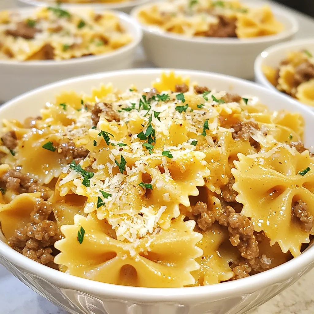 - 12 oz bowtie pasta - 1 lb ground beef - 4 cloves garlic, minced - 2 cups heavy cream - 1 cup grated Parmesan cheese - 1 cup chicken broth - 2 tablespoons olive oil - 1 teaspoon Italian seasoning - Salt and pepper, to taste - Fresh parsley, chopped (for garnish) Using quality ingredients makes a big difference in flavor. For instance, fresh garlic adds a bright taste that jarred garlic can't match. Fresh garlic has a strong, pungent flavor that enhances the dish. I highly recommend using it in this recipe. The ground beef should be lean, around 80% meat and 20% fat. This ratio gives you rich flavor without being too greasy. You can also use grass-fed beef for an even better taste. When it comes to the cheese, freshly grated Parmesan yields a creamier sauce than store-bought grated cheese. The same goes for the heavy cream; opt for a high-fat content for a truly rich sauce. Finally, fresh parsley not only adds color but also a fresh flavor. Adding it right before serving makes your dish pop! {{ingredient_image_2}} Start by boiling a large pot of water. Add a generous amount of salt. This step is key for flavor. Once the water is boiling, add 12 oz of bowtie pasta. Cook it according to the package instructions until it is al dente. This usually takes about 8-10 minutes. After cooking, drain the pasta but save a small cup of pasta water. This water can adjust the sauce later if it gets too thick. For the beef, I recommend using lean ground beef. It has less fat, which makes it healthier. Heat 2 tablespoons of olive oil in a large skillet over medium heat. Add 1 lb of ground beef. Use a wooden spoon to break it apart as it cooks. Cook until it is browned, about 5-7 minutes. Season it with salt, pepper, and 1 teaspoon of Italian seasoning. This adds great flavor. Next, we’ll create the sauce. Stir in 4 cloves of minced garlic and cook for one minute. The garlic should smell amazing but not brown. Pour in 1 cup of chicken broth and turn the heat up a bit. Bring the mixture to a gentle simmer. Let it simmer for about 3-4 minutes. This helps all the flavors mix well. Now, reduce the heat to low. Slowly stir in 2 cups of heavy cream and 1 cup of grated Parmesan cheese. Mix until the cheese melts and the sauce is smooth. If the sauce is too thick, add a splash of the reserved pasta water. This will help reach your desired consistency. Finally, add the drained bowtie pasta to the skillet. Toss gently to coat every piece of pasta with the creamy sauce. Taste it, and you can add more salt or pepper if needed. To get the perfect sauce, focus on thickness. If your sauce is too thick, add a splash of the reserved pasta water. This water has starch, which helps the sauce cling to the pasta. If the sauce is too thin, simmer it a bit longer. This step helps it reduce and thicken nicely. For flavor enhancement, consider these pro tips: - Use fresh garlic instead of jarred. Fresh garlic adds a vibrant taste. - Always taste the sauce before serving. Adjust salt and pepper as needed. - A pinch of red pepper flakes can add a nice kick if you like spice. For an elegant presentation, use shallow bowls. Place the pasta in the center and let it spread slightly. Drizzle a bit of olive oil on top for shine and flavor. Garnishes are key for a beautiful dish. Here are some great options: - Sprinkle fresh parsley on top for color. - Add extra grated Parmesan cheese for a rich finish. - Whole parsley leaves can enhance the look and flavor. These simple tips will make your Creamy Garlic Parmesan Beef Bowtie Pasta not just tasty but also stunning on the plate! Pro Tips Cook Pasta Al Dente: Be sure to cook the bowtie pasta until al dente for the best texture. This allows the pasta to hold up well in the sauce without becoming mushy. Use Fresh Garlic: Freshly minced garlic will provide a more vibrant flavor compared to pre-minced garlic. It adds a fragrant aroma and depth to the dish. Adjust Sauce Consistency: If the sauce becomes too thick, add a splash of reserved pasta water to thin it out. This not only adjusts the texture but also helps the sauce adhere to the pasta better. Garnish for Flavor and Color: Don’t skip the fresh parsley garnish! It adds a fresh flavor and a pop of color, making the dish visually appealing and more appetizing. {{image_4}} You can switch up the pasta if you need to. Bowtie pasta is fun, but you can use other types. Try gluten-free pasta if you have a gluten issue. Whole wheat pasta is also a great choice for extra fiber. Both options will still taste good with the creamy sauce. If you want a dairy-free dish, there are options for cream and cheese. Use a dairy-free cream made from nuts or soy. Nutritional yeast can replace Parmesan cheese for a cheesy flavor without dairy. These swaps help keep the dish tasty and friendly for different diets. Adding veggies can boost flavor and nutrients. Spinach is a great choice. It pairs well with garlic and cream. You could also add mushrooms for a rich taste. Just sauté them with the beef for a nice blend. If you like spice, adjust the seasoning. Add red pepper flakes for heat. A dash of smoked paprika can give a nice twist, too. These small changes can make your creamy garlic Parmesan beef bowtie pasta even more exciting! To store leftovers, let the pasta cool first. Place it in an airtight container. This keeps the flavors fresh. Use it within three days for the best taste. When reheating, use a microwave or skillet. If using a microwave, cover the dish. Heat in short bursts of one minute. Stir between heats to warm evenly. For a skillet, add a splash of chicken broth or cream. This helps restore creaminess. Stir and heat on low until warm. To freeze the pasta, cool it completely first. Place it in a freezer-safe bag or container. Remove as much air as possible. This prevents freezer burn. You can freeze it for up to three months. When ready to eat, transfer it to the fridge overnight. This helps it thaw slowly. For reheating, use the microwave or a skillet. Add a bit of chicken broth or cream while reheating. This will bring back its creamy texture. Enjoy your meal with ease! Yes, you can prepare this dish ahead of time. Cook the pasta and sauce separately. This way, the pasta won't get mushy. Store the pasta and sauce in separate containers in the fridge. When you're ready to eat, warm the sauce on the stove. Add in the pasta, mix, and serve. This pasta goes well with many sides. Here are some ideas: - A fresh garden salad - Garlic bread or breadsticks - Steamed broccoli or green beans - A glass of red wine or sparkling water These pairings enhance the meal and add variety. To make this dish vegetarian, use plant-based protein. Here are some options: - Substitute ground beef with lentils or mushrooms. - Use vegetable broth instead of chicken broth. - Add spinach or zucchini for more flavor and nutrients. These changes keep the taste delicious while being meat-free. This blog post covered everything you need to make Creamy Garlic Parmesan Beef Bowtie Pasta. We detailed the ingredients, shared step-by-step cooking tips, and explored variations to suit your taste. Remember to use fresh ingredients and adjust the flavors to your liking. Don't forget the storage tips to keep your meal fresh. Whether you serve it for a weeknight dinner or a special occasion, it's sure to impress. Enjoy your cooking journey and feel free to experiment with flavors and textures!
