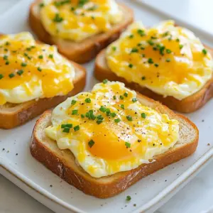 - 4 slices of whole-grain bread - 2 large eggs - 1/2 cup shredded cheddar cheese - 1/4 cup cream cheese, softened - 1 tablespoon olive oil - 1 clove garlic, minced - 1/4 teaspoon paprika - Fresh chives, chopped (for garnish) - A pinch of salt - A pinch of pepper In this recipe, I use whole-grain bread for a hearty base. It adds fiber and flavor. The large eggs are the star, providing protein and richness. I always choose sharp cheddar cheese. It melts beautifully and adds a bold taste. Cream cheese makes the mixture creamy and smooth. You want that lovely texture in each bite. The olive oil adds a nice touch. It helps saut&eacute; the garlic, which gives a warm, savory flavor. Minced garlic adds a lot of taste, so don&rsquo;t skip this step. Paprika adds a hint of smokiness. You will love the flavor it brings! Fresh chives are a must for garnish. They add color and freshness. As for seasoning, a pinch of salt and pepper brings out all the flavors. Adjust to your taste. Use these ingredients to create a simple yet delicious breakfast. You will enjoy every bite! {{ingredient_image_2}} Start by preheating your oven to 375&deg;F (190&deg;C). This step is key. A hot oven helps the toast cook evenly. You want that cheese to melt perfectly and the eggs to set just right. Next, take a small skillet and add 1 tablespoon of olive oil. Heat it on medium. Once the oil shimmers, add 1 clove of minced garlic. Saut&eacute; for 1-2 minutes. Watch closely so the garlic does not burn. The smell will be amazing! In a mixing bowl, combine 1/4 cup of softened cream cheese with 1/2 cup of shredded cheddar cheese. Add 1/4 teaspoon of paprika, a pinch of salt, and a dash of pepper. Mix well until creamy. This mixture is rich and flavorful. Take your 4 slices of whole-grain bread. Spread the cream cheese mixture evenly on one side of each slice. Make sure to cover it completely. Now, use the back of a spoon to gently press down in the center of each slice. This will create small nests for the eggs. In a separate bowl, crack 2 large eggs. Whisk them until the yolks and whites mix well. Carefully pour the beaten eggs into each nest you made in the toast. Sprinkle the remaining cheddar cheese on top. Place the baking sheet in your preheated oven. Bake for 12-15 minutes. Check to see if the eggs are set and the cheese is golden brown. Enjoy the delicious aroma while it cooks! To avoid overcooked eggs, watch the baking time closely. Bake for just 12-15 minutes. Check your eggs at the 12-minute mark. The whites should be set, but the yolks can stay runny for a creamy bite. For a cheesy melt, use fresh shredded cheese. It melts better than pre-shredded types. Sprinkle the cheese on top just before baking. This ensures a gooey, golden finish. Try different cheeses like mozzarella, gouda, or feta. Each adds its own unique taste. For a stronger flavor, mix in some blue cheese. It pairs well with eggs. Using fresh herbs enhances the dish. Chives add a mild onion taste. You can also use parsley or basil. Just sprinkle them on top after baking for a fresh touch. Garnish your cheesy egg toast with extra chives. This adds color and flavor. You can also add a slice of avocado on the side for creaminess. Serve the toast on a wooden cutting board or a colorful plate. Pair it with mixed greens for a refreshing contrast. This makes your meal look as good as it tastes! Pro Tips Choose Quality Bread: Opt for fresh, high-quality whole-grain bread for the best texture and flavor. Variations on Cheese: Experiment with different types of cheese such as mozzarella or feta for unique flavors. Egg Cooking Preference: Adjust baking time to achieve your preferred egg doneness&mdash;longer for well-cooked, shorter for runny yolks. Garnishing Ideas: Enhance the final dish with additional toppings like avocado slices or a drizzle of hot sauce for extra flair. {{image_4}} You can make cheesy egg toast even better by adding veggies. Spinach, tomatoes, and peppers work great. Here is how to do it: - Add spinach: Use a handful of fresh spinach. Saut&eacute; it in the garlic oil for a minute. - Tomatoes: Chop cherry tomatoes in half and add them to the top before baking. - Peppers: Dice bell peppers and mix them into the cream cheese blend. When adding veggies, remember to cook them first. This helps keep the toast from getting soggy. Saut&eacute; the veggies lightly before spreading the cream cheese. This way, they stay crisp and tasty. Want to make your cheesy egg toast heartier? Add some protein! Bacon or ham can really boost the flavor. Here&rsquo;s how: - Bacon: Cook the bacon until crispy. Crumble it and mix it in with the cream cheese. - Ham: Dice ham into small pieces and add it to the egg mixture. Cooking the meat first is key. This adds flavor and ensures it cooks well in the oven. If you need a gluten-free option, don't worry! You can still enjoy cheesy egg toast. - Bread types: Look for gluten-free bread. Brands like Udi's or Schar work well. - Preparing: Just follow the same steps as usual. Spread the cream cheese on gluten-free bread and bake as directed. This way, everyone can enjoy a delicious breakfast! To keep your cheesy egg toast fresh, follow these tips: - Best practices for refrigeration: Allow the toast to cool completely. Place it in the fridge within two hours. - Containers to use: Use an airtight container to store the toast. This keeps it from drying out. When you're ready to eat leftovers, here&rsquo;s what you can do: - Oven vs. microwave reheating: The oven gives a better texture. Preheat it to 350&deg;F (175&deg;C). Place the toast on a baking sheet. Heat for about 10 minutes. - Maintaining texture and flavor: If using a microwave, heat on low power. This helps keep the eggs and cheese from getting rubbery. You can freeze cheesy egg toast. Here&rsquo;s how: - Can cheesy egg toast be frozen?: Yes, it freezes well for up to two months. - Steps for freezing and defrosting: Wrap each piece tightly in plastic wrap, then place in a freezer bag. To defrost, put it in the fridge overnight. Reheat in the oven for the best taste. Making cheesy egg toast is quick. It takes about 10 minutes to prep. Cooking in the oven takes another 12 to 15 minutes. In total, you will spend around 25 minutes from start to finish. This makes it a perfect choice for a busy morning. Yes, you can prep the cheesy egg toast ahead of time. Spread the cream cheese mix on the bread and store it in the fridge. You can also whisk the eggs and keep them in a bowl. Just add the eggs and bake when you're ready to eat. This way, you still enjoy a warm meal without much fuss. Cheesy egg toast pairs well with many sides. You can serve it with mixed greens for a fresh crunch. A side of fruit adds natural sweetness. If you want something heartier, crispy bacon or sausage will do great. Feel free to get creative with your sides to match your taste! In this post, I showed you how to make cheesy egg toast from scratch. We covered key ingredients like whole-grain bread, eggs, and cheese, along with step-by-step instructions. I shared tips to perfect texture, enhance flavors, and even offered variations for added twists. You can store leftovers and learn how to reheat them for great taste. Enjoy making this dish and feel free to get creative with your ingredients. Cheesy egg toast is not just a meal; it's a way to impress.