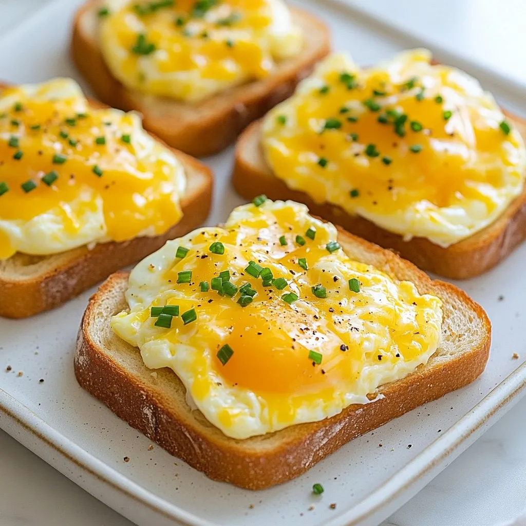 - 4 slices of whole-grain bread - 2 large eggs - 1/2 cup shredded cheddar cheese - 1/4 cup cream cheese, softened - 1 tablespoon olive oil - 1 clove garlic, minced - 1/4 teaspoon paprika - Fresh chives, chopped (for garnish) - A pinch of salt - A pinch of pepper In this recipe, I use whole-grain bread for a hearty base. It adds fiber and flavor. The large eggs are the star, providing protein and richness. I always choose sharp cheddar cheese. It melts beautifully and adds a bold taste. Cream cheese makes the mixture creamy and smooth. You want that lovely texture in each bite. The olive oil adds a nice touch. It helps sauté the garlic, which gives a warm, savory flavor. Minced garlic adds a lot of taste, so don’t skip this step. Paprika adds a hint of smokiness. You will love the flavor it brings! Fresh chives are a must for garnish. They add color and freshness. As for seasoning, a pinch of salt and pepper brings out all the flavors. Adjust to your taste. Use these ingredients to create a simple yet delicious breakfast. You will enjoy every bite! {{ingredient_image_2}} Start by preheating your oven to 375°F (190°C). This step is key. A hot oven helps the toast cook evenly. You want that cheese to melt perfectly and the eggs to set just right. Next, take a small skillet and add 1 tablespoon of olive oil. Heat it on medium. Once the oil shimmers, add 1 clove of minced garlic. Sauté for 1-2 minutes. Watch closely so the garlic does not burn. The smell will be amazing! In a mixing bowl, combine 1/4 cup of softened cream cheese with 1/2 cup of shredded cheddar cheese. Add 1/4 teaspoon of paprika, a pinch of salt, and a dash of pepper. Mix well until creamy. This mixture is rich and flavorful. Take your 4 slices of whole-grain bread. Spread the cream cheese mixture evenly on one side of each slice. Make sure to cover it completely. Now, use the back of a spoon to gently press down in the center of each slice. This will create small nests for the eggs. In a separate bowl, crack 2 large eggs. Whisk them until the yolks and whites mix well. Carefully pour the beaten eggs into each nest you made in the toast. Sprinkle the remaining cheddar cheese on top. Place the baking sheet in your preheated oven. Bake for 12-15 minutes. Check to see if the eggs are set and the cheese is golden brown. Enjoy the delicious aroma while it cooks! To avoid overcooked eggs, watch the baking time closely. Bake for just 12-15 minutes. Check your eggs at the 12-minute mark. The whites should be set, but the yolks can stay runny for a creamy bite. For a cheesy melt, use fresh shredded cheese. It melts better than pre-shredded types. Sprinkle the cheese on top just before baking. This ensures a gooey, golden finish. Try different cheeses like mozzarella, gouda, or feta. Each adds its own unique taste. For a stronger flavor, mix in some blue cheese. It pairs well with eggs. Using fresh herbs enhances the dish. Chives add a mild onion taste. You can also use parsley or basil. Just sprinkle them on top after baking for a fresh touch. Garnish your cheesy egg toast with extra chives. This adds color and flavor. You can also add a slice of avocado on the side for creaminess. Serve the toast on a wooden cutting board or a colorful plate. Pair it with mixed greens for a refreshing contrast. This makes your meal look as good as it tastes! Pro Tips Choose Quality Bread: Opt for fresh, high-quality whole-grain bread for the best texture and flavor. Variations on Cheese: Experiment with different types of cheese such as mozzarella or feta for unique flavors. Egg Cooking Preference: Adjust baking time to achieve your preferred egg doneness—longer for well-cooked, shorter for runny yolks. Garnishing Ideas: Enhance the final dish with additional toppings like avocado slices or a drizzle of hot sauce for extra flair. {{image_4}} You can make cheesy egg toast even better by adding veggies. Spinach, tomatoes, and peppers work great. Here is how to do it: - Add spinach: Use a handful of fresh spinach. Sauté it in the garlic oil for a minute. - Tomatoes: Chop cherry tomatoes in half and add them to the top before baking. - Peppers: Dice bell peppers and mix them into the cream cheese blend. When adding veggies, remember to cook them first. This helps keep the toast from getting soggy. Sauté the veggies lightly before spreading the cream cheese. This way, they stay crisp and tasty. Want to make your cheesy egg toast heartier? Add some protein! Bacon or ham can really boost the flavor. Here’s how: - Bacon: Cook the bacon until crispy. Crumble it and mix it in with the cream cheese. - Ham: Dice ham into small pieces and add it to the egg mixture. Cooking the meat first is key. This adds flavor and ensures it cooks well in the oven. If you need a gluten-free option, don't worry! You can still enjoy cheesy egg toast. - Bread types: Look for gluten-free bread. Brands like Udi's or Schar work well. - Preparing: Just follow the same steps as usual. Spread the cream cheese on gluten-free bread and bake as directed. This way, everyone can enjoy a delicious breakfast! To keep your cheesy egg toast fresh, follow these tips: - Best practices for refrigeration: Allow the toast to cool completely. Place it in the fridge within two hours. - Containers to use: Use an airtight container to store the toast. This keeps it from drying out. When you're ready to eat leftovers, here’s what you can do: - Oven vs. microwave reheating: The oven gives a better texture. Preheat it to 350°F (175°C). Place the toast on a baking sheet. Heat for about 10 minutes. - Maintaining texture and flavor: If using a microwave, heat on low power. This helps keep the eggs and cheese from getting rubbery. You can freeze cheesy egg toast. Here’s how: - Can cheesy egg toast be frozen?: Yes, it freezes well for up to two months. - Steps for freezing and defrosting: Wrap each piece tightly in plastic wrap, then place in a freezer bag. To defrost, put it in the fridge overnight. Reheat in the oven for the best taste. Making cheesy egg toast is quick. It takes about 10 minutes to prep. Cooking in the oven takes another 12 to 15 minutes. In total, you will spend around 25 minutes from start to finish. This makes it a perfect choice for a busy morning. Yes, you can prep the cheesy egg toast ahead of time. Spread the cream cheese mix on the bread and store it in the fridge. You can also whisk the eggs and keep them in a bowl. Just add the eggs and bake when you're ready to eat. This way, you still enjoy a warm meal without much fuss. Cheesy egg toast pairs well with many sides. You can serve it with mixed greens for a fresh crunch. A side of fruit adds natural sweetness. If you want something heartier, crispy bacon or sausage will do great. Feel free to get creative with your sides to match your taste! In this post, I showed you how to make cheesy egg toast from scratch. We covered key ingredients like whole-grain bread, eggs, and cheese, along with step-by-step instructions. I shared tips to perfect texture, enhance flavors, and even offered variations for added twists. You can store leftovers and learn how to reheat them for great taste. Enjoy making this dish and feel free to get creative with your ingredients. Cheesy egg toast is not just a meal; it's a way to impress.