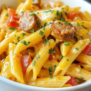 - 12 oz (340g) penne pasta - 1 lb (450g) spicy sausage, sliced into coin-sized pieces - 1 cup heavy cream - 2 teaspoons Cajun seasoning - 1 can (14.5 oz) diced tomatoes, including juices - 1 cup shredded cheddar cheese - 1 tablespoon olive oil - Salt and pepper to taste - Fresh parsley, chopped (for garnish) This dish shines with its simple yet bold flavors. The penne pasta serves as a hearty base. The spicy sausage adds warmth and depth. Heavy cream brings richness, making every bite creamy and delightful. Cajun seasoning is a key player. It packs a punch with spices and herbs. Diced tomatoes add sweetness and acidity. Shredded cheddar cheese melts beautifully, creating a velvety sauce. For basic seasoning, olive oil is crucial for sautéing. Salt and pepper enhance all the flavors. Fresh parsley gives a pop of color and freshness. Gather these ingredients for a quick and tasty meal. Each one plays a role in making this dish special. You will enjoy every step of cooking and every mouthful of this meal! {{ingredient_image_2}} - Browning the Sausage: Heat one tablespoon of olive oil in a large pot over medium heat. Add 1 pound of sliced spicy sausage. Cook the sausage for about 5 to 7 minutes until it's browned and cooked through. Stir often to ensure even cooking. - Setting Aside Cooked Sausage: Once the sausage is fully cooked, remove it from the pot. Place it on a plate and set it aside for later. This step helps keep the sausage juicy for the final dish. - Cooking Onion, Garlic, and Bell Pepper: In the same pot, add 1 small diced onion, 3 minced garlic cloves, and 1 diced bell pepper. Cook these for about 3 to 4 minutes. Stir often until the vegetables are tender and fragrant. - Adding Tomatoes and Broth: Next, stir in one can of diced tomatoes, including the juices. Add 2 cups of low-sodium chicken broth to the pot. Increase the heat to bring the mixture to a boil. - Incorporating Cajun Seasoning: Once boiling, add 2 teaspoons of Cajun seasoning. This will give your dish that signature spicy flavor. Stir well to combine all the ingredients. - Adding Penne to the Boiling Sauce: After the sauce boils, add 12 ounces of penne pasta to the pot. Make sure the pasta is well submerged in the sauce. - Simmering Until Al Dente: Reduce the heat to a simmer. Cover the pot and cook for about 12 to 15 minutes. Stir occasionally until the pasta is al dente, which means it should have a slight bite to it. - Stirring in Heavy Cream and Sausage: After the pasta is done, stir in 1 cup of heavy cream and the cooked sausage. Cook everything together for an additional 2 to 3 minutes until heated through. - Melting Cheese for Creamy Texture: Finally, remove the pot from the heat. Mix in 1 cup of shredded cheddar cheese. Stir until the cheese melts and the sauce becomes creamy. Taste your dish and adjust seasoning with salt and pepper if needed. Ensuring Al Dente Pasta To get the best pasta, cook it until it is al dente. This means it should be firm but not hard. Follow the cooking time on the package, but check a minute early. Taste a piece to see if it's just right! Adjusting Consistency with Cream You can change the creaminess of your dish. Add more heavy cream for a richer sauce. If it gets too thick, add a splash of chicken broth. This will make it smooth and creamy. Use of Additional Spices Feel free to add more spices to boost flavor. A dash of paprika or cayenne pepper can add depth. Experiment to find what you like best. Customizing Heat Level If you want more heat, pick a spicier sausage or add red pepper flakes. For less heat, use mild sausage or skip the extra spices. Adjust to your family's taste. Serving in Deep Bowls Serve your pasta in deep bowls. This creates a cozy feel and allows for easy eating. It also keeps the sauce in the bowl. Garnishing with Cheese and Parsley Top each serving with more cheese and a sprinkle of parsley. This adds color and makes the dish look fancy. It also gives a fresh taste with each bite. Pro Tips Use a mixture of sausages: Combining spicy sausage with a milder variety can balance out the heat while adding depth to the flavors. Customize the cheese: Feel free to experiment with different types of cheese such as pepper jack or mozzarella for a unique twist on the creamy sauce. Let it sit: Allowing the pasta to sit for a few minutes after cooking can enhance the creaminess and help the flavors meld better. Garnish wisely: Fresh herbs like basil or cilantro can elevate the dish's flavor profile; try adding them for a fresh finish. {{image_4}} You can swap the spicy sausage for other types. Try chicken sausage for a lighter taste. Or use Italian sausage for a milder flavor. Each type brings its unique twist to the dish. You can also use smoked sausage for an added depth. Penne pasta is great, but you can use other shapes. Fusilli or farfalle work well too. If you're feeling adventurous, try using zoodles (zucchini noodles) for a low-carb option. The key is to pick a pasta that holds sauce well. For a gluten-free version, choose gluten-free pasta. There are many brands available that taste great. Just check the cooking time, as it may vary from regular pasta. This way, everyone can enjoy this dish without worry. To make this recipe vegan, use plant-based sausage. You can also substitute heavy cream with coconut cream or cashew cream. Don't forget to choose a vegan cheese for that creamy finish. This version is both tasty and kind to the planet. Add more veggies for extra nutrition. Spinach and kale can mix in nicely. You could also toss in some peas or mushrooms for added flavor. These additions not only boost health but also add color and texture. While cheddar cheese is classic, you can mix it up. Try pepper jack for a spicy kick or gouda for a smoky flavor. Adding cream cheese can also make it extra rich and creamy. Experiment with different cheeses to find your favorite. To keep your creamy Cajun sausage pasta fresh, place leftovers in an airtight container. This helps prevent any odors from mixing. Allow the pasta to cool to room temperature before sealing it up. This cooling step reduces moisture, which helps avoid sogginess. - Store leftovers in the fridge for up to 3 days. - Label the container with the date to track freshness. For the best storage containers, I recommend glass or BPA-free plastic. These options are safe and easy to clean. They also allow you to see what’s inside, making it easier to grab a quick meal. You can freeze creamy pasta for later enjoyment. To do this, let it cool completely before packing it up. Use freezer-safe containers or bags to keep it secure. - Freeze for up to 2 months for the best flavor and texture. When you are ready to eat, take the pasta out of the freezer. Thaw it in the fridge overnight for best results. For reheating, place the pasta in a saucepan over low heat. Add a splash of chicken broth or water to prevent it from drying out. Stir often until hot. You can also microwave it, but be sure to cover it to keep moisture in. Yes, you can make this recipe ahead of time. To prepare it in advance, follow these steps: - Cook the pasta but stop just before it is fully done. This keeps it firm. - Save the sausage and cream to add later. - Store everything in a sealed container in the fridge. - When ready to eat, heat it up and add the cream and sausage. This way, your dish stays fresh and tasty. If you want to swap heavy cream, here are some great options: - Coconut milk: This gives a rich flavor and is dairy-free. - Cashew cream: Blend soaked cashews with water for a creamy texture. - Greek yogurt: Use plain yogurt for a tangy taste and less fat. Each option will change the flavor a bit but still keeps it creamy. You can change the heat level easily: - To reduce heat: Use mild sausage or cut back on Cajun seasoning. - To add heat: Add more Cajun seasoning or some red pepper flakes. Taste as you go to find your perfect balance. This creamy Cajun sausage pasta goes well with many sides: - Garlic bread: Perfect for soaking up the sauce. - Green salad: A simple salad adds freshness. - Roasted vegetables: Try broccoli or zucchini for extra color. These sides make your meal complete and delicious. This blog post shared a tasty creamy pasta recipe featuring penne, spicy sausage, and heavy cream. We explored how to enhance flavors with Cajun spices, diced tomatoes, and cheddar cheese. You learned the right steps to prepare, cook, and assemble this dish. Remember, you can customize ingredients and adjust spiciness. Keep leftovers in the fridge and enjoy them later. Cooking should be fun and creative. Try this recipe to impress yourself and others. Happy cooking!