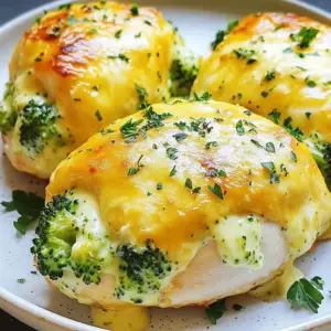 - 4 boneless, skinless chicken breasts - 1 cup steamed broccoli florets, finely chopped - 1 cup shredded mozzarella cheese - 1/2 cup cream cheese, softened to room temperature - 1/4 cup grated Parmesan cheese The main stars of this dish are chicken breasts, broccoli, and cheese. The chicken serves as a tasty pocket for the filling. You can use fresh or frozen broccoli, but steaming it first gives the best results. The cheese adds a creamy and rich flavor that makes this dish a hit. - 2 cloves garlic, minced - 1 teaspoon onion powder - 1 teaspoon paprika - 1 tablespoon olive oil - Salt and black pepper to taste Seasonings bring your Cheesy Broccoli Stuffed Chicken to life. Garlic and onion powder add depth. Paprika gives a hint of warmth. Olive oil helps with searing. Don't forget to season with salt and pepper. This way, every bite is packed with flavor. - Fresh parsley, chopped, for garnish For a pop of color, sprinkle fresh parsley on top before serving. It adds a nice touch! If you need to swap ingredients, feel free to use different cheeses like cheddar or gouda. You can also add spinach or even mushrooms to the filling for extra flavor. {{ingredient_image_2}} To make the filling, start by mixing these ingredients in a bowl: - 1 cup steamed broccoli florets, finely chopped - 1 cup shredded mozzarella cheese - 1/2 cup cream cheese, softened - 1/4 cup grated Parmesan cheese - 2 cloves garlic, minced - 1 teaspoon onion powder - 1 teaspoon paprika - Salt and black pepper to taste Stir well until everything combines into a creamy mixture. The broccoli adds a nice crunch, while the cheeses make it rich and tasty. Adjust seasoning to your taste. If you want more flavor, add a bit more garlic or paprika. When preparing the chicken, you need to create pockets in each breast. Start with 4 boneless, skinless chicken breasts. Lay each breast flat on a cutting board. Use a sharp knife to carefully cut a pocket. Be sure not to cut all the way through, as you want to keep the filling inside. Keep your hands clean and safe while working with raw chicken. Wash your hands before and after handling the chicken. It&rsquo;s important to avoid cross-contamination. For cooking, heat 1 tablespoon of olive oil in a large oven-safe skillet over medium heat. Once the oil shimmers, add the stuffed chicken breasts. Sear each side for 3-4 minutes until they turn golden brown. This creates a nice crust. After searing, move the skillet to your preheated oven at 375&deg;F (190&deg;C). Bake for 25-30 minutes. To check if the chicken is done, use a meat thermometer. It should reach an internal temperature of 165&deg;F (75&deg;C). Let the chicken rest for 5 minutes after baking. This helps keep it juicy. Finally, garnish with fresh parsley for a pop of color and flavor. Resting the chicken after cooking is key. It helps keep the juices inside. When you slice into it right away, you lose moisture. I suggest letting it rest for about 5 minutes. This small step makes a big difference. For cooking times, sear the chicken for 3-4 minutes on each side. Then, bake it in the oven for 25-30 minutes. Aim for an internal temperature of 165&deg;F (75&deg;C). To boost flavor, try adding spices or herbs. A pinch of thyme or oregano can add depth. You might also consider a dash of cayenne for heat. Cheese melting is important too. For the best melt, use a mix of cheeses. Mozzarella provides stretch, while Parmesan adds a nice sharpness. Make sure to mix them well for even flavor. Choosing the right pan makes a difference. Use a heavy skillet for searing. Cast iron or stainless steel pans work best. They hold heat well and give a nice crust. Keep essential tools handy, like sharp knives and a cutting board. A meat thermometer is also a must. This tool ensures your chicken is cooked just right. Pro Tips Use Fresh Broccoli: For the best flavor and texture, use fresh broccoli instead of frozen. This will enhance the overall taste of your stuffed chicken. Secure with Toothpicks: If you're worried about the filling spilling out, use toothpicks to secure the openings of the chicken breasts before cooking. Rest the Chicken: After baking, let the chicken rest for a few minutes to allow the juices to redistribute, ensuring each bite is tender and juicy. Experiment with Cheeses: Feel free to mix different types of cheese in the filling, such as cheddar or gouda, for a unique flavor twist. {{image_4}} You can switch up the cheese in your stuffed chicken for fun. Try using sharp cheddar for a bolder taste. Cream cheese adds a rich texture, while gouda offers a smoky flavor. If you need dairy-free options, consider vegan cheese made from nuts. Adjust your cheese choice to fit your dietary needs and taste buds. Adding more veggies can enhance the flavor and nutrition. Spinach brings a nice color and taste. Bell peppers add sweetness and crunch. Mushrooms provide a savory depth. Mix and match to find your favorite combinations. Different veggies create exciting contrasts and keep the dish fresh. You can cook this dish in different ways. Grilling gives a nice char and smoky flavor. Sear the chicken first, then finish it on the grill. If you prefer baking, follow the original recipe for a classic result. For a quicker option, use an Instant Pot. Cook on high pressure for 10 minutes, then let it naturally release. Each method brings out unique flavors in the dish. Store your leftovers in an airtight container. This keeps the chicken fresh longer. You can enjoy your Cheesy Broccoli Stuffed Chicken for up to three days in the fridge. Make sure it cools down before sealing. To freeze the stuffed chicken, wrap each piece well in plastic wrap. Then, place them in a freezer bag. This helps to prevent freezer burn. You can freeze the chicken for up to three months. When you want to enjoy it, move the chicken to the fridge overnight to thaw. For the best taste, reheat the chicken in the oven. Set the oven to 350&deg;F (175&deg;C). Place the chicken in a baking dish and cover it with foil. This keeps the chicken moist. Heat for about 20 minutes or until warm. You can also use a microwave, but be careful. Heat in short bursts to avoid drying it out. Check every minute until it&rsquo;s warm. Choose the oven for better flavor and texture. Yes, you can use frozen broccoli. Just remember to thaw it first. Drain any excess water after thawing. Then, chop the broccoli into small pieces. This helps the filling blend well. Frozen broccoli may be softer, so make sure to stir it well with the other ingredients. You can serve many tasty sides with this dish. Here are a few ideas: - Rice or quinoa for a healthy grain option - Steamed vegetables like carrots or green beans for extra greens - Garlic bread for a comforting touch - A fresh salad to add crunch and color These sides balance the richness of the chicken. To check if the chicken is cooked, use a meat thermometer. The chicken should reach an internal temperature of 165&deg;F (75&deg;C). Insert the thermometer into the thickest part of the chicken. Make sure it does not touch the filling. If you don&rsquo;t have a thermometer, cut into the chicken. The juices should run clear, and the meat should not be pink. Always check this for safe eating. In this blog post, we explored how to make Cheesy Broccoli Stuffed Chicken. We covered the key ingredients like chicken, broccoli, and cheese. We also looked at how to prepare, cook, and store this dish. Lastly, I shared tips for keeping the chicken juicy and flavorful. Making this dish can be fun and rewarding. You can change it up with different cheeses or veggies. Enjoy your cooking and share this recipe with others!