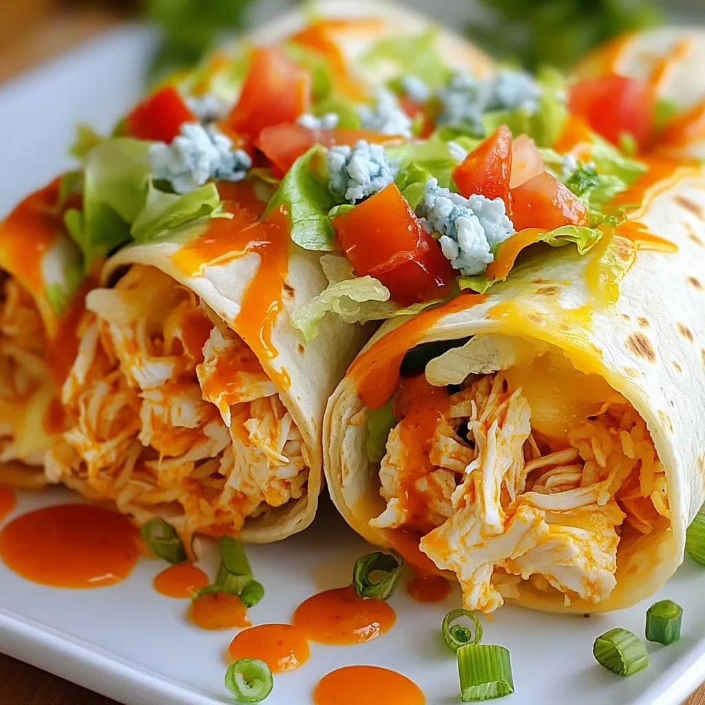 - 2 cups cooked shredded chicken - ½ cup buffalo sauce - 4 large flour tortillas - 1 cup cooked rice (white or brown) - 1 cup shredded cheddar cheese - ½ cup blue cheese crumbles - 1 cup shredded lettuce - ½ cup diced tomatoes - ¼ cup thinly sliced green onions Buffalo chicken burritos are a fun meal with bold flavors. The main ingredients start with cooked shredded chicken. This gives the burrito a tender base. Next, we add buffalo sauce. It brings a spicy kick that makes each bite exciting. Flour tortillas wrap everything up nicely, keeping the fillings secure. For the additional fillings, I recommend cooked rice. It adds a nice texture and helps balance the heat. You can choose either white or brown rice based on your preference. Next, we layer on shredded cheddar cheese. It melts beautifully and adds richness. Blue cheese crumbles are optional but they add a tangy taste that pairs well with the buffalo sauce. Toppings bring a fresh crunch. Shredded lettuce is a must for that crispiness. Diced tomatoes add juiciness and color to your burrito. Finally, thinly sliced green onions give a nice bite and a pop of flavor. By mixing these ingredients, you create a delicious and colorful meal. Each component works together to make your buffalo chicken burritos a hit! {{ingredient_image_2}} First, grab a big bowl. Add the cooked shredded chicken and buffalo sauce. Stir well. You want the chicken to be fully coated. This step gives each bite a kick of flavor. Make sure every piece gets that zesty buffalo sauce. Next, take another bowl for the rice. Add your cooked rice and sprinkle in some salt and black pepper. Mix it well. This will help balance the flavors in your burrito. You don’t want bland rice, so take your time here. Now, it’s time to build your burritos! Lay a flour tortilla flat on a clean surface. Spoon about half a cup of the buffalo chicken mixture in the center. Then, add about a quarter cup of seasoned rice on top. Layer your toppings next: sprinkle on shredded cheddar cheese, add blue cheese crumbles, and then pile on the lettuce, diced tomatoes, and green onions. To wrap it up, fold the sides of the tortilla over the filling. Then, roll it tightly from the bottom. This keeps all the tasty ingredients inside. For cooking, heat a non-stick skillet over medium heat. Add a little olive oil to the pan. When the oil is hot, place your burritos seam-side down in the skillet. Cook for about two to three minutes on each side. You want them to turn a nice golden brown. This gives your burritos a slight crispiness that makes them even better. Once they are done, let them rest for a minute before cutting. This helps all the flavors meld together. To make your burrito perfect, start with a large tortilla. Lay it flat on a clean surface. Spoon the filling in the center, leaving room on the sides. Fold the sides in and roll it tightly from the bottom. This keeps all the tasty filling inside. If you fill it too much, the burrito may spill. Keep the ingredients balanced for the best wrap. You can cook burritos in a skillet or oven. Skillet cooking gives a nice crisp. Heat oil in the skillet, then cook on medium heat. Flip them to get both sides golden brown. If you prefer oven cooking, wrap the burritos in foil. Bake them at 350°F until heated through. This method keeps them soft and warm. Other methods include grilling or using an air fryer. Grilling adds a smoky flavor. An air fryer makes them crispy with less oil. Choose what fits your taste best. To boost flavor, try adding spices like garlic powder or paprika. These enhance the buffalo sauce and chicken mix. Consider adding herbs like cilantro for freshness. Mixing in some ranch seasoning can also add a creamy touch. You can play with the buffalo sauce too. Try mixing it with honey for a sweet twist. Experiment with different hot sauces for heat levels. Adding cream cheese can make it richer. Enjoy exploring these flavor options! Pro Tips Use Leftover Chicken: If you have leftover rotisserie chicken, it works perfectly for this recipe, saving time and enhancing flavor. Customize Your Heat: Adjust the amount of buffalo sauce according to your spice preference. Start with less if you’re unsure! Seal the Burrito Well: Ensure you fold the sides of the tortilla in tightly before rolling to prevent the filling from spilling out during cooking. Serve with Dips: Complement your burritos with ranch or blue cheese dressing for dipping to elevate the flavor experience. {{image_4}} You can switch up the chicken in your burritos. Grilled chicken works great. Just season it with salt and pepper before grilling. This adds a nice smoky taste. If you want a vegetarian version, use tofu. Cut the tofu into cubes and marinate it in buffalo sauce. This gives it flavor and spice. Cook the tofu until it's golden brown. Then, use it just like chicken in your burritos. You can also change the rice in your burritos. Quinoa is a healthy option. It’s packed with protein and has a nice texture. Cauliflower rice is another good choice. It’s low in carbs and adds a fresh taste. You can even use flavored rice. Try garlic or cilantro lime rice for something unique. This adds extra flavor to your meal. Toppings make your burrito exciting. You can add creamy avocado or tangy sour cream. These give a nice contrast to the spicy chicken. Different cheeses can also change the taste. Try pepper jack for extra heat or mozzarella for a milder option. Experiment with what you like best! To store your leftover burritos, wrap each one tightly in plastic wrap. This helps keep them fresh. Place wrapped burritos in an airtight container or a resealable bag. You can store them in the fridge for up to three days. This method keeps the flavors strong and the tortillas soft. If you want to save burritos for later, freezing is a great option. First, wrap each burrito in plastic wrap. Then, place them in a freezer-safe bag. Be sure to remove as much air as possible. You can freeze them for up to three months. When you’re ready to eat, thaw the burritos in the fridge overnight. To reheat, you can use a microwave or an oven. For the microwave, heat for 2-3 minutes. If using an oven, preheat to 350°F (175°C) and bake for about 20 minutes. This keeps the burritos warm and delicious. To keep your ingredients fresh, store them properly. Use airtight containers for items like shredded cheese and veggies. Avoid stacking heavy items on top of your burritos. This can squish them and change their shape. When storing, avoid placing hot burritos directly in the fridge. Let them cool first to prevent condensation. This keeps the tortillas from getting soggy. Following these tips helps your buffalo chicken burritos stay tasty and appealing. To make buffalo chicken burritos from scratch, follow these steps: 1. Combine Chicken and Sauce: In a bowl, mix 2 cups of cooked shredded chicken with ½ cup of buffalo sauce. Stir until the chicken is well-coated. 2. Prepare the Rice: In another bowl, season 1 cup of cooked rice with salt and pepper. This adds flavor to the rice. 3. Assemble the Burrito: Lay a large flour tortilla flat. Spoon ½ cup of the buffalo chicken mix in the center. Add ¼ cup of seasoned rice on top. 4. Add Toppings: Sprinkle with 1 cup of shredded cheddar cheese, ½ cup of blue cheese crumbles, and 1 cup of shredded lettuce. Top with ½ cup of diced tomatoes and ¼ cup of sliced green onions. 5. Wrap the Burrito: Fold in the sides of the tortilla, then roll it tightly from the bottom. 6. Cook the Burritos: Heat a non-stick skillet over medium heat with 1 tablespoon of olive oil. Place burritos seam-side down in the skillet. Cook for 2-3 minutes on each side until golden brown. 7. Rest and Serve: Remove the burritos and let them rest for a minute. This helps the flavors blend. Yes, you can make buffalo chicken burritos ahead of time. Here are some tips: - Meal Prep: Prepare the buffalo chicken mix, rice, and toppings in advance. Store each component in separate containers in the fridge. - Assemble Later: When ready to eat, assemble the burritos and cook them fresh. This keeps them crispy and tasty. - Storage Tips: If you have leftovers, wrap burritos tightly in plastic wrap or foil. They can last in the fridge for up to 3 days. Buffalo chicken burritos go well with many sides. Here are some great options: - Fresh Salad: A crunchy salad with lettuce, tomatoes, and cucumbers complements the burritos. - Chips and Dip: Serve with tortilla chips and salsa or guacamole for a fun crunch. - Veggies: Carrot and celery sticks with ranch or blue cheese dressing make a tasty side. - Corn on the Cob: Grilled or boiled corn adds a sweet touch to your meal. Buffalo chicken burritos are a tasty and fun meal. We covered key ingredients like chicken, buffalo sauce, and tortillas. I shared easy steps to prepare, assemble, and cook your burritos. We also explored tasty variations and tips to keep them fresh. You can mix it up with different fillings and toppings. These burritos are great for any meal. Enjoy trying new combinations and make this dish your own!