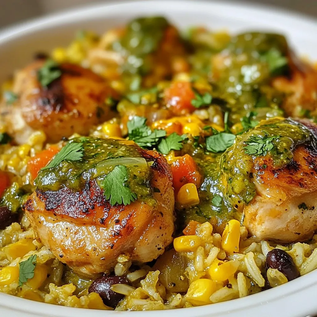 - 1 lb boneless, skinless chicken thighs - 1 cup uncooked long-grain rice - 1 cup salsa verde - 2 cups chicken broth - 1 medium onion - 2 cloves garlic - 1 bell pepper - 1 cup black beans (optional) - 1 cup corn - 1 cup shredded cheddar cheese - Ground cumin - Smoked paprika - Salt and pepper - Fresh cilantro I love this recipe for Salsa Verde Chicken and Rice Skillet. It brings together simple, fresh ingredients. You only need a few main items. The chicken thighs add flavor and tenderness. The long-grain rice soaks up all the tasty juices. Salsa verde gives a zesty kick. Chicken broth enhances the dish with its rich taste. For the veggies, I often use a medium onion and two cloves of garlic. They add depth to the dish. A bell pepper brings color and crunch. You can also add black beans and corn for extra texture. They make the meal heartier. Seasoning is key. Ground cumin and smoked paprika create a warm flavor. Don't forget salt and pepper to taste. Fresh cilantro adds a bright finish. It’s perfect for garnishing the dish. This meal is not just tasty, but also easy to make. You can get creative with the ingredients. The combinations are endless! {{ingredient_image_2}} - Heat 1 tablespoon of olive oil in a large skillet over medium heat. - Add the diced onion and sauté for 3-4 minutes until it turns translucent. - Season the chicken pieces with salt, pepper, ground cumin, and smoked paprika. - Add the chicken to the skillet and brown it on all sides for about 6-8 minutes. - Once the chicken is cooked, stir in 1 cup of uncooked rice with the chicken and veggies. - Pour in 1 cup of salsa verde and 2 cups of chicken broth, then bring to a gentle simmer. - Cover the skillet and cook for about 20 minutes until the rice is tender. - During the last 5 minutes, stir in 1 cup of black beans and 1 cup of corn. - Remove from heat and sprinkle 1 cup of shredded cheddar cheese on top. Let it sit for 2-3 minutes to melt. - Fluff the rice gently with a fork and garnish with fresh cilantro before serving. Cooking over medium heat is key to this dish. It helps cook the chicken evenly. If the heat is too high, the chicken can burn. You want a nice golden color. This ensures the chicken stays moist inside. Stir often to avoid sticking. This method gives the best flavor and texture. Want to boost the taste? Add a squeeze of lime juice. This adds a bright, fresh kick. You can also try adding more spices, like chili powder. For the best flavor, use homemade salsa verde. It’s easy to make and tastes great. Fresh ingredients will enhance your dish even more. Pair this skillet meal with simple sides. Try a fresh salad or tortilla chips. Cold drinks like iced tea go well too. For extra flavor, top with sliced avocado or jalapeños. You can also add a dollop of sour cream. These toppings make the meal even more delightful! Pro Tips Use Fresh Ingredients: Fresh herbs and vegetables can elevate your salsa verde chicken and rice skillet. Opt for fresh cilantro and ripe bell peppers for a vibrant flavor. Customize the Heat: Adjust the spiciness of your dish by choosing mild or hot salsa verde. You can also add fresh jalapeños or red pepper flakes for an extra kick. One-Pan Wonder: This recipe is designed to be made in one skillet, making cleanup a breeze. Ensure your skillet has a tight-fitting lid to trap steam and moisture. Meal Prep Friendly: This dish can be made in advance and stored in the fridge for up to 3 days, making it perfect for meal prep. Reheat gently on the stove or in the microwave. {{image_4}} You can switch up the protein in this dish. Using chicken breast instead of thighs is an option. Chicken breast has less fat, making it leaner. It will still soak up the flavors well. If you want a vegetarian dish, try using tofu or chickpeas. Tofu will soak in the salsa verde nicely. Chickpeas add a hearty texture and protein. For rice, you have some great choices. Brown rice offers more fiber and a nutty taste. Quinoa is another option and is high in protein. If you want to keep carbs low, use cauliflower rice. It cooks quickly and blends well with the flavors. To change the flavor profile, try adding jalapeños for heat. They will give the dish a spicy kick. You can also add different vegetables like zucchini or spinach. These add color and nutrition. Mixing in veggies makes the meal even more delightful. To keep your Salsa Verde Chicken and Rice Skillet fresh, store leftovers in airtight containers. This helps maintain flavor and texture. It lasts in the fridge for about 3 to 4 days. Make sure to cool it down before sealing. Label your containers with the date. This way, you know when to eat them. If you want to save some for later, you can freeze leftovers. Use freezer-safe containers or bags. Be sure to leave space for expansion. The dish can last in the freezer for up to 3 months. For best results, cool it completely before freezing. When you’re ready to eat, thaw it in the fridge overnight. You can reheat your dish on the stovetop or in the microwave. For stovetop reheating, add a splash of water or broth, and warm it over low heat. Stir often to keep it even. In the microwave, cover the container and heat for 2-3 minutes, stirring halfway through. This helps keep the texture and flavor intact. Yes, you can make this dish ahead of time. Cook it fully and let it cool. Store it in an airtight container in the fridge for up to three days. Reheat it on the stove or in the microwave. Just add a splash of broth if it seems dry. You can swap salsa verde with other sauces. Try green enchilada sauce or tomatillo salsa. If you want a different flavor, use regular salsa or even a homemade blend of green tomatoes and herbs. To add heat, mix in jalapeños or diced serrano peppers. You can also use spicy salsa verde or add chili powder. Adjust the amount to match your taste. Adding a dash of hot sauce right before serving can also enhance the spice. Absolutely! If you prefer a dairy-free dish, simply leave out the cheese. The meal will still taste great without it. You can add avocado or guacamole for creaminess instead. Yes, this recipe is gluten-free if you choose gluten-free broth. Most rice is also gluten-free. Always check labels on any packaged items, like salsa or beans, to ensure they meet your dietary needs. This recipe for Salsa Verde Chicken and Rice Skillet combines easy steps with flavorful ingredients. You learned about main and additional ingredients, cooking techniques, and tips to enhance taste. I shared variations for proteins and rice options to suit your needs. As you try this dish, remember you can adjust it to fit your taste. Enjoy making it and sharing it with friends!