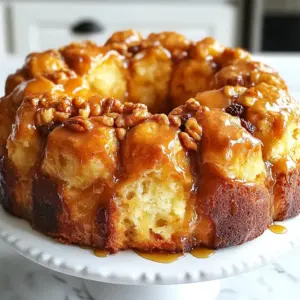 - 3 cans refrigerated biscuit dough - 1 cup granulated sugar - 2 teaspoons ground cinnamon - 1/2 cup unsalted butter, melted - 1/2 cup brown sugar, packed - 1/2 cup chopped nuts (walnuts or pecans) - 1/2 cup raisins or chocolate chips - Bundt pan - Mixing bowls - Measuring cups and spoons The main ingredients for this monkey bread are simple and easy to find. You need three cans of refrigerated biscuit dough. This dough makes the bread soft and fluffy. The mix of granulated and brown sugar adds sweetness. Ground cinnamon gives it that warm, cozy flavor. You can add some fun with optional ingredients. Chopped nuts like walnuts or pecans give a nice crunch. Raisins or chocolate chips add extra sweetness. You can choose the mix that you like best. For tools, a bundt pan is key. It shapes the monkey bread and helps it cook evenly. Mixing bowls, measuring cups, and spoons are also needed for prep. Make sure to have everything ready before you start. This will make the cooking process smooth and easy. {{ingredient_image_2}} - Preheat your oven to 350&deg;F (175&deg;C). - Grease a bundt pan with cooking spray or soft butter. - In a bowl, mix 1 cup of sugar with 2 teaspoons of ground cinnamon. - Open the cans of refrigerated biscuit dough. - Cut each biscuit into four equal pieces. - Toss these biscuit pieces in the cinnamon-sugar mix until coated. - Layer half of the coated biscuit pieces in the bundt pan. - Drizzle half of the melted butter and brown sugar mixture over them. - Add the remaining biscuit pieces on top. - Pour the rest of the butter and brown sugar mixture evenly over all. - Place the bundt pan in the preheated oven. - Bake for 30-35 minutes until golden brown. - Check doneness by inserting a toothpick into the center. - Let it cool for 5-10 minutes before inverting onto a plate. To get your monkey bread out of the bundt pan, you need to grease it well. Use cooking spray or soften butter. Be generous with it. Coat every inch of the pan to avoid sticking. I always make sure to get into the crevices. It makes a huge difference when you flip the pan. Handling sticky biscuit dough can be a bit tricky. If the dough sticks to your hands, try wetting them slightly. This simple trick helps keep the dough from clinging too much. You can also dust your workspace with a little flour. The oven temperature is key for baking. Preheat your oven to 350&deg;F (175&deg;C) before putting the pan inside. This helps the bread cook evenly. If the temperature is too low, your monkey bread may not rise well. Check for doneness using a toothpick. Insert it in the center of the bread. If it comes out clean, your monkey bread is done. If not, give it a few more minutes and check again. This method ensures you avoid undercooked dough. Dust the top of your monkey bread with powdered sugar for an elegant touch. This adds a sweet finish and looks great for serving. For an extra treat, serve it with warm caramel sauce. It pairs well with the cinnamon-sugar flavor. Guests can dip their pieces, making it a fun and tasty experience. Pro Tips Perfectly Coated Biscuits: Ensure each biscuit piece is fully coated in the cinnamon-sugar mixture for maximum flavor. Toss them gently but thoroughly to cover every surface. Butter Temperature Matters: Use freshly melted butter for the best results. If the butter is too cool, it won't blend well with the brown sugar, affecting the caramelization. Baking Time Variations: Oven temperatures can vary, so check your monkey bread a few minutes early. Look for a golden-brown top and a toothpick should come out clean. Serving Suggestions: For an extra touch, serve your monkey bread with a side of warm caramel sauce or a sprinkle of powdered sugar for added sweetness and presentation. {{image_4}} You can make your monkey bread even tastier. Adding spices like nutmeg or allspice can give it a warm twist. These spices add depth and a hint of holiday cheer. You can also use flavored biscuit dough. Try cinnamon rolls or apple-flavored dough for a fun change. These small tweaks can change the whole taste. Get creative with your fillings! You can add toppings like fruit or chocolate spreads. Thinly sliced apples or berries can brighten the flavors. Chocolate hazelnut spread gives a sweet touch. You can also think about seasonal variations. Pumpkin spice in the fall or apple cinnamon in the winter can make it special for any occasion. If you want a healthier version, consider using whole wheat or gluten-free biscuit dough. These options can add fiber and cater to dietary needs. You can also reduce sugar content. Try using natural sweeteners like honey or maple syrup instead of granulated sugar. This keeps the flavor sweet while being a bit healthier. To keep your monkey bread fresh, store any leftovers in an airtight container. Cover the bread with plastic wrap or foil. Place it in the refrigerator, and it will stay good for about three days. This method helps keep the bread moist and tasty. For long-term storage, freezing works well. First, let the monkey bread cool completely. Then, wrap it tightly in plastic wrap and place it in a freezer-safe bag. It can last up to three months in the freezer. When you're ready to eat it, thaw the bread in the fridge overnight. Reheat it in the oven at 350&deg;F (175&deg;C) for about 15-20 minutes. This helps restore its soft texture and warm flavor. Monkey bread can last about three days in the fridge. If frozen, it can last for three months. Look for signs of spoilage, like an off smell, mold, or dryness. If any of these appear, it's best to discard the bread. Enjoy your monkey bread fresh for the best taste! Monkey bread is a sweet, pull-apart bread. It comes from the United States and is often served warm. The name "monkey bread" comes from how people pull pieces apart with their fingers. You use refrigerated biscuit dough for this recipe, which makes it easy to prepare. The dough gets coated in a mix of sugar and cinnamon, then baked in a bundt pan until golden brown. Yes, you can prepare monkey bread ahead of time. To do this, follow the steps up to layering the biscuit pieces in the bundt pan. Cover the pan with plastic wrap and store it in the fridge. Bake it the next day, adding a few extra minutes to the cooking time. This way, you can enjoy fresh monkey bread without any last-minute fuss. To check if the monkey bread is done, look for a golden-brown top. Insert a toothpick into the center of the bread. If it comes out clean, the monkey bread is ready. If you see dough on the toothpick, bake it for a few more minutes. The bread should also feel firm and spring back when pressed lightly. You can use homemade biscuit dough for monkey bread. Just make sure it is a soft, fluffy dough. If you want to try a different flavor, you can add herbs or spices to the dough. This allows you to create a unique twist on the classic recipe. In this post, we explored how to make delicious monkey bread. We covered ingredients, from biscuit dough to optional add-ins. You learned how to prepare, layer, and bake the bread for a tasty treat. With helpful tips, I showed you how to ensure perfect baking and easy removal. Now, you can enjoy monkey bread with fun variations or healthier options. Remember, this dish brings comfort and joy, so get creative!