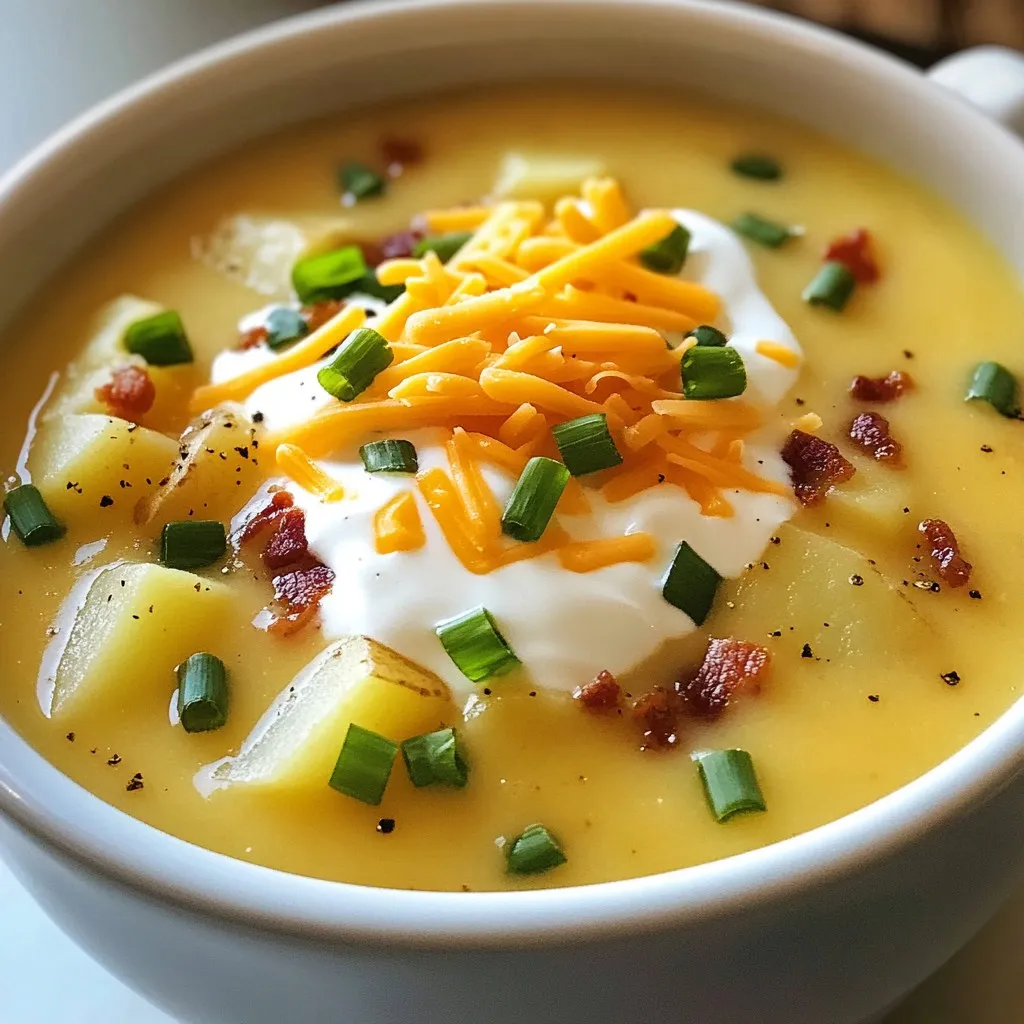 To make this loaded creamy potato soup, you will need: - 6 medium-sized russet potatoes, peeled and cut into 1-inch cubes - 1 large onion, finely chopped - 3 cloves garlic, minced - 4 cups vegetable broth (low-sodium recommended) - 1 cup heavy cream - 1 cup shredded sharp cheddar cheese (plus extra for garnish) - 1/2 cup sour cream (for creaminess) - 1/2 cup cooked turkey bacon, crumbled (or crispy chickpeas for a vegetarian option) - 2 green onions, finely chopped (for garnish) - Salt and pepper, to taste - 2 tablespoons olive oil - 1 tablespoon fresh thyme leaves (or 1 teaspoon dried thyme) The right spices add depth to your soup. Use salt and pepper to taste. Fresh thyme gives a nice herbal note. I love using fresh thyme, but dried works too. The simple olive oil helps to sauté the onions and garlic, enhancing their flavors. Toppings make the soup special. You can use: - Extra shredded sharp cheddar cheese - Chopped green onions - A dollop of sour cream - Crumbled turkey bacon or crispy chickpeas for crunch These toppings add flavor and texture. They also make your soup look impressive. Enjoy customizing it to your taste! {{ingredient_image_2}} Start by heating 2 tablespoons of olive oil in a large pot over medium heat. Add 1 chopped onion and 3 minced garlic cloves. Sauté for about 5 minutes, stirring often. The onion should turn soft and clear. This mix gives the soup a rich flavor base. Next, add 6 peeled and cubed russet potatoes to the pot. Pour in 4 cups of low-sodium vegetable broth. Raise the heat to bring the soup to a boil, then lower it to a gentle simmer. Cover the pot and let it cook for 15-20 minutes. The potatoes should be tender enough to pierce with a fork. Once the potatoes are soft, use a potato masher to partially mash them in the pot. For a creamier texture, blend the soup with an immersion blender until smooth. Stir in 1 cup of heavy cream, 1/2 cup of sour cream, and 1 cup of shredded sharp cheddar cheese. Mix until the cheese melts. Add in 1/2 cup of crumbled turkey bacon (or crispy chickpeas) and 1 tablespoon of fresh thyme. Season with salt and pepper to taste. Heat for another 5 minutes, stirring occasionally. Serve hot with chopped green onions and extra cheese on top. Seasoning makes a big difference in soup. Start with salt and pepper. I add fresh thyme for a lovely taste. You can also use garlic powder or onion powder for more depth. A little smoked paprika brings warmth too. Taste as you go, and adjust to your liking. For creamy soup, you want smoothness without losing some potato chunks. After cooking, I use a potato masher to mash some potatoes. This gives the soup a nice body. If you want it super creamy, use an immersion blender. Blend until smooth but keep some texture for a hearty feel. How you serve your soup matters! I love to use deep bowls for a cozy look. Add a swirl of sour cream on top for beauty. A sprinkle of extra cheese adds richness. Finish with green onions for color and crunch. This makes the dish look as good as it tastes! Pro Tips Use Fresh Ingredients: Always opt for fresh potatoes and herbs for the best flavor and texture in your soup. Adjust the Creaminess: For a lighter version, substitute half of the heavy cream with additional vegetable broth or use a plant-based cream alternative. Experiment with Toppings: Try adding different toppings like crispy onions, fresh herbs, or even a drizzle of truffle oil for an upscale twist. Make it Ahead: This soup can be made in advance and stored in the refrigerator for up to three days, making it a great meal prep option. {{image_4}} You can easily make this soup vegetarian by using chickpeas. Chickpeas add a great texture and protein. To use them, simply replace the turkey bacon with one cup of crispy chickpeas. You can roast the chickpeas in olive oil and spices until crunchy. They will add a nice crunch to the soup. Cheese can change the taste of your soup. If you want a different flavor, try other cheeses. Gouda adds a smoky touch, while pepper jack gives a spicy kick. For a milder taste, use mozzarella. Each cheese brings a unique twist to the classic recipe. Feel free to add more veggies to boost nutrition. Carrots, celery, or spinach work well in this soup. Chop them finely and add them when you sauté the onion and garlic. This keeps the veggies tender yet crunchy. You can also add kale for a healthy boost. Each veggie adds color and flavor to your hearty dish. To keep your loaded creamy potato soup fresh, let it cool first. Once cool, transfer it to an airtight container. Store it in the fridge for up to three days. Make sure to label the container with the date. This way, you know when to use it. When you’re ready to enjoy your soup again, heat it gently. Pour the soup into a pot over medium heat. Stir often to prevent sticking. You can add a splash of broth or cream if it thickens too much. Heat until it's hot throughout, then serve. If you want to save some for later, freezing is a great option. Pour the cooled soup into freezer-safe containers. Leave some space at the top for expansion. It can last up to three months in the freezer. When you want to eat it, thaw it overnight in the fridge. Reheat it on the stove, just like before. Yes, you can make this soup ahead of time. Cook the soup and let it cool. Store it in an airtight container in the fridge for up to three days. When ready to eat, reheat it on the stove until warm. This soup tastes even better the next day! If you need a substitute for heavy cream, use half-and-half or whole milk mixed with a little butter. You can also try coconut cream for a dairy-free option. This keeps the soup creamy but changes the taste a bit. To make the soup gluten-free, ensure your vegetable broth is gluten-free. Use fresh or dried herbs without gluten. All the main ingredients in this soup are naturally gluten-free, so you’re off to a good start! Absolutely! You can add cooked chicken, sausage, or ham for extra flavor. If you want a vegetarian option, use crispy chickpeas or tofu. These options add different textures and tastes to the soup. In this blog post, we explored how to make a delicious Loaded Creamy Potato Soup. We covered the key ingredients, step-by-step cooking methods, and tips to enhance flavor and texture. You learned about variations like vegetarian options and how to store leftovers properly. In closing, this soup is easy to make and perfect for any meal. Enjoy experimenting with flavors and toppings to make it your own. A warm bowl can brighten any day!