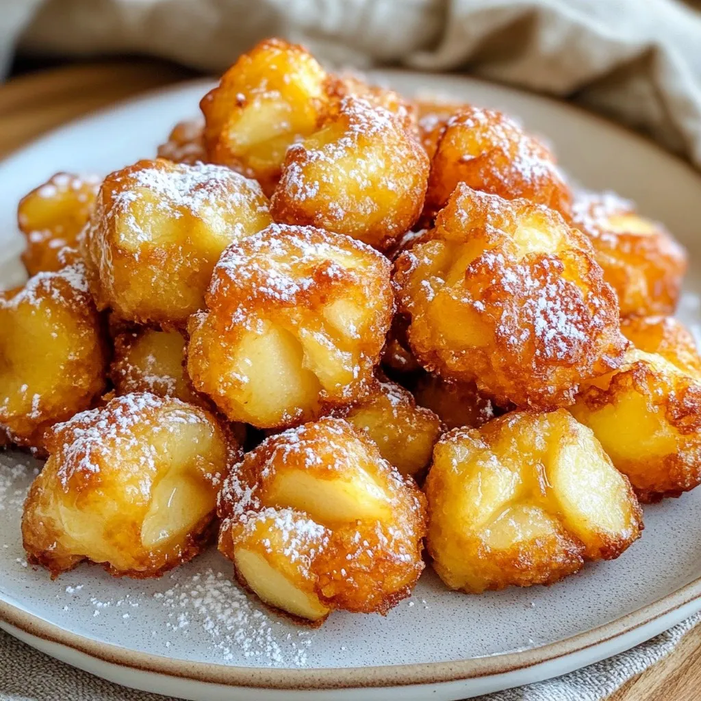 To make these tasty fritters, you will need: - 2 medium apples, peeled and diced into small cubes - 1 cup all-purpose flour - 1/4 cup granulated sugar - 1 teaspoon baking powder - 1/2 teaspoon ground cinnamon - 1/4 teaspoon ground nutmeg - 1/4 teaspoon salt - 1/2 cup milk (whole or 2%) - 1 large egg, beaten - 1 teaspoon vanilla extract - 1 tablespoon unsalted butter, melted - Cooking spray for greasing - Optional: For the glaze - 1 cup powdered sugar mixed with 2 tablespoons milk You can swap some ingredients if needed: - If you want to avoid gluten, use gluten-free flour instead of all-purpose flour. - For a dairy-free option, use almond milk or oat milk in place of regular milk. - If you are out of eggs, a flax egg (1 tablespoon ground flaxseed mixed with 2.5 tablespoons water) works well. - Instead of vanilla extract, you can use almond extract for a different flavor. To make this recipe gluten-free, use gluten-free all-purpose flour. Ensure that all other ingredients are also gluten-free. Always check labels to avoid hidden gluten in processed foods. You can still enjoy delicious fritters without gluten! {{ingredient_image_2}} Start by peeling and dicing 2 medium apples into small cubes. In a large bowl, mix the diced apples with 1 cup of all-purpose flour, 1/4 cup of granulated sugar, 1 teaspoon of baking powder, 1/2 teaspoon of ground cinnamon, 1/4 teaspoon of ground nutmeg, and 1/4 teaspoon of salt. Stir gently. This helps coat the apples and blend the dry ingredients well. In a medium bowl, whisk together 1/2 cup of milk, 1 large beaten egg, 1 teaspoon of vanilla extract, and 1 tablespoon of melted unsalted butter. Mix until smooth. Now, pour this wet mixture into the dry apple mixture. Stir lightly until just combined. It’s okay if some lumps remain. Overmixing can make the fritters tough. Preheat your air fryer to 350°F (175°C) for about 5 minutes. Lightly spray the air fryer basket with cooking spray. Use a tablespoon to scoop the fritter batter and drop dollops into the basket. Leave some space between each fritter. Air fry for 10-12 minutes, flipping them halfway through. Look for a golden brown color. If you like glaze, mix 1 cup of powdered sugar with 2 tablespoons of milk until smooth. Drizzle the glaze over warm fritters right after they come out. Enjoy your tasty treat! To make your fritters just right, follow a few key steps. First, ensure your apples are diced small. This helps them cook evenly. Mix the dry ingredients well, coating the apples nice and even. When you add the wet mix, stir gently. Overmixing makes the fritters tough. It's okay to have some lumps. One common mistake is using too much batter. Make sure to scoop out small dollops. Leave space between each fritter in the air fryer. This helps them expand and cook through. Also, don't skip preheating the air fryer. It ensures the fritters start cooking right away, giving them a nice golden brown color. For even cooking, flip the fritters halfway through. This helps both sides get that crisp texture. If your air fryer has a basket, shake it gently during cooking. This lets hot air circulate better. Finally, always check for doneness. A toothpick should come out clean when they are ready. Pro Tips Fresh Apples Matter: Choose firm, fresh apples for the best flavor and texture. Varieties like Granny Smith or Honeycrisp work wonderfully. Don’t Overmix: When combining wet and dry ingredients, mix gently. Overmixing can lead to tough fritters, so it's okay if there are a few lumps. Perfect Air Frying: Ensure your air fryer is preheated for even cooking. This helps achieve a golden-brown color and a crispy exterior. Glaze While Warm: Drizzle the glaze on the fritters while they are still warm. This allows the glaze to soak in slightly, enhancing the sweetness. {{image_4}} You can change your apple fritters with seasonal flavors. For fall, try adding pumpkin spice. Use 1 teaspoon of pumpkin spice instead of cinnamon and nutmeg. This gives your fritters a warm, cozy taste. It feels just like autumn in every bite. Want to mix it up? Add extra ingredients! Chopped nuts like walnuts or pecans give a nice crunch. You can also add raisins for sweetness. If you love chocolate, try mini chocolate chips. Just mix in 1/2 cup of your choice with the batter. These additions make your fritters even more fun and tasty. You can easily make these fritters gluten-free. Simply swap the all-purpose flour for a gluten-free blend. Check the label to ensure it works for baking. For a vegan version, use almond milk or oat milk instead of regular milk. Replace the egg with 1/4 cup of applesauce or a flax egg. This way, you can enjoy delicious fritters no matter your diet. To keep leftover fritters fresh, let them cool first. Place them in an airtight container. Store them in the fridge for up to three days. If you want to keep them longer, freezing is a great option. When you want to enjoy your fritters again, take them out of the fridge. Preheat your air fryer to 350°F (175°C). Place the fritters in the basket for about 5 minutes. This will make them warm and crispy again. You can also use a microwave, but they may not be as crispy. To freeze fritters, first make sure they are cool. Lay them flat on a baking sheet and freeze for about two hours. Once frozen, transfer them to a zip-top bag or container. Label the bag with the date. They can stay in the freezer for up to three months. When you're ready to eat, follow the reheating instructions above. Yes, you can use different types of apples for fritters. I like using Granny Smith apples for their tartness. Their crisp texture adds a nice bite. Honeycrisp or Fuji apples also work well. They give a sweet flavor that complements the spices in the fritters. Just make sure to peel and dice them into small cubes. This uniform size helps them cook evenly. Making the glaze is simple and quick. You need just two ingredients: powdered sugar and milk. Start with 1 cup of powdered sugar. Add 2 tablespoons of milk. Mix them together in a small bowl until smooth. If you want a thicker glaze, add more sugar. For a thinner glaze, add a little more milk. Drizzle this over warm fritters for a sweet finish. To make sure your fritters are cooked through, follow a few simple steps. First, set your air fryer to 350°F (175°C) and preheat it for about 5 minutes. This helps cook the fritters evenly. Next, air fry them for 10-12 minutes. Flip them halfway through to ensure even cooking. Check for a golden-brown color on the outside. You can also insert a toothpick into the center. If it comes out clean, the fritters are done! You now have all the tools to make delicious air fryer apple fritters. We covered ingredients, substitutes, and dietary options. I shared the steps to prepare and air fry them perfectly. Remember the tips to avoid mistakes and ensure even cooking. You can explore fun variations and learn how to store extras for later. With this knowledge, you're ready to impress your friends and family. Enjoy making these treats!