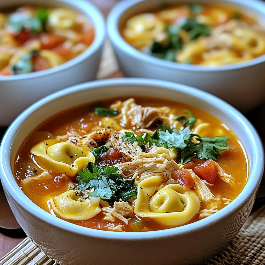 - 1 tablespoon olive oil - 1 medium onion, diced - 2 cloves garlic, minced - 2 medium carrots, diced - 2 stalks celery, diced - 6 cups chicken broth - 2 cups cooked chicken, shredded - 1 package (9 ounces) fresh cheese tortellini - 1 can (14.5 ounces) diced tomatoes with green chilies - 1 teaspoon dried oregano - 1 teaspoon dried basil - Salt and pepper to taste - 2 cups baby spinach - Fresh cilantro for garnish - Crusty bread for serving - Additional herbs or spices This soup is rich and filling. The olive oil starts the flavor, adding depth as you sauté the onion, garlic, carrots, and celery. The chicken broth brings warmth and richness, while the shredded chicken makes it hearty. The fresh cheese tortellini gives a delightful texture. Diced tomatoes with green chilies add a gentle kick. For a pop of color, add baby spinach at the end. It wilts quickly and keeps its bright green hue. Garnish with fresh cilantro for an extra layer of flavor. Consider serving with crusty bread to scoop up the delicious soup. You can even sprinkle more herbs for extra flair. Each ingredient plays a role in making this soup a comforting meal. {{ingredient_image_2}} - Heat 1 tablespoon of olive oil in a large pot over medium heat. - Add 1 medium diced onion and sauté for about 3-4 minutes. The onion should turn soft and slightly golden. - Next, add 2 minced garlic cloves, 2 diced carrots, and 2 diced celery stalks. Stir well and cook for 5 minutes. This helps all the veggies soften nicely. - Carefully pour in 6 cups of chicken broth and increase the heat. Bring the mixture to a gentle boil. - Once boiling, stir in 2 cups of shredded cooked chicken, 1 package of fresh cheese tortellini, and 1 can of diced tomatoes with green chilies. Add 1 teaspoon of dried oregano and 1 teaspoon of dried basil, then season with salt and pepper to taste. - Lower the heat and let the soup simmer for 5-7 minutes. Stir occasionally until the tortellini is fully cooked and tender. - Gently fold in 2 cups of baby spinach, allowing it to wilt for 1-2 minutes. This keeps the spinach bright and fresh. - Taste the soup and adjust the seasoning if needed. Add more salt or pepper if you like. - Serve the soup hot, garnished with fresh cilantro on top for a lovely touch. To sauté vegetables well, use medium heat. Start with the onion and cook it for 3-4 minutes. This helps it turn soft and golden. Next, add garlic, carrots, and celery. Stir often for about 5 minutes. This way, all the veggies become tender and flavorful. To avoid mushy tortellini, cook them just right. Add them to the soup when it simmers. Keep an eye on the time. They usually need just 5-7 minutes. This keeps them firm and tasty. To boost flavor, use spices and herbs. Dried oregano and basil work great in this soup. They add warmth and depth. You can also sprinkle in a pinch of red pepper flakes for some heat. Balancing seasoning is key. Start with a little salt and pepper. Taste often and adjust as you go. This way, the flavors blend well, and each bite is perfect. For a lovely presentation, serve the soup in deep, wide bowls. This makes it look inviting. Top each bowl with fresh cilantro and a sprinkle of black pepper. It not only adds color but also enhances the taste. Choose bowls that are bright or colorful. This adds a fun touch to your meal. It’s all about making the dish look as good as it tastes! Pro Tips Use Fresh Ingredients: For the best flavor, opt for fresh vegetables and herbs. This will enhance the overall taste and aroma of your soup. Customize Your Protein: Feel free to substitute the cooked chicken with shredded rotisserie chicken or even turkey for a different twist. Adjust the Spice Level: If you prefer a spicier soup, consider adding jalapeños or a dash of hot sauce to elevate the heat. Make It a Meal: Pair the soup with crusty bread or a side salad to turn it into a complete meal for a cozy dinner. {{image_4}} You can change up the soup by adding different vegetables. Try bell peppers for a sweet crunch or corn for a touch of sweetness. These veggies add color and flavor, making the soup even better. For protein, consider using turkey or tofu. Turkey gives a leaner option, while tofu is great for a plant-based meal. Each change keeps the soup fresh and exciting. You can also switch the broth. Using vegetable broth makes this soup vegetarian-friendly. It still packs a lot of flavor without the meat. Want a creamier soup? Add a splash of cream for a richer texture. This makes each spoonful feel cozy and comforting. When it comes to tortellini, you have choices. Try different pasta shapes like shells or bow ties if you can't find tortellini. Both will still soak up the tasty broth. If you need a gluten-free option, look for gluten-free tortellini. You can even make your own! Homemade tortellini can be fun and lets you choose your fillings. Each variation offers a unique twist to this classic dish. To keep your chicken tortellini soup fresh, store it in a sealed container. Make sure it cools first before sealing. Place it in the fridge. It will stay good for 3 to 4 days. If you want to enjoy it later, freezing is a great option. To freeze chicken tortellini soup, let it cool completely. Then, pour the soup into freezer-safe bags. Remove as much air as you can. This helps prevent freezer burn. The soup can be frozen for up to 3 months. When you're ready to eat, thaw it in the fridge overnight. For the best flavor, reheat your soup slowly. The stovetop is a great choice. Pour the soup into a pot and heat over low. Stir often until it is hot. If using a microwave, heat in short bursts. Stir in between to keep it even. Be careful not to overheat, as this can change the taste and texture. Can I make this soup ahead of time? Yes, you can make Chicken Tortellini Soup ahead of time. Just store it in the fridge. It tastes even better the next day. When you reheat it, make sure to warm it on low heat. This helps keep the flavors intact. What can I substitute for chicken? If you want to replace chicken, try using cooked turkey or shredded rotisserie chicken. You can also use beans or tofu for a vegetarian option. These choices keep the soup hearty and delicious. Is Chicken Tortellini Soup gluten-free? This soup is not gluten-free due to the tortellini. However, you can find gluten-free tortellini at many stores. Just swap the regular tortellini for the gluten-free version. This way, you can enjoy the soup without any gluten. Can I make this recipe dairy-free? Yes, you can make this soup dairy-free. Use dairy-free tortellini and skip any cheese. You can also add coconut milk for a creamy texture. This keeps the soup rich and tasty without dairy. How long does it take to cook tortellini? Fresh tortellini cooks quickly. It usually takes about 5-7 minutes in boiling soup. You’ll know it’s ready when it floats to the top and is tender. What is the best way to know when the soup is done? The soup is done when the tortellini is soft and the spinach is wilted. Make sure to taste it for seasoning before serving. Adjust with salt and pepper to make it just right. This blog post covered all you need to know for a tasty chicken tortellini soup. We looked at the key ingredients and the steps to prepare it. Plus, I shared tips to enhance flavor and presentation. You can even try variations to make it your own. Lastly, I explained how to store and reheat leftovers. You now have everything to make a soup that warms the heart. Enjoy creating and sharing this comforting dish!