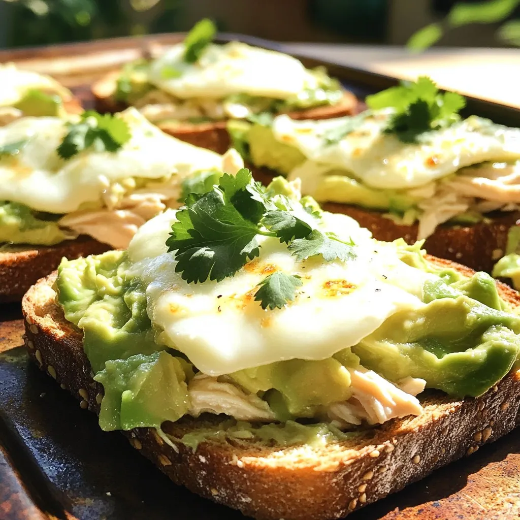 - 2 boneless, skinless chicken breasts - 1 ripe avocado, well-mashed - 1 cup shredded mozzarella cheese - 1 tablespoon extra virgin olive oil - 1 teaspoon garlic powder - 1 teaspoon onion powder - Salt and black pepper, to taste - 4 slices of whole grain bread - 2 tablespoons mayonnaise - 1 teaspoon freshly squeezed lemon juice - Fresh cilantro or parsley, chopped (for garnish, optional) To make a tasty Chicken Avocado Melt, gather these simple ingredients. The boneless chicken breasts provide lean protein. A ripe avocado adds creaminess and healthy fats. Shredded mozzarella cheese brings delightful melty goodness. I use extra virgin olive oil for cooking. It adds flavor and keeps the chicken moist. Garlic and onion powders enhance the taste. Salt and pepper are key to making everything pop. Whole grain bread is my choice for a hearty base. Mayonnaise adds creaminess to the avocado spread. Fresh lemon juice keeps the avocado bright and fresh. Lastly, cilantro or parsley gives a nice touch at the end. With these ingredients, you're ready to create a delicious meal. Each one plays a vital role in making this dish flavorful and satisfying. - Preheat your oven to 375°F (190°C). This helps cook the melts evenly. - Season the chicken breasts on both sides. Use garlic powder, onion powder, salt, and pepper. This adds great flavor. - Heat one tablespoon of olive oil in a skillet over medium heat. Wait until the oil shimmers. - Carefully add the chicken breasts to the skillet. Cook for about 6-7 minutes on each side. Check for no pink inside. - Once cooked, take the chicken out. Let it rest on a cutting board for a few minutes. This keeps the juices inside. - In a small bowl, mash one ripe avocado. - Add two tablespoons of mayonnaise and one teaspoon of lemon juice. - Mix until smooth. Taste and add salt and pepper if needed. - Toast four slices of whole grain bread until golden and crispy. You can use a toaster or a skillet. - Spread a generous layer of avocado mix on each slice of bread. - Top with shredded chicken and a handful of shredded mozzarella cheese. - Place the melts on a baking sheet. Put them in the preheated oven. - Bake for about 10-12 minutes. Watch for the cheese to melt and bubble. You want a light golden color. - Once done, remove the baking sheet from the oven. Let the melts cool slightly before slicing them in half. How to ensure juicy chicken To get juicy chicken, season it well before cooking. Use garlic powder, onion powder, salt, and pepper. Cook the chicken on medium heat in olive oil. This will keep it moist. Flip it after 6-7 minutes. The chicken is done when it is no longer pink inside. Importance of resting the chicken Let the chicken rest for a few minutes after cooking. This step helps the juices stay in the meat. If you skip this, the chicken can dry out. Resting makes a big difference in flavor and texture. Best mayonnaise alternatives If you want to switch things up, try Greek yogurt or sour cream instead of mayonnaise. These add creaminess and a bit of tang. You can also use vegan mayo if you prefer a plant-based option. Flavor tweaks to the avocado spread To make the avocado spread even tastier, add lime juice or chopped herbs. Fresh cilantro or parsley can brighten the flavor. A pinch of chili powder adds a fun kick too. Mix and taste until it’s just right. Techniques for perfectly toasted bread For crispy bread, toast slices until golden brown. You can use a toaster or a skillet. If using a skillet, add a little olive oil for extra flavor. Make sure to watch it closely, so it doesn’t burn. Using different types of bread Whole grain bread works great, but feel free to experiment. Sourdough, ciabatta, or even a bagel can be fun. Each type brings a different texture and taste to your Chicken Avocado Melt. {{image_4}} You can switch up the chicken in this recipe. Turkey works great as a leaner option. If you want a vegetarian dish, try replacing chicken with chickpeas or black beans. Both add protein and flavor. Cheese also offers many choices. Instead of mozzarella, use cheddar for a sharper taste. Gouda gives a rich, creamy texture. Feta can add a salty twist too. This melt is tasty on its own. But you can pair it with a fresh salad for a full meal. A side of roasted veggies also makes a colorful plate. Want to try something different? Turn your melt into a wrap! Use a large tortilla to hold all those delicious flavors. Add some greens for crunch. Spice things up! Sprinkle some chili powder or paprika for heat. Fresh herbs, like basil or dill, can brighten the flavors. You can also add other veggies. Sliced tomatoes or spinach are great choices. They add color and nutrition to your meal. Don’t be afraid to get creative! To keep your chicken avocado melts fresh, you should store them in an airtight container. This helps to lock in the flavors and moisture. If you have any leftover melts, let them cool first. After they cool down, place them in the container. You can keep them in the fridge for up to three days. If you want to save them longer, consider freezing them. Just wrap each melt tightly in plastic wrap, then place them in a freezer bag. This method prevents freezer burn and keeps them tasty. When it comes to reheating your melts, the oven is your best friend. Preheat your oven to 350°F (175°C). Place the melts on a baking sheet and heat them for about 10 minutes. This method helps the bread stay crispy. If you use the microwave, the bread might get soggy. To avoid this, place a paper towel under the melt to absorb some moisture. Remember, reheating in the oven will keep your chicken avocado melts tasting great! It takes about 12-14 minutes to cook chicken breasts. Cook them for 6-7 minutes on each side. Make sure there is no pink inside the chicken. Use a meat thermometer to check. The inside should reach 165°F (75°C). This ensures the chicken is safe to eat and juicy. Yes, you can use many types of bread. Whole grain bread is nutritious. You can also try sourdough, ciabatta, or even a bagel. Each type will give a different taste and texture. Just make sure the bread can hold the toppings well. Shredded mozzarella cheese is my top choice. It melts beautifully and has a mild flavor. Other good options are cheddar and provolone. Both also melt well and add rich taste. You can mix different cheeses for extra flavor too. To keep the avocado spread fresh, add lemon juice. The acid slows browning. Store it in an airtight container. Press plastic wrap directly onto the surface of the spread. This helps keep air out and keeps it green. Use it within 1-2 days for the best taste. This blog covered a delicious chicken melt recipe, from the right ingredients to cooking tips. You learned how to season and cook chicken, make a tasty avocado spread, and assemble the melts. Plus, I shared ways to modify the recipe and store leftovers. Cooking these melts is fun and offers tasty variations. Enjoy making this dish your own. With a few simple steps, you can create a meal that impresses. Dive into making these melts, and savor the results!